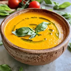 To make a great creamy tomato basil soup, you need these main items: - 2 tablespoons extra virgin olive oil - 1 medium onion, finely chopped - 3 cloves garlic, minced - 2 (14-ounce) cans whole tomatoes, including their juices - 1 cup vegetable broth - 1 cup heavy cream or coconut cream (for a vegan option) - Salt and freshly cracked black pepper, to taste - 1 cup fresh basil leaves These ingredients create a rich and tasty base. The tomatoes give the soup its bright color and sweetness. The onion and garlic add depth. Olive oil brings out the flavors when you cook them together. Cream adds a rich texture, making the soup smooth. You can try adding these optional items for even more flavor: - 1 tablespoon granulated sugar (to balance acidity) - 1 teaspoon balsamic vinegar Sugar helps balance the tanginess of tomatoes. Balsamic vinegar adds a sweet and tart note. You can adjust these to suit your taste. Here’s a quick look at the nutrition of some key ingredients: - Tomatoes: High in vitamins C and K, and full of antioxidants. - Onions: Good for heart health and packed with vitamins. - Basil: Contains vitamins A, C, and K, with anti-inflammatory properties. - Olive oil: Rich in healthy fats and good for the heart. - Cream: Adds calories but provides calcium and helps with absorption of fat-soluble vitamins. These ingredients not only taste great but also offer health benefits. Enjoy the flavors and the nutrition in every bowl. For the full recipe, check out the details above. Start by heating 2 tablespoons of extra virgin olive oil in a large pot over medium heat. Once hot, add 1 medium onion, finely chopped. Sauté the onion for about 5 minutes until it turns soft and clear. Next, add 3 cloves of minced garlic and cook for 1 more minute. Stir often so the garlic does not burn. Now, carefully add 2 cans of whole tomatoes with their juices and 1 cup of vegetable broth. Bring this mixture to a gentle simmer. Let it cook uncovered for about 15 minutes. This helps blend all the flavors nicely. After simmering, take the pot off the heat. Blend the soup until smooth using an immersion blender. If you don’t have one, pour the soup in batches into a regular blender. Once smooth, return it to the pot. Put the pot back on low heat. Stir in 1 cup of heavy cream or coconut cream, mixing well. If you like a touch of sweetness, add 1 tablespoon of granulated sugar. Season with salt and freshly cracked black pepper to taste. Finally, toss in 1 cup of fresh basil leaves and let the soup simmer for another 5 minutes. This lets the basil flavor shine through. Don’t forget to add 1 teaspoon of balsamic vinegar for that extra depth. Using an immersion blender is easy and safe. It lets you blend right in the pot. This means less mess and fewer dishes to wash. To use it properly, keep the blender head fully submerged in the soup. Turn it on, and move it around slowly. This ensures all parts get blended evenly. If you have large chunks, blend a bit longer. To get the best creamy texture, use heavy cream or coconut cream. These options add richness. Stir the cream in slowly while on low heat. This helps it mix well without curdling. If you want a lighter soup, add a bit more vegetable broth. This keeps it creamy yet not too thick. Always taste and adjust the seasoning to make it just right. For a little twist, you can add a splash of lemon juice or more basil. This balances the creaminess and adds a fresh kick. Enjoy your flavorful soup! Check out the Full Recipe for more details. When I look for fresh ingredients, I focus on color and smell. Choose tomatoes that are red and firm. They should feel heavy for their size. Great basil leaves are bright green and fragrant. Avoid leaves that are wilted or brown. For onions, pick ones that feel solid and have dry, papery skins. Fresh garlic should be firm, with no sprouts. One mistake many make is not sautéing the onions and garlic. This step builds flavor. If you skip it, your soup may taste flat. Another common error is adding salt too early. It can draw out moisture and make veggies soggy. Lastly, don’t rush the blending. A smooth texture is key for a creamy soup. Take your time to blend well. You can adjust the flavor by adding more herbs. Fresh basil enhances the taste. If the soup is too acidic, stir in a bit of sugar. This balances the flavors nicely. To change the consistency, add more cream or broth. If you want it thicker, simmer longer to reduce liquid. Taste as you go to find your perfect balance. For the full recipe, check out the Creamy Tomato Basil Bliss section! {{image_4}} To make a vegan version of creamy tomato basil soup, swap the heavy cream for coconut cream. This rich, creamy alternative keeps the soup smooth and tasty. You can also add a splash of almond milk for extra creaminess. The flavor stays delicious, and you won't miss the dairy. You can easily add protein to your soup. Chickpeas or lentils work well and boost nutrition. If you want to add veggies, try carrots or spinach. Just chop them small and cook them with the onions. They will blend nicely into the soup. You can sneak in extra nutrients without changing the classic taste. Serve your soup with crusty bread or grilled cheese for a cozy meal. A fresh salad can also pair nicely. For a fun twist, top the soup with crispy croutons or a drizzle of olive oil. You can even add a sprinkle of fresh basil leaves for a pop of color. Enjoying this soup with your favorite sides makes it feel special. After enjoying your creamy tomato basil soup, store leftovers in an airtight container. Let the soup cool to room temperature first. Then, seal the container tightly. This keeps the soup fresh and prevents spills. You can keep it in the fridge for up to three days. Just make sure to label the container with the date. For longer storage, freezing is a great option. Pour the cooled soup into freezer-safe bags or containers. Leave some space at the top for expansion. This helps avoid spills as it freezes. You can freeze the soup for up to three months. When you’re ready to enjoy it again, simply thaw it in the fridge overnight. To reheat, gently warm the soup on the stove over low heat. Stir often to avoid burning. If the soup looks too thick, add a splash of broth or water. You can also reheat it in the microwave. Use a microwave-safe bowl and cover it with a lid. Heat in short bursts, stirring in between. This keeps the soup creamy and tasty. For the best results, always taste and adjust the seasoning before serving. The best way to blend the soup is to use an immersion blender. This tool blends the soup right in the pot. It makes the process quick and easy. If you don't have one, a regular blender works too. Just be careful when transferring hot soup. Blend in small batches for safety. Yes, you can use fresh tomatoes instead of canned. Just make sure to peel and chop them first. You will need about 2 pounds of fresh tomatoes. Cooking them down may take a bit longer. You may also need to add a little more broth to reach the right consistency. To make the soup spicy, add red pepper flakes or chopped jalapeños. Start with a small amount. You can always add more if you like more heat. Mixing in a little hot sauce also works well. Just remember, balance is key. Adjust the spice level to match your taste. For the full recipe, check out the Creamy Tomato Basil Bliss above! We explored making a creamy tomato basil soup. We discussed key ingredients and their nutrition. You learned step-by-step cooking instructions and helpful tips for blending. We shared ways to avoid common mistakes and suggestions for flavor adjustments. I also included variations to suit different diets and storage methods for leftovers. In summary, this soup is easy to make and full of flavor. Enjoy experimenting with your own twists. Happy cooking!