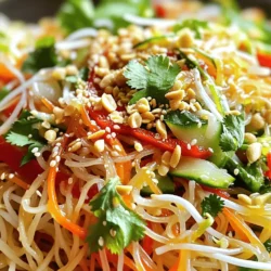 To create a Spicy Thai Noodle Salad, you need fresh, vibrant ingredients. This dish is all about balance. You want a mix of textures and flavors. The sweetness of the carrots and bell pepper combines with the crunch of cucumber and bean sprouts. The dressing gives it a spicy kick. You’ll enjoy every bite. Here are the key ingredients for this salad: - 8 oz rice noodles - 1 cup shredded carrots - 1 red bell pepper, sliced into thin julienne strips - 1 cucumber, thinly sliced into rounds - 1 cup fresh bean sprouts - 1/4 cup fresh cilantro, roughly chopped - 1/4 cup green onions, thinly sliced - 1/4 cup crushed peanuts (for garnish) - 1/4 cup sesame oil For the dressing, you will need: - 3 tablespoons soy sauce - 2 tablespoons freshly squeezed lime juice - 1 tablespoon brown sugar - 1 tablespoon fish sauce (optional for deeper umami flavor) - 1 teaspoon chili paste or sriracha (adjust according to your heat preference) You can customize this salad with these optional ingredients: - Sliced avocado for creaminess - Grated radish for extra crunch - Shredded cabbage for added color - Cooked shrimp or chicken for protein - Fresh mint for a refreshing twist Feel free to mix and match based on what you like! The Full Recipe offers a solid base to build upon. To start, bring a large pot of water to a rolling boil. Add the rice noodles and cook them as per the package instructions, usually about 4 to 6 minutes. You want them al dente, meaning they should still have a slight bite. After cooking, drain the noodles and rinse them under cold water. This stops the cooking process and helps cool them down. In a medium bowl, mix soy sauce, lime juice, brown sugar, fish sauce, and chili paste or sriracha. Whisk these ingredients until the sugar dissolves completely. Taste the dressing and adjust the heat level based on your preference. This dressing brings the salad to life with its balance of flavors. In a large mixing bowl, add your cooked and cooled rice noodles. Then, include shredded carrots, julienned red bell pepper, thin cucumber slices, fresh bean sprouts, chopped cilantro, and sliced green onions. Gently stir to mix everything without breaking the noodles. This step is key to keeping the salad fresh and vibrant. Drizzle the prepared dressing over the salad mixture. Use tongs or salad utensils to toss everything together. Make sure the noodles and vegetables are well-coated with the dressing. This helps each bite pack a flavor punch. Pour sesame oil over the salad and give it another gentle toss. Let the salad marinate for about 10 to 15 minutes at room temperature. This allows the flavors to meld beautifully. Serve the salad in bowls or on a large platter. Top with crushed peanuts for an extra crunch and flavor boost. Enjoy your colorful and tasty Spicy Thai Noodle Salad! For the complete recipe, check the Full Recipe section. To cook rice noodles well, start with a large pot of water. Bring the water to a boil. Add the rice noodles and cook them for 4 to 6 minutes. Stir gently to keep them from sticking. When they are al dente, drain and rinse under cold water. This stops the cooking and helps keep the noodles firm. To control spice levels, taste as you go. Start with one teaspoon of chili paste or sriracha. Mix it into your dressing and taste. If you want more heat, add more a little at a time. This way, you can find the perfect spice level for your taste. You can boost the flavor with a few easy tricks. Adding fresh lime juice brightens the dish. Try adding a bit of garlic or ginger for extra kick. For a crunch, include toasted sesame seeds or extra crushed peanuts. Mix and match these ideas to create a salad that sings with flavor. Feel free to check the Full Recipe for all the steps and measurements! {{image_4}} You can easily make this salad vegetarian or vegan. Just skip the fish sauce in the dressing. Use soy sauce instead. This keeps the flavor full and rich. For a vegan twist, add more veggies like bell peppers or mushrooms. They add texture and taste. You can also use maple syrup instead of brown sugar for sweetness. Want to boost protein? Try adding cooked chicken, tofu, or shrimp. Chicken gives a great flavor and pairs well with the other ingredients. Tofu is a fantastic choice for a plant-based option. Just cube it and toss it in. Shrimp adds a nice seafood twist. Cook it until it turns pink and toss it in the salad. Each option brings a unique taste. Feel free to swap out the veggies. Use what you like or have on hand. Try snap peas, radishes, or even kale for a tasty crunch. You can substitute the rice noodles with zucchini noodles for a low-carb option. This keeps the dish light and fresh. Each swap creates a new flavor profile while keeping the essence of the Spicy Thai Noodle Salad intact. To keep your spicy Thai noodle salad fresh, store it in the fridge. Place it in an airtight container. This keeps moisture in and prevents the salad from drying out. The salad lasts up to three days. However, the noodles may soften over time. If you want to enjoy your salad warm, you can reheat the noodles. Use a microwave or a pan on low heat. If using a microwave, heat in short bursts. Stir in between to avoid hot spots. For the pan method, add a splash of water to create steam. This helps the noodles stay moist. Choose glass or BPA-free plastic containers. Glass is great for keeping flavors fresh. Look for containers with tight lids. This helps prevent spills and keeps the salad crisp. Make sure the container is large enough for the salad. You don’t want to squish it in. Enjoy the fresh flavors again later! For the full recipe, check out the detailed guide above. Yes, you can make this salad ahead of time. Prepare the salad and dressing separately. Store them in airtight containers. Keep the noodles, veggies, and dressing apart until you're ready to serve. This keeps everything fresh and crunchy. You can mix them together 30 minutes before you eat. The flavors will blend nicely, making it even tastier. If you lack some ingredients, don’t worry! Here are some easy swaps: - Rice noodles can be replaced with soba or udon noodles. - If you can't find fish sauce, use soy sauce or coconut aminos for flavor. - Any crunchy vegetable can work; try bell peppers or even radishes. - For peanuts, use cashews or sunflower seeds if allergies are a concern. These substitutes let you customize your salad to your taste. To make this salad gluten-free, use gluten-free rice noodles. Check your soy sauce label and choose a gluten-free version, like tamari. This way, you enjoy the same great flavors without gluten. Make sure all your other ingredients are also gluten-free, like the chili paste. Enjoy your delicious salad without worry! For the full recipe, check out the complete guide above. This blog post gave you all the steps to make a tasty Spicy Thai Noodle Salad. We covered essential ingredients, cooking methods, and helpful tips. You now know how to adjust the spice and add protein. You even learned how to store leftovers safely. With these details, you can create a dish that suits your taste. Enjoy experimenting with flavors and sharing this fresh salad with friends and family. You'll impress everyone with your skills.