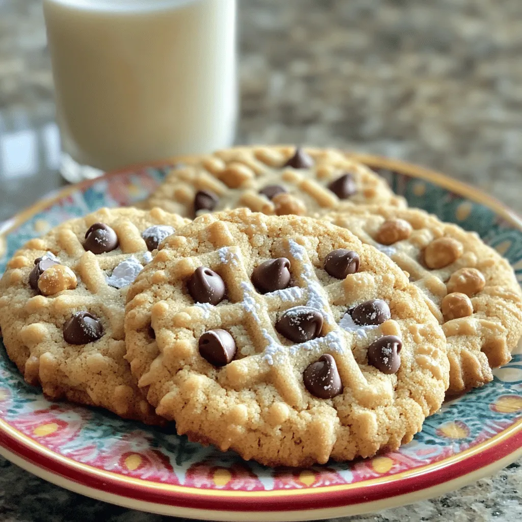 To make these tasty treats, gather these simple ingredients: - 1 cup creamy peanut butter - 1/2 cup granulated sugar - 1/2 cup packed brown sugar - 1 large egg - 1 teaspoon pure vanilla extract - 1/2 teaspoon baking soda - 1/4 teaspoon fine salt - 1 cup semi-sweet chocolate chips - 1/2 cup chopped roasted peanuts (optional, for added texture) You can swap ingredients based on your needs. Here are some ideas: - Use crunchy peanut butter for extra texture. - Replace granulated sugar with coconut sugar for a healthier option. - Egg can be replaced with a flax egg (1 tablespoon flaxseed meal + 2.5 tablespoons water) for vegan cookies. - Choose dairy-free chocolate chips if desired. Peanut butter is the star of this recipe. It is rich in protein and healthy fats. Here are some great benefits: - Protein: Peanut butter helps build and repair muscles. - Healthy Fats: It provides energy and aids in heart health. - Vitamins: Peanut butter contains vitamins E and B6, which support your immune system. Using quality ingredients makes a big difference. For more fun recipes, check out the Full Recipe. To make these cookies, start by gathering your ingredients. You need creamy peanut butter, granulated sugar, brown sugar, an egg, vanilla extract, baking soda, salt, chocolate chips, and optional chopped peanuts. Preheat your oven to 350°F (175°C). Line a baking sheet with parchment paper to keep cookies from sticking. In a large bowl, mix the peanut butter with the sugars. Stir well until smooth. Next, crack the egg into the bowl and add the vanilla extract. Blend everything until the mixture is creamy and even. Now, sprinkle the baking soda and salt over the mix. Stir gently until they are fully mixed in. Carefully fold in the chocolate chips and optional peanuts. Make sure they are evenly spread in the dough. Using a tablespoon, scoop rounded balls of dough onto the baking sheet, spacing them about 2 inches apart. This space helps them bake evenly. Once your cookie balls are on the baking sheet, use a fork to flatten them slightly. Create a criss-cross pattern on top. This step adds a nice look and helps them bake evenly. Place the baking sheet in the oven and bake for 10-12 minutes. Watch closely as they bake. You want the edges to turn golden brown while the centers stay soft. This gives you that perfect chewy cookie. After baking, take the cookies out and let them sit on the baking sheet for about 5 minutes. This cooling time helps them set. For the best cookie texture, use room temperature ingredients. This helps them blend better. Don’t overmix the dough; mix just until combined. Overmixing can make your cookies tough. For extra chewiness, slightly underbake them so they stay soft in the middle. If you want a bit of crunch, add chopped roasted peanuts. They give great texture and a nutty flavor. Store baked cookies in an airtight container to keep them fresh. Remember, these cookies are best enjoyed warm, so don't hesitate to share and enjoy them fresh out of the oven! Check out the Full Recipe for more details. When you bake, precision is key. Here are some tips to help you succeed: - Measure Ingredients Accurately: Use measuring cups and spoons for best results. - Room Temperature Ingredients: Let your egg and peanut butter sit out. This helps the mix combine better. - Preheat the Oven: Always preheat your oven before baking. It ensures even cooking. Baking can be tricky, so watch for these common errors: - Overmixing the Dough: Mix just until combined. Overmixing can make cookies tough. - Skipping the Parchment Paper: This helps prevent sticking. Always line your baking sheet. - Not Spacing Cookies Properly: Leave space between cookie balls. They spread when baking. You can make your cookies even better with these ideas: - Use Quality Chocolate Chips: Choose semi-sweet or dark chocolate for rich flavor. - Add Roasted Peanuts: Chopped peanuts give a nice crunch. They add great texture. - Try Different Extracts: Swap vanilla for almond or maple extract. It adds unique flavors. These tips will help you make perfect peanut butter chocolate chip cookies every time. For the full recipe, check out the [Full Recipe]. {{image_4}} If you or someone you know has a nut allergy, don’t worry! You can still enjoy cookies. Substitute peanut butter with sunbutter (sunflower seed butter). This swap gives a similar creamy texture and taste without nuts. You can also use soy nut butter; it works well too. Both options are safe and delicious. To make these cookies vegan, you can swap the egg for a flax egg. Just mix one tablespoon of ground flaxseed with three tablespoons of water. Let it sit for about five minutes until it thickens. Use maple syrup instead of granulated sugar for a natural sweetness. These changes keep the cookies soft and tasty, just like the original. Want to make your cookies even more fun? Try adding dried fruits like cranberries or raisins for a fruity twist. You can also mix in spices like cinnamon or nutmeg for warmth. If you love crunch, throw in some toasted coconut flakes or extra chocolate chips. These add-ins will create unique flavors and textures, making your cookies stand out! For the full recipe, check out the link above. Enjoy baking! To keep your peanut butter chocolate chip cookies fresh, store them in an airtight container. This method locks in moisture and keeps cookies soft. You can layer parchment paper between cookies to prevent sticking. If you live in a warm area, consider placing the container in a cool spot. This will help maintain their tasty texture and flavor. Freezing cookies is a great way to keep them for a longer time. Start by cooling the cookies completely after baking. Then, place them in a single layer on a baking sheet. Freeze them for about an hour until firm. After that, transfer the cookies to a freezer-safe bag. Be sure to remove as much air as possible to prevent freezer burn. They can last up to three months in the freezer. When you're ready to enjoy them, let them thaw at room temperature, or warm them in the oven for a few minutes. These cookies can last up to one week when stored properly at room temperature. If you want to reheat them, use a microwave or oven. For the microwave, heat for about 10-15 seconds. In the oven, warm them at 350°F for 5 minutes. This helps restore their soft texture and makes the chocolate chips melty once again. For even more ideas, you can check the Full Recipe for additional tips! To make your cookies chewy, use less flour. You can also add a touch more brown sugar. Brown sugar has more moisture than white sugar, which gives the cookies a soft texture. Bake them for a shorter time, just until the edges are set. The centers should look a bit underbaked. This helps them stay soft and chewy after they cool. Yes, you can use natural peanut butter. However, it may change the texture a bit. Natural peanut butter has oil separation, so stir it well before using. You might need to adjust the sugar since natural peanut butter can taste less sweet. If it feels too dry, add a little more sugar or a splash of milk. Peanut butter cookies date back to the 1890s. The first known recipe was in a cookbook by George Washington Carver. The chocolate chip cookie came later, invented by Ruth Wakefield in the 1930s. Combining the two happened as home bakers experimented with flavors. Today, they are a favorite treat for many. You can find my take on this classic in the Full Recipe. In this blog post, we covered how to make delicious peanut butter chocolate chip cookies. We shared key ingredients and helpful tips for baking. You learned about substitutions and variations, including nut-free and vegan options. I also included storage methods to keep your cookies fresh. Baking these cookies can be fun and rewarding. Try different add-ins to make the recipe your own. Happy baking!