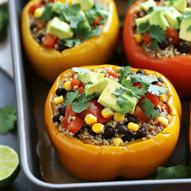 - 4 large bell peppers (any color) - 1 cup quinoa, rinsed and drained - 2 cups vegetable broth - 1 can (15 oz) black beans, drained and rinsed - 1 cup corn kernels (fresh or frozen) - 1 medium onion, finely diced - 2 cloves garlic, minced - 1 teaspoon ground cumin - 1 teaspoon smoked paprika - 1 teaspoon chili powder - Salt and freshly ground black pepper to taste - Juice of one lime - Diced avocado and fresh cilantro or parsley for garnishing I love using bright bell peppers for this dish. They add color and crunch. Quinoa is my go-to grain here. It cooks up fluffy and adds protein. Black beans bring a rich taste and boost nutrition. Fresh corn makes it sweet and fun. Using onion and garlic adds depth to the filling. Ground cumin gives it warmth, while smoked paprika and chili powder add a nice kick. I always season with salt and pepper to balance the flavors. A splash of lime juice at the end brightens it all. For garnishing, I like to use creamy avocado and fresh herbs. They make the dish pop visually and add freshness. You can find the full recipe for all these tasty ingredients in the Vibrant Vegan Stuffed Bell Peppers section. Enjoy your cooking! First, preheat your oven to 375°F (190°C). Next, cut the tops off the bell peppers. Be careful to remove the seeds and membranes inside. Lightly brush the outside of each pepper with olive oil. Place them upright in a baking dish to get ready for stuffing. In a medium saucepan, add 1 cup of rinsed quinoa and 2 cups of vegetable broth. Bring this mixture to a gentle boil. When it boils, lower the heat and let it simmer uncovered for about 15 minutes. The quinoa will absorb all the liquid and become fluffy. Once done, remove it from the heat and set it aside. Heat a splash of olive oil in a large skillet over medium heat. Add 1 finely diced onion and sauté it for about 5-7 minutes until it becomes soft and translucent. Then, stir in 2 minced garlic cloves, 1 teaspoon of ground cumin, 1 teaspoon of smoked paprika, and 1 teaspoon of chili powder. Cook this mixture for about a minute until the spices smell nice. Next, add 1 can of drained black beans, 1 cup of corn, 1 cup of diced tomatoes, and the cooked quinoa. Season everything with salt and freshly ground black pepper. Mix it all well and let it cook for another 3-4 minutes. Now, carefully spoon the filling into each bell pepper. Press down gently to pack the mixture tightly. To help steam the peppers, pour about 1/4 cup of vegetable broth or water into the bottom of the baking dish. Cover the baking dish with aluminum foil and bake for about 25-30 minutes. After this time, remove the foil. Bake for an additional 10-15 minutes. This will allow the tops of the peppers to caramelize and develop a nice char. Once the peppers are tender and bright, take them out of the oven. Drizzle freshly squeezed lime juice over each stuffed pepper for an added zesty flavor. Then, garnish with diced avocado and fresh chopped cilantro or parsley before serving. For the full recipe, check the Vibrant Vegan Stuffed Bell Peppers section. To make your quinoa fluffy, rinse it well before cooking. Use two cups of vegetable broth for one cup of quinoa. This adds flavor and keeps it moist. When the quinoa is done, it should look light and fluffy. Check the bell peppers for tenderness as they bake. They should be soft but not mushy. A fork can help determine if they are just right. This ensures a great texture in every bite. Adjust the spice levels to suit your taste. If you like heat, add more chili powder or a pinch of cayenne. You can also mix in some smoked paprika for a deeper flavor. Experiment with herbs like thyme or oregano. Fresh herbs work well too. Adding these can elevate the dish and make it even more delicious. Pair your stuffed peppers with a fresh salad. A simple mix of greens, tomatoes, and a light vinaigrette works well. This adds crunch and freshness to your meal. Serve with a side of guacamole. The creaminess of the avocado complements the peppers nicely. It adds richness and a lovely contrast in texture. For the complete recipe, refer to the Full Recipe section. {{image_4}} You can switch grains or legumes in stuffed bell peppers. If you want a change, substitute quinoa with rice or couscous. Both options bring a different texture. Rice offers a chewy bite, while couscous gives a light fluff. You can also use lentils instead of black beans. Lentils add a soft feel and soak up flavors well. This change is great if you enjoy a heartier meal. Try red or green lentils for variety. Feel free to add more vegetables to the mix. Spinach or zucchini blends nicely with the other ingredients. Spinach cooks down and adds a great color. Zucchini gives a fresh crunch. Mushrooms are another option for extra flavor. They have a rich, earthy taste that complements the peppers. You can sauté them with onions for a savory base. For a cheesy touch without dairy, consider using vegan cheese. It melts well and adds a creamy texture. There are many types, so choose one you like best. You can also top the peppers with cashew cream sauce. This sauce is easy to make and adds a rich, smooth flavor. Blend soaked cashews with lemon juice and water for a fast fix. These variations keep your meal fun and exciting. You can mix and match to fit your taste and mood. To keep your vegan stuffed bell peppers fresh, refrigerate them in an airtight container. This helps to lock in flavor and moisture. They taste best when eaten within 3-4 days. After that, the peppers may lose their texture and flavor. If you want to save some for later, you can freeze uncooked stuffed peppers. Just wrap them well in plastic wrap and place them in a freezer bag. When you're ready to enjoy them, thaw the peppers overnight in the fridge. Then, bake them according to the instructions for an easy meal. To reheat your stuffed peppers, bake them in the oven at 350°F (175°C) for about 20-25 minutes. This will help maintain their flavor and texture. If you need a quicker option, you can use the microwave. Just heat them for 2-3 minutes on high, checking to ensure they're hot all the way through. Yes, you can prepare them a day in advance and bake before serving. This makes meal prep easy. Just store the stuffed peppers in the fridge. When ready to eat, bake them until warm. You can use rice, millet, or bulgur as alternatives. Each grain brings its own flavor. Experiment to find what you like best. They all work well in the stuffing. Yes, all ingredients are gluten-free, making this recipe suitable for gluten-sensitive individuals. This means everyone can enjoy these peppers. Add jalapeños or cayenne pepper to the filling for some heat. You can adjust the amount based on your taste. Start with a little, then add more if needed. Detailed nutritional info can be included based on specific ingredients used. This helps you know what you’re eating. Consider using a nutrition calculator for accuracy. For the complete recipe, including instructions and tips, refer to the Vibrant Vegan Stuffed Bell Peppers section. It will guide you step by step to create this delicious meal. These stuffed bell peppers combine fresh ingredients like quinoa, black beans, and spices. You can customize them to fit your taste preferences with various grains and vegetables. Don’t forget to add garnishes like lime juice and avocado for extra flavor. Experimenting with different ingredients can keep this dish interesting. Whether you enjoy a classic version or a twist, these peppers offer healthy meals. Store leftovers for convenience, or freeze them for later. I hope you feel inspired to try this easy and delicious recipe!