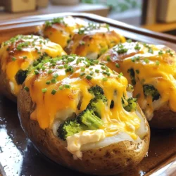 To make Broccoli Cheddar Stuffed Potatoes, you will need: - 4 large russet potatoes - 2 cups steamed broccoli florets - 1 cup sharp cheddar cheese, shredded - 1/2 cup cream cheese, softened - 1/4 cup Greek yogurt or sour cream - 2 tablespoons melted butter - 2 cloves garlic, minced - Salt and freshly cracked pepper to taste - 1/4 teaspoon paprika (optional) - 2 tablespoons fresh chives, finely chopped (for garnish) When choosing russet potatoes, look for large, firm ones. The skin should be smooth and free from blemishes. A good potato feels heavy for its size. Avoid potatoes with a green tint or sprouts. These can affect the flavor and texture. For broccoli, fresh is best, but frozen works in a pinch. Fresh broccoli gives a nice crunch and bright color. If using frozen, make sure to steam it and drain excess water. This helps keep the filling from getting soggy. You can find the full recipe in the earlier sections if you need detailed instructions. Enjoy making this comforting meal! To start, you need to wash the russet potatoes. Rinse them under cool water. Scrub each potato to remove dirt. This step is key for taste and health. After washing, poke several holes in each potato with a fork. This allows steam to escape while baking. If you skip this step, the potatoes might burst in the oven. Next, let's make the filling. In a large bowl, mix the steamed broccoli, shredded cheddar cheese, and softened cream cheese. Add Greek yogurt, melted butter, and minced garlic. Season with salt and pepper, and add paprika if you'd like. Mix everything until it is fully blended. The filling should be creamy but not too runny. You can adjust the consistency by adding more cheese or yogurt. Once the potatoes are baked, let them cool for a bit. Slice each potato in half lengthwise. Use a spoon to scoop out the potato flesh. Be gentle so you don’t break the skin. Leave a thin layer of potato to keep the shape. Mix the scooped-out flesh into the broccoli and cheese mixture. Stir until it is well combined. Now, take the filling and spoon it back into the potato skins. Mound the filling for a hearty look. Place the stuffed potatoes on a baking sheet and pop them back in the oven. Bake for another 15-20 minutes, until the filling is hot and the cheese melts. You can find the full process in the [Full Recipe]. When baking your potatoes, size matters. Larger russet potatoes take longer to cook. For big potatoes, plan for about 60 minutes. Smaller ones can be ready in about 45 minutes. To check if they are done, poke a fork in them. If the fork goes in easily, they are ready. You want them soft and tender. Want to take your stuffed potatoes to the next level? Try adding spices like garlic powder or onion powder. You can also sprinkle some chili flakes for heat. For a creamier filling, mix in an extra scoop of cream cheese or Greek yogurt. This makes the filling rich and smooth. Stuffed potatoes pair well with a fresh salad. A simple green salad with lemon dressing works great. You can also serve them with a side of steamed veggies for a balanced meal. To impress guests, arrange the stuffed potatoes on a platter. Drizzle some melted butter over the top or add a dollop of Greek yogurt for flair. This not only looks nice but adds extra flavor too. {{image_4}} You can switch out cream cheese for ricotta or cottage cheese. Greek yogurt can be replaced with sour cream or even a dairy-free yogurt. For a vegan version, use a plant-based cream cheese and skip the yogurt. You can also use cashew cream to get that rich taste without dairy. This way, you can still enjoy the creamy filling while keeping it plant-based. Want to add protein to your stuffed potatoes? You can mix in cooked chicken, crispy bacon, or even black beans. All three options give a nice boost in flavor and nutrition. Chicken pairs well with garlic and chives, while bacon adds a salty crunch that enhances the cheese taste. If you go with beans, try adding cumin for a tasty kick. Cheddar is classic, but feel free to explore! You can use mozzarella for a stretchy, gooey texture or pepper jack for some heat. Mixing cheeses is fun too! Combine sharp cheddar with creamy gouda or tangy feta for a unique twist. The cheese mix will take your stuffed potatoes to the next level, creating a flavor explosion. For more tips and the complete recipe, check out the [Full Recipe]. To keep your stuffed potatoes fresh, let them cool first. Once cool, wrap each potato in plastic wrap. Place them in an airtight container. This will help keep them soft and tasty. Store them in the fridge for up to three days. When reheating, use the oven to keep the skin crisp. Heat at 350°F for about 15-20 minutes. You can also use a microwave, but the potatoes may lose their texture. If you want to freeze your stuffed potatoes, let them cool completely. Wrap each one tightly in plastic wrap. Place them in a freezer-safe bag or container. This way, they can last up to three months in the freezer. To thaw, move them to the fridge overnight. For reheating, bake them at 350°F for about 30-40 minutes. Make sure they are heated all the way through. Enjoy the flavors just like fresh! For the full recipe, check out the Broccoli Cheddar Stuffed Potatoes preparation steps. Yes, you can make these stuffed potatoes ahead. To prepare in advance, follow these steps: - Bake the potatoes and let them cool. - Prepare the filling and store it separately. - Keep both in the fridge for up to two days. When ready to eat, assemble and bake. This way, you keep the flavor fresh and the texture great. These stuffed potatoes pair well with many sides. Here are some great options: - A simple green salad for freshness. - Roasted vegetables for a colorful plate. - Garlic bread for a hearty meal. - A light soup, like tomato or vegetable, for warmth. For drinks, try lemonade or iced tea. They balance the rich flavors nicely. Absolutely! The leftover filling is versatile. Here are some fun ideas: - Use it in a pasta bake for a creamy twist. - Spread it on toast for a quick snack. - Mix it into scrambled eggs for a tasty breakfast. - Stuff it in bell peppers and bake for a new dish. These ideas help you waste less and enjoy more! Broccoli Cheddar Stuffed Potatoes are easy to make and fun to enjoy. We covered all the steps, from choosing the best potatoes to the perfect filling. Remember, cooking is about getting it right for you. Adjust the recipe, use what you like, and impress your friends. Try new flavors and sides to keep it fresh. With storage tips, you can enjoy leftovers too. Have fun cooking!