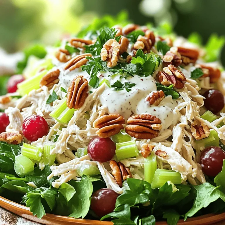 Let's dive into the key ingredients for making Pecan Chicken Salad. Each one brings a unique flavor and texture that makes this dish truly delightful. - 2 cups cooked chicken (shredded or diced) - 1 cup celery (finely chopped) - 1 cup red grapes (halved) - 1 cup pecans (roughly chopped) - 1/2 cup Greek yogurt (or mayonnaise) - 2 tablespoons Dijon mustard - 1 tablespoon honey - 1 tablespoon fresh lemon juice - Salt and black pepper (to taste) - Fresh parsley (for garnish) Using rotisserie chicken makes this recipe quick. The celery adds crunch, while grapes give a sweet burst. Pecan nuts offer a nice nutty texture. For the dressing, Greek yogurt creates creaminess, and Dijon mustard adds a tangy kick. Honey balances the flavors with a touch of sweetness, while lemon juice brightens the mix. Always taste and adjust salt and pepper for your preference. Want to see how these come together in a full recipe? Check out the Full Recipe for Pecan Chicken Salad Delight 🥗🥜. Each ingredient plays its part, ensuring every bite is fresh and flavorful! - First, combine 2 cups of cooked chicken, 1 cup of finely chopped celery, 1 cup of halved grapes, and 1 cup of roughly chopped pecans in a large bowl. - Next, in a small bowl, whisk together 1/2 cup of Greek yogurt, 2 tablespoons of Dijon mustard, 1 tablespoon of honey, and 1 tablespoon of fresh lemon juice. Add salt and black pepper to taste. - Gently fold the dressing into the chicken mixture. Be careful not to mash the grapes as you mix. - Taste the salad and adjust the seasoning, adding more salt or pepper if needed. - Cover the bowl with plastic wrap and refrigerate the salad for at least 30 minutes. - Chilling is important because it allows the flavors to meld together, making each bite more delightful. - Before serving, gently stir the salad to redistribute the dressing. - Garnish with freshly chopped parsley for a pop of color and flavor. This Pecan Chicken Salad is both fresh and flavorful. You can find the Full Recipe to ensure you don’t miss any steps! Using rotisserie chicken makes this salad easy and quick. It saves time and effort. Just shred or dice the chicken, and you're good to go. If you prefer cooking chicken at home, poaching is a great method. Simply boil the chicken in water until fully cooked. Let it cool, then shred it for your salad. To boost sweetness, add honey. Start with a tablespoon, then taste. If you want more sweetness, add a bit more. Lemon juice brightens the dish, balancing flavors. Start with one tablespoon, then adjust based on your taste. Serve the salad on mixed greens or in crisp lettuce cups. This adds color and crunch. For an extra layer of texture, sprinkle more pecans on top. They make the dish look fancy and inviting. Enjoy your beautiful and tasty salad! {{image_4}} You can change ingredients in Pecan Chicken Salad for a fresh twist. Try swapping Greek yogurt for ripe avocado. This swap gives a creamy texture and healthy fats. You can also add seasonal fruits to the mix. Chopped apples or juicy berries bring a sweet, bright flavor. If you have dietary needs, there are great options. For a gluten-free salad, just check labels on your ingredients. Most ingredients are naturally gluten-free. If you want a dairy-free version, use a plant-based yogurt instead. You can also make it low carb by skipping the grapes. Add more veggies like bell peppers instead for crunch. To add more depth, think about herbs. Fresh dill or cilantro can lift the whole dish. They give a nice burst of flavor. If you like heat, try adding diced peppers. Jalapeños or even a pinch of cayenne can spice things up. These small changes bring new taste profiles to your dish. To keep Pecan Chicken Salad fresh, store leftovers in airtight containers. This prevents air and moisture from spoiling the salad. Always let the salad cool to room temperature before sealing. Label the container with the date to remember when you made it. This way, you can enjoy it without worry. Pecan Chicken Salad lasts about three to four days in the fridge. Always check for signs of spoilage. If the salad smells off or looks discolored, it’s best to toss it. If you see any mold, do not eat it. Safety first! You can freeze Pecan Chicken Salad, but it's not ideal. Freezing can change the texture of ingredients like grapes and celery. If you must freeze it, use a freezer-safe container. When you’re ready to eat, thaw it overnight in the fridge. Stir well before serving to mix the flavors back together. For the best experience, enjoy it fresh! You can pair Pecan Chicken Salad with many great options: - Side dish recommendations: Serve it with crunchy tortilla chips or crispy vegetable sticks. - Complementary salads or bread options: A light green salad or fresh baguette works well. Yes, you can easily make this salad ahead of time. - Benefits of preparing ahead of time: It saves you time and lets flavors blend. - Ideal chilling and serving times: Chill for at least 30 minutes before serving for best taste. This salad is both delicious and healthy. - Overview of calorie content and macros: Each serving contains around 250 calories, with protein and healthy fats. - Information on serving sizes: The recipe serves four, making it great for sharing. You can find the complete details for Pecan Chicken Salad Delight [here](#). This blog post guides you through a tasty Pecan Chicken Salad. You learned about essential ingredients, from chicken to grapes, and how to combine them. Chilling the salad is key for flavor. You can even try different ingredients or adjust for dietary needs. Remember to store it properly for best freshness. Enjoy making this salad and feel free to get creative! It's a great dish for any gathering. Now, you have the tools to impress with deliciousness.