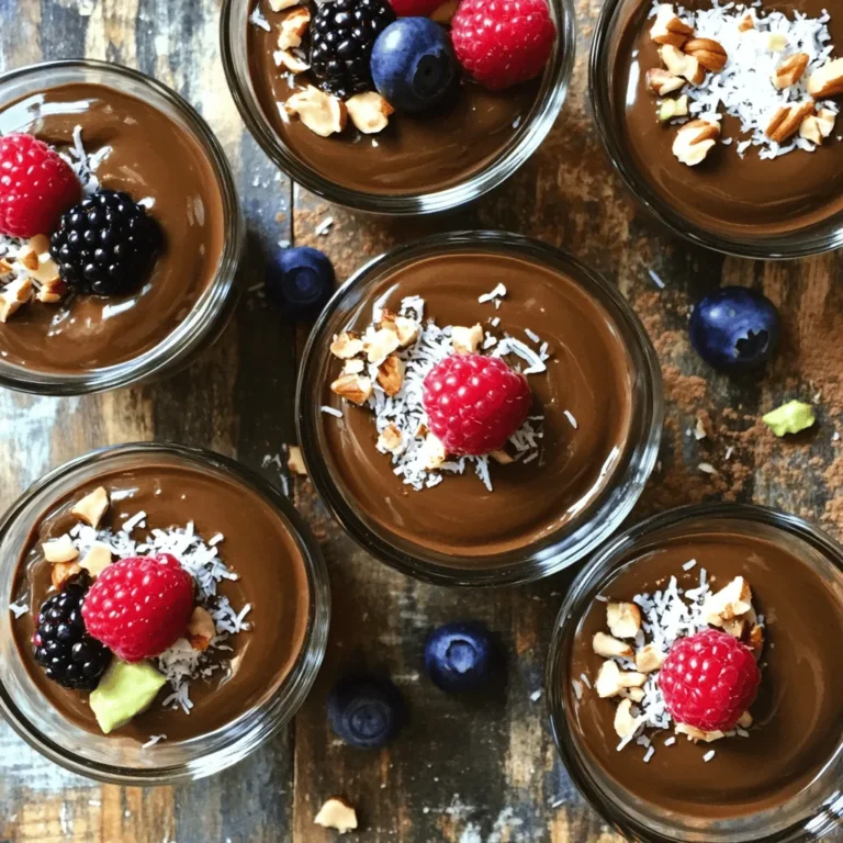 To make the best chocolate avocado pudding, gather these simple ingredients: - 2 ripe avocados - 1/2 cup unsweetened cocoa powder - 1/3 cup maple syrup or honey - 1/4 cup almond milk or milk of choice - 1 teaspoon pure vanilla extract - A pinch of sea salt - Optional toppings: shredded coconut, crushed nuts, fresh berries, whipped cream Each ingredient plays a vital role. The ripe avocados give a rich, creamy texture. The cocoa powder adds that deep chocolate flavor. Maple syrup or honey sweetens the mix naturally. Almond milk blends everything smoothly. Vanilla enhances the taste, while sea salt balances the sweetness. Feel free to get creative with toppings. Shredded coconut adds a fun texture. Crushed nuts give a nice crunch. Fresh berries bring a burst of color and flavor. Whipped cream offers a classic finish to your dessert. For the detailed steps to make this pudding, check out the Full Recipe. It guides you through a quick and easy process to enjoy a deliciously healthy treat. Start by slicing the ripe avocados in half. Use a knife to cut around the pit. Carefully twist to separate the two halves. Take a spoon and scoop out the creamy flesh into your blender. Be sure to get as much as you can for a rich texture. Now, add the cocoa powder, maple syrup or honey, and almond milk to the blender. Don't forget the vanilla extract and a pinch of sea salt. Blend on high speed until the mixture is smooth and creamy. This should take about 1-2 minutes. Pause to scrape down the sides as needed. You want every bit of the ingredients mixed well. After blending, taste the pudding. If it's not sweet enough for you, add more maple syrup or honey. Once you like the sweetness, transfer the pudding into serving bowls. Chill it in the fridge for at least 30 minutes. This helps the flavors blend and makes it even creamier. Before serving, feel free to add your favorite toppings. Try shredded coconut, crushed nuts, or fresh berries for extra fun and flavor. For those who love it, a dollop of whipped cream can add the final touch. Enjoy your delicious Chocolate Avocado Pudding! For the complete recipe, check out the [Full Recipe]. The ripeness of avocados is key to this pudding's success. Choose avocados that are soft but not mushy. They should yield gently when pressed. This means they are ready for blending. For a creamy texture, blend the ingredients on high. Start slowly to avoid splatter. Pause to scrape down the sides of your blender. This ensures even mixing. Blend for about one to two minutes until smooth. You can adjust the sweetness to your taste. If you like it sweeter, add more maple syrup or honey. This pudding is flexible. For those needing alternatives, use agave syrup or stevia. These options suit different diets. Serving this pudding can be fun and creative. Use small, cute bowls for individual servings. Layer your toppings artfully on top for a nice look. You can add shredded coconut or fresh berries. A mint leaf can also make it pop. For a final touch, dust with cocoa powder before serving. Enjoy making this pudding! For the full recipe, check out the [Full Recipe]. {{image_4}} For a vegan version, swap out honey for maple syrup. This keeps the sweetness while staying plant-based. You can also use almond milk or any other non-dairy milk. If you want to enhance the creaminess, use coconut cream instead of almond milk. This adds a rich texture without dairy. To make a sugar-free version, try using natural sweeteners like stevia or erythritol. These options keep the pudding sweet without adding sugar. You can also use mashed ripe bananas for sweetness. They blend well and enhance the chocolate flavor. Just be careful with the amount, as bananas can change the pudding's texture. You can personalize the flavor of your pudding easily. Adding a pinch of cinnamon gives warmth. A few drops of peppermint extract can add a fresh twist. For coffee lovers, a teaspoon of espresso powder will deepen the chocolate flavor. Mix and match these ingredients to create your perfect dessert. For the full recipe, check out the detailed steps above to make your own chocolate avocado pudding! You can store Chocolate Avocado Pudding in the refrigerator. Place it in an airtight container. This keeps it fresh and prevents it from absorbing other odors. Make sure to cover the surface with plastic wrap to stop browning. If you want to freeze it, pour the pudding into ice cube trays or small containers. Cover tightly to avoid freezer burn. If stored properly, this pudding lasts about 3-5 days in the fridge. You’ll notice it starts to lose its creamy texture after a few days. Look for changes in color or scent. If the pudding smells off or is brown, it’s time to toss it. Enjoy your Chocolate Avocado Pudding fresh for the best taste! For the full recipe, check out the earlier section. Avocados are full of good fats. These fats help your heart and keep you full. They also have fiber, which aids digestion. One avocado has many vitamins too, like Vitamin K, E, and C. These vitamins are great for your skin and overall health. Plus, they are low in sugar, making them a perfect choice for a dessert. Yes! You can make this pudding a day before. Just follow the recipe and chill it. It tastes even better after resting. Aim to chill it for at least 30 minutes. But chilling for a few hours works best. This time helps the flavors blend nicely. If you have nut allergies, use oat milk or soy milk instead of almond milk. For those with dairy issues, all the ingredients are dairy-free. If you are avoiding sugar, swap maple syrup with a sugar-free sweetener. Always check labels to ensure they are safe for your needs. This blog post shared how to make a healthy chocolate avocado pudding. We covered the best ingredients, preparation steps, and tips for the perfect texture. You learned about variations, storage methods, and answers to common questions. This pudding is simple, delicious, and nourishing. Experiment with flavors and toppings to make it your own. Enjoy your tasty treat and share it with friends for healthy dessert fun!