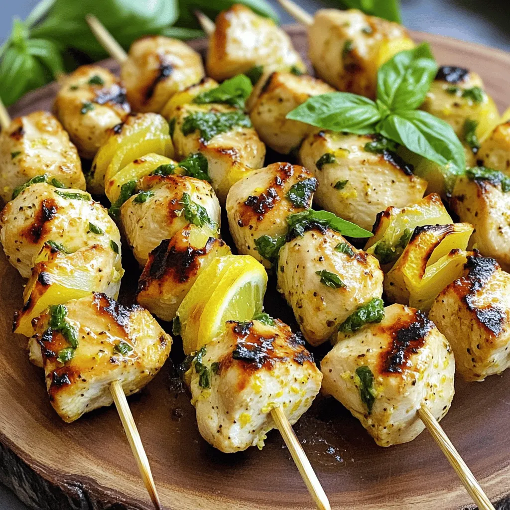 - 1 lb (450g) boneless, skinless chicken breasts - 1/4 cup freshly squeezed lemon juice - 2 tablespoons extra virgin olive oil - 2 tablespoons fresh basil, finely chopped - 2 cloves garlic, minced - Zest of 1 large lemon - Salt and freshly ground pepper - Skewers (bamboo or metal) When making Lemon Basil Chicken Skewers, choose the freshest chicken. Look for bright pink meat with no discoloration. The quality of chicken affects taste and texture. Fresh basil is key for flavor. It adds a sweet and aromatic touch. If you can, use basil from your garden or a local market. For dietary needs, you can replace chicken with shrimp or tofu. If you prefer a different flavor, try adding spices or herbs. You can even swap lemon juice for lime juice. These changes keep the dish fresh and exciting. For the full recipe, you can follow the steps to make these skewers easy and tasty. To make the marinade, mix lemon juice, olive oil, chopped basil, minced garlic, lemon zest, salt, and pepper in a bowl. Whisk until combined. This mixture gives the chicken great flavor. You should marinate the chicken for at least 30 minutes. If you have time, let it sit for up to 2 hours. This gives the chicken a chance to soak up the tasty marinade. Preheat your grill to medium-high heat. This is about 375°F to 450°F. A hot grill is key for good grilling. Once you marinate the chicken, thread the cubes onto skewers. Leave some space between each piece. This helps them cook evenly. Grill the skewers for about 10-12 minutes. Turn them often so they cook all around. The chicken should reach 165°F to ensure it is safe to eat. For a beautiful presentation, serve the skewers on a large platter. Add lemon wedges and a sprinkle of fresh basil on top. This makes the dish look bright and inviting. You can pair these skewers with a fresh salad. A light side salad adds color and crunch. Check out the Full Recipe for more tips on plating and serving! To get the best grill marks, first preheat your grill. Aim for medium-high heat. When you place the skewers on the grill, do not move them for the first few minutes. This helps create those beautiful lines. After about three to four minutes, you can turn them for even cooking. To avoid dry chicken on the skewers, marinate your chicken well. Use the marinade from the recipe. Let the chicken soak for at least 30 minutes. The longer you marinate, the more flavor it gains. Always make sure to check the internal temperature. It should reach 165°F (75°C) before you take them off the grill. For extra flavor, consider adding more herbs like parsley or thyme. You can also spice it up with a pinch of red pepper flakes. This will give your skewers a nice kick. If you want to adjust the marinade, feel free to experiment. Add more lemon juice for tang or honey for sweetness. Both options will change the taste and keep it exciting. Just remember to balance the flavors so they blend well together. For the full recipe, refer to the beginning of this article. {{image_4}} You can switch up the protein in this recipe. Shrimp makes a great choice. It cooks fast and soaks up the flavor well. Just marinate the shrimp in the same way you do the chicken. Grill them until they turn pink. Tofu is another option for a vegetarian twist. Use firm tofu and cut it into cubes. Marinate it like the chicken and grill until golden. Both options offer a new taste while keeping it fresh. If you want to change the flavor, add spices. Try paprika or cayenne for a spicy kick. A bit of cumin can add warmth. You can also play with citrus flavors. Instead of lemon, use lime or orange juice. Each gives a unique taste. These small twists can make your skewers exciting and fun. You can find your new favorite flavor this way. To keep your Lemon Basil Chicken Skewers fresh, follow these steps: - Place leftovers in an airtight container. - Store them in the fridge. - They will stay good for about 3 to 4 days. For best results, cool the skewers to room temperature before storing. This helps avoid moisture buildup, which can lead to soggy chicken. If you plan to keep them longer, consider freezing. Wrap them tightly in plastic wrap and foil. They can last in the freezer for up to 3 months. When reheating chicken skewers, safety is key. Here’s how to do it right: - Use an oven or stovetop for even heating. - Preheat the oven to 350°F (175°C). - Place skewers on a baking sheet. - Heat for 10-15 minutes until warmed through. If using the stovetop, heat a skillet on medium. Add a splash of olive oil, then place the skewers in the pan. Cook for about 5-7 minutes, turning often. This method helps keep the chicken juicy and flavorful. Avoid using the microwave, as it can make the chicken tough. Enjoy your flavorful leftovers without losing that delicious taste! To check if your chicken skewers are done, you need to measure the internal temperature. Use a meat thermometer and look for 165°F or 75°C. This ensures the chicken is safe to eat. Always check the thickest part of the meat for accuracy. Once the skewers hit this temperature, they are juicy and ready to serve. Yes, you can prepare Lemon Basil Chicken Skewers ahead of time. To do this, marinate the chicken as mentioned in the full recipe. After marinating, you can thread the chicken onto skewers. Store them in the fridge until you are ready to grill. They stay fresh for up to 24 hours before cooking. Lemon Basil Chicken Skewers pair well with many sides. Here are some great options: - A light green salad with mixed greens and a lemon vinaigrette. - Grilled vegetables like zucchini or bell peppers. - Quinoa or rice for a hearty addition. - Fresh bread to soak up any juices. You can keep marinated chicken in the fridge for up to two hours safely. After this time, bacteria can grow. If you need to marinate longer, freeze the chicken instead. This keeps it fresh and still flavorful. Always store it in an airtight container. In this post, we explored the delicious Lemon Basil Chicken Skewers. We began with fresh ingredients like chicken, lemon, and basil. Next, I shared step-by-step instructions for marinating and grilling. You learned tips for perfecting your skewers and ways to customize flavors. Lastly, we covered storage and reheating methods. Enjoy making these skewers. They are tasty, easy, and great for any meal.