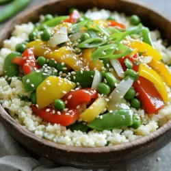 - Cauliflower - Mixed bell peppers - Snap peas - Onion, garlic, and ginger For this dish, I use fresh ingredients. The star is cauliflower. It becomes rice-like and tasty. I also add mixed bell peppers for color and crunch. Snap peas bring a nice sweetness. Onion, garlic, and ginger add depth. - Soy sauce or tamari - Sesame oil - Vegetable oil Cooking oils matter. I use vegetable oil to stir-fry. It has a high smoke point. Soy sauce or tamari gives the dish umami. Sesame oil adds a nutty flavor that elevates the meal. - Green onions - Sesame seeds Garnishes make a dish pop. I slice green onions for freshness. Sprinkling sesame seeds adds texture. These little touches enhance the look and taste of your stir-fry. For the complete recipe and more detailed steps, check the Full Recipe. To make cauliflower rice, start with a medium head of cauliflower. Remove the leaves and stem. Cut the cauliflower into small florets. Use a box grater or a food processor to grate the florets. Aim for a rice-like texture, which should be even in size. First, heat 1 tablespoon of vegetable oil in a large frying pan over medium-high heat. Wait until it shimmers. Add the finely chopped onion. Stir-fry for about 2-3 minutes until it turns soft and clear. Next, add 2 cloves of minced garlic and 1-inch piece of grated ginger. Stir quickly for another minute to avoid burning. Now, toss in 1 cup of diced mixed bell peppers and 1 cup of snap peas. Stir-fry these for 3-4 minutes. You want them tender but crunchy. Add the prepared cauliflower rice to the pan. Pour in 2 tablespoons of soy sauce and 1 tablespoon of sesame oil. Mix everything well and cook for 4-5 more minutes. This lets the cauliflower rice soak up the flavors. Taste your stir-fry. Adjust flavors with salt and pepper as needed. When done, transfer it to a serving dish. Garnish with sliced green onions and sesame seeds for a nice finish. This dish is not just easy to make but also packed with flavor! For full details, check out the Full Recipe. To cook cauliflower rice well, start with fresh cauliflower. Chop it into small pieces for even cooking. Use a food processor to grate it quickly. This gives the rice a nice texture. You can also use a box grater. Both methods work great. To keep your veggies crunchy, don’t overcook them. Stir-fry at high heat for a short time. This helps them stay bright and crisp. Add your cauliflower rice last. It only needs a few minutes to warm up. Want to boost the flavor? Try adding more seasonings. A splash of lime juice adds a nice zesty taste. You can also use chili flakes for some heat. For a savory touch, mix in some oyster sauce. Fresh herbs make a big difference too. Chopped cilantro or basil can bring freshness. You can also use mint for a unique twist. Experiment with spices like cumin or paprika for added depth. For a beautiful presentation, serve the stir-fry in a wide bowl. This lets the colors shine. Top it with green onions in a circular pattern. Sesame seeds can add a nice touch too. Consider drizzling a bit of sesame oil for shine. Use a small spoon to make pretty designs on the dish. This extra effort makes your meal look gourmet. For the full recipe, check the section above. {{image_4}} You can boost your cauliflower rice stir-fry with protein. Chicken, shrimp, or tofu work great. For chicken, cut it into cubes and cook it first. Shrimp cooks quickly, so add it after the veggies. If you choose tofu, press it to remove water, then sauté it until golden. Adjust your cooking times based on your protein choice. Chicken needs about 7-10 minutes, shrimp around 3-5 minutes, and tofu about 5-7 minutes. For those who need gluten-free or vegan options, you can easily switch ingredients. Use tamari instead of soy sauce for gluten-free. For a vegan dish, skip the chicken or shrimp and use firm tofu. If you're looking for low-carb or keto-friendly choices, stick with cauliflower rice. You can add more vegetables like zucchini or mushrooms to keep it filling and nutritious. Switching up your veggies can keep this dish fresh. Use seasonal or local vegetables for the best taste. Carrots, broccoli, or spinach can add color and flavor. Frozen vegetables are also a good choice. They save time and have a longer shelf life. Just be sure to thaw them and drain excess water before cooking. Fresh produce will give you the best crunch, but frozen can work just as well if you’re in a pinch. For the full recipe, follow the steps above and enjoy experimenting with your favorite flavors! To keep your cauliflower rice stir-fry fresh, store it in the fridge. Use an airtight container to prevent moisture loss. This helps maintain flavor and texture. Let the stir-fry cool down before sealing the container. This step stops steam from making it soggy. You can enjoy your leftovers for easy meals later. If you want to save your stir-fry for later, freezing works great. First, let the dish cool completely. Then, transfer it to a freezer-safe container or bag. Make sure to remove as much air as possible. This helps prevent freezer burn. When you are ready to eat, thaw the stir-fry in the fridge overnight. For reheating, use the microwave or a skillet. Heat gently to keep the veggies crunchy. In the fridge, your stir-fry lasts about 3 to 4 days. Check for signs of spoilage before eating. Look for changes in color or a bad smell. If the stir-fry feels slimy, it’s best to toss it. Always prioritize your health when it comes to leftovers. Enjoy your tasty, homemade meal with confidence! Cauliflower rice is finely grated cauliflower that resembles rice. It is low in carbs and high in nutrients. It provides fiber, vitamins C and K, and antioxidants. This makes it a great choice for those wanting to eat healthier. Yes, you can use pre-packaged cauliflower rice. It saves time and is convenient. However, store-bought options may lack freshness and flavor. Always check the ingredients for additives or preservatives. To reheat cauliflower rice stir-fry, use a skillet or microwave. In a skillet, add a splash of water to keep it moist. Heat over low until warm, stirring often. In the microwave, cover the dish and heat in short bursts to keep the texture. This blog post covered how to make a tasty cauliflower rice stir-fry. We explored key ingredients, step-by-step cooking methods, and smart tips. I shared ways to enhance flavor and make it colorful. You can also adjust proteins and vegetables based on your needs. In the end, this dish is versatile and healthy. Enjoy creating your own version inspired by these ideas. Happy cooking!