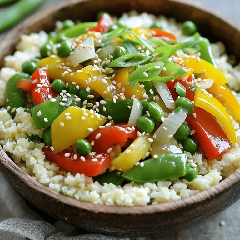 - Cauliflower - Mixed bell peppers - Snap peas - Onion, garlic, and ginger For this dish, I use fresh ingredients. The star is cauliflower. It becomes rice-like and tasty. I also add mixed bell peppers for color and crunch. Snap peas bring a nice sweetness. Onion, garlic, and ginger add depth. - Soy sauce or tamari - Sesame oil - Vegetable oil Cooking oils matter. I use vegetable oil to stir-fry. It has a high smoke point. Soy sauce or tamari gives the dish umami. Sesame oil adds a nutty flavor that elevates the meal. - Green onions - Sesame seeds Garnishes make a dish pop. I slice green onions for freshness. Sprinkling sesame seeds adds texture. These little touches enhance the look and taste of your stir-fry. For the complete recipe and more detailed steps, check the Full Recipe. To make cauliflower rice, start with a medium head of cauliflower. Remove the leaves and stem. Cut the cauliflower into small florets. Use a box grater or a food processor to grate the florets. Aim for a rice-like texture, which should be even in size. First, heat 1 tablespoon of vegetable oil in a large frying pan over medium-high heat. Wait until it shimmers. Add the finely chopped onion. Stir-fry for about 2-3 minutes until it turns soft and clear. Next, add 2 cloves of minced garlic and 1-inch piece of grated ginger. Stir quickly for another minute to avoid burning. Now, toss in 1 cup of diced mixed bell peppers and 1 cup of snap peas. Stir-fry these for 3-4 minutes. You want them tender but crunchy. Add the prepared cauliflower rice to the pan. Pour in 2 tablespoons of soy sauce and 1 tablespoon of sesame oil. Mix everything well and cook for 4-5 more minutes. This lets the cauliflower rice soak up the flavors. Taste your stir-fry. Adjust flavors with salt and pepper as needed. When done, transfer it to a serving dish. Garnish with sliced green onions and sesame seeds for a nice finish. This dish is not just easy to make but also packed with flavor! For full details, check out the Full Recipe. To cook cauliflower rice well, start with fresh cauliflower. Chop it into small pieces for even cooking. Use a food processor to grate it quickly. This gives the rice a nice texture. You can also use a box grater. Both methods work great. To keep your veggies crunchy, don’t overcook them. Stir-fry at high heat for a short time. This helps them stay bright and crisp. Add your cauliflower rice last. It only needs a few minutes to warm up. Want to boost the flavor? Try adding more seasonings. A splash of lime juice adds a nice zesty taste. You can also use chili flakes for some heat. For a savory touch, mix in some oyster sauce. Fresh herbs make a big difference too. Chopped cilantro or basil can bring freshness. You can also use mint for a unique twist. Experiment with spices like cumin or paprika for added depth. For a beautiful presentation, serve the stir-fry in a wide bowl. This lets the colors shine. Top it with green onions in a circular pattern. Sesame seeds can add a nice touch too. Consider drizzling a bit of sesame oil for shine. Use a small spoon to make pretty designs on the dish. This extra effort makes your meal look gourmet. For the full recipe, check the section above. {{image_4}} You can boost your cauliflower rice stir-fry with protein. Chicken, shrimp, or tofu work great. For chicken, cut it into cubes and cook it first. Shrimp cooks quickly, so add it after the veggies. If you choose tofu, press it to remove water, then sauté it until golden. Adjust your cooking times based on your protein choice. Chicken needs about 7-10 minutes, shrimp around 3-5 minutes, and tofu about 5-7 minutes. For those who need gluten-free or vegan options, you can easily switch ingredients. Use tamari instead of soy sauce for gluten-free. For a vegan dish, skip the chicken or shrimp and use firm tofu. If you're looking for low-carb or keto-friendly choices, stick with cauliflower rice. You can add more vegetables like zucchini or mushrooms to keep it filling and nutritious. Switching up your veggies can keep this dish fresh. Use seasonal or local vegetables for the best taste. Carrots, broccoli, or spinach can add color and flavor. Frozen vegetables are also a good choice. They save time and have a longer shelf life. Just be sure to thaw them and drain excess water before cooking. Fresh produce will give you the best crunch, but frozen can work just as well if you’re in a pinch. For the full recipe, follow the steps above and enjoy experimenting with your favorite flavors! To keep your cauliflower rice stir-fry fresh, store it in the fridge. Use an airtight container to prevent moisture loss. This helps maintain flavor and texture. Let the stir-fry cool down before sealing the container. This step stops steam from making it soggy. You can enjoy your leftovers for easy meals later. If you want to save your stir-fry for later, freezing works great. First, let the dish cool completely. Then, transfer it to a freezer-safe container or bag. Make sure to remove as much air as possible. This helps prevent freezer burn. When you are ready to eat, thaw the stir-fry in the fridge overnight. For reheating, use the microwave or a skillet. Heat gently to keep the veggies crunchy. In the fridge, your stir-fry lasts about 3 to 4 days. Check for signs of spoilage before eating. Look for changes in color or a bad smell. If the stir-fry feels slimy, it’s best to toss it. Always prioritize your health when it comes to leftovers. Enjoy your tasty, homemade meal with confidence! Cauliflower rice is finely grated cauliflower that resembles rice. It is low in carbs and high in nutrients. It provides fiber, vitamins C and K, and antioxidants. This makes it a great choice for those wanting to eat healthier. Yes, you can use pre-packaged cauliflower rice. It saves time and is convenient. However, store-bought options may lack freshness and flavor. Always check the ingredients for additives or preservatives. To reheat cauliflower rice stir-fry, use a skillet or microwave. In a skillet, add a splash of water to keep it moist. Heat over low until warm, stirring often. In the microwave, cover the dish and heat in short bursts to keep the texture. This blog post covered how to make a tasty cauliflower rice stir-fry. We explored key ingredients, step-by-step cooking methods, and smart tips. I shared ways to enhance flavor and make it colorful. You can also adjust proteins and vegetables based on your needs. In the end, this dish is versatile and healthy. Enjoy creating your own version inspired by these ideas. Happy cooking!