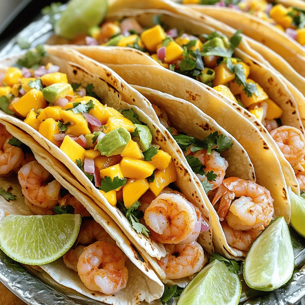 To make delicious shrimp tacos, you need fresh items. Here’s your list: - 1 lb fresh shrimp, peeled and deveined - 1 ripe mango, finely diced - 1/2 medium red onion, finely chopped - 1 jalapeño pepper, minced (remove seeds for less heat) - 1/4 cup fresh cilantro leaves, chopped - Ripe avocado slices, for serving - Lime wedges, for garnish You’ll also need some common pantry items to boost flavor: - 1 tablespoon extra virgin olive oil - 1 teaspoon ground cumin - 1 teaspoon smoked paprika - 1/2 teaspoon garlic powder - Sea salt and freshly ground black pepper, to taste - 8 small corn tortillas For extra flair, consider these optional toppings: - Shredded cheese - Sour cream - Additional lime juice - Extra mango salsa Each ingredient plays a role in making your tacos tasty and fresh. You can find the complete cooking steps in the Full Recipe. Enjoy the burst of flavors with every bite! Start by grabbing a mixing bowl. In it, whisk together one tablespoon of extra virgin olive oil, one teaspoon of ground cumin, one teaspoon of smoked paprika, and half a teaspoon of garlic powder. Add sea salt and freshly ground black pepper to taste. Once mixed, toss in one pound of peeled and deveined shrimp. Make sure the shrimp is well-coated in the marinade. Let them sit for about 10 minutes to soak up the flavors. While the shrimp marinates, you can prepare the mango salsa. Take another bowl and combine one ripe mango, finely diced, with half a medium red onion, finely chopped, and one minced jalapeño pepper. You should remove the seeds from the jalapeño to control the heat. Add a quarter cup of chopped fresh cilantro and two tablespoons of fresh lime juice. Mix gently until everything is well combined, and set it aside. Now it’s time to cook the shrimp. Preheat a skillet over medium-high heat. Once hot, add the marinated shrimp. Cook them for about 2 to 3 minutes on each side. You want the shrimp to turn pink and opaque. This means they are cooked just right. When done, remove them from the heat. Next, warm the corn tortillas. In a separate dry skillet, place the tortillas. Heat them for about 30 seconds on each side. You want them to be pliable and slightly toasted. This step adds a nice texture to the tacos. To put your tacos together, take a warm tortilla and place a few cooked shrimp in the center. Generously top it with the mango salsa you made earlier. Add a couple of ripe avocado slices for a creamy touch. Serve the tacos right away, along with fresh lime wedges for an extra zing. For the complete recipe, check out the Full Recipe. Enjoy the fresh delight of your Easy Shrimp Tacos with Mango Salsa! To get the best shrimp texture, start with fresh shrimp. Frozen shrimp can work, but fresh makes a big difference. Marinate the shrimp for about 10 minutes. This allows the flavors to soak in and helps keep them juicy. When cooking, aim for 2 to 3 minutes on each side. You want them pink and opaque. Overcooking makes shrimp rubbery, so watch them closely. For tasty mango salsa, use a ripe mango. If the mango is not sweet, the salsa will lack flavor. Add lime juice to brighten up the taste. A bit of jalapeño adds heat, but you can adjust it to your liking. Mixing the salsa gently keeps the mango intact. Let it sit for a few minutes. This helps the flavors mix well. Warm your tortillas before serving. A dry skillet works great. Heat them for 30 seconds on each side. This keeps them soft and pliable. If you want a little crispness, cook them a bit longer. Serve the warm tortillas right away. They will hold the shrimp and salsa perfectly. For a fun twist, try using flour tortillas if you prefer. For the full recipe, check out the details above. {{image_4}} To spice up your shrimp tacos, add more jalapeño. You can keep the seeds for a real kick. Another option is to mix in some chili powder or cayenne pepper with the marinade. Both add heat and flavor. Consider using spicy salsa instead of mango salsa for extra heat. Try adding a dash of hot sauce right before serving for a fiery flavor boost. If you want a vegetarian option, swap shrimp for grilled veggies. Bell peppers, zucchini, and corn work great. Toss these veggies in the same marinade before grilling. You can also use black beans or lentils as a protein source. This keeps the dish filling and adds texture. Make sure to top with mango salsa for that sweet and tangy burst. While mango salsa is fresh and bright, you can try other salsas too. Pineapple salsa adds a nice tropical twist. Tomato salsa gives a classic flavor. For a unique taste, try a corn salsa with lime and cilantro. Each option brings different flavors to your tacos. Experiment with combinations to find what you love best. For inspiration, check out the Full Recipe for more salsa ideas. If you have leftover tacos, store them in an airtight container. Keep the shrimp and salsa separate. This helps keep the tortillas from getting soggy. Refrigerate them within two hours of cooking. They will stay fresh for up to two days. To reheat shrimp, place them in a skillet over medium heat. Cook for about three to four minutes. Stir to heat evenly. For tortillas, warm them in a dry skillet for about 30 seconds per side. This keeps them soft and tasty. Avoid using the microwave, as it can make them chewy. Always use fresh shrimp for the best taste. Look for shrimp that smell like the ocean, not fishy. For mango salsa, use ripe mangoes that yield slightly when pressed. Store any leftover salsa in the fridge and use it within three days. This way, you will enjoy the flavors at their peak. For more details, check the Full Recipe. To make the shrimp less spicy, remove the seeds from the jalapeño. This step reduces the heat. You can also use less jalapeño or swap it for sweet bell pepper. For a milder flavor, try using smoked paprika instead of regular paprika. You can use pineapple, peaches, or even kiwi for the salsa. Each fruit brings a unique taste. Pineapple adds sweetness, while peaches give a juicy bite. Kiwi adds a tartness that pairs well with shrimp. Yes, you can use shrimp without deveining them. However, deveining keeps the shrimp cleaner and prettier. Some people prefer to remove the vein for taste and texture. If you choose not to devein, just rinse the shrimp well before cooking. To make shrimp tacos gluten-free, use corn tortillas. Most corn tortillas are naturally gluten-free. Always check the package to confirm. Additionally, ensure the shrimp seasoning and salsa do not contain any gluten ingredients. Serve the tacos on a large platter for sharing. Add extra mango salsa and lime wedges on the side. This way, everyone can customize their tacos. Garnish with cilantro for a fresh touch. Enjoy the vibrant colors and flavors! For the full recipe, check out the complete details. In this post, we've covered how to create delicious shrimp tacos with fresh mango salsa. We looked at all the ingredients, including fresh items and pantry staples. You got step-by-step instructions on preparing the shrimp, cooking, and assembling the tacos. We also shared tips for perfect texture and flavor, plus exciting variations and storage tips. Enjoy making these tacos and impressing family and friends. Cooking should be fun, and you’re now ready to explore!