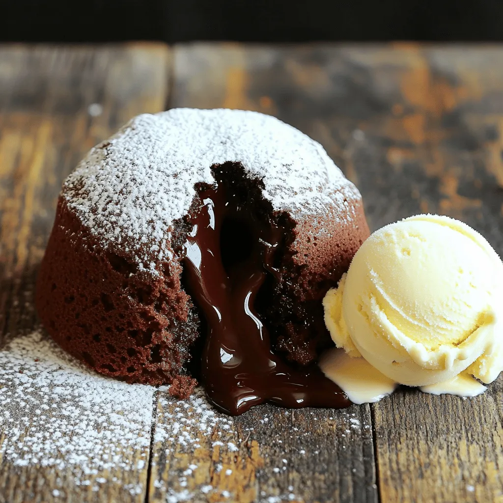 Here are the ingredients you need for the easiest chocolate lava cake. Each item adds to the rich flavor and gooey center we all love. - 1/2 cup unsalted butter (plus extra for greasing) - 1 cup semi-sweet chocolate chips - 2 large eggs - 2 large egg yolks - 1/4 cup granulated sugar - 1 teaspoon vanilla extract - 1/4 cup all-purpose flour - A pinch of kosher salt - Powdered sugar for dusting - Optional: creamy vanilla ice cream for serving Gather these ingredients before you start. Each one plays a role in making this treat so special. The butter and chocolate create that luscious base, while the eggs give it a fluffy texture. The sugar adds sweetness, and the flour helps to form the cake. Don't forget the optional ice cream; it makes this dessert even more delightful. For the full recipe, check the section above. - Preheat oven to 425°F (220°C) - Grease and flour ramekins Start by preheating your oven to 425°F (220°C). This temperature ensures the cakes bake perfectly. While the oven heats, take four ramekins and grease them with some unsalted butter. Then, dust the insides with flour. This helps the cakes come out easily after baking. - Combine butter and chocolate chips - Heat in microwave and stir until smooth In a microwave-safe bowl, add 1/2 cup of unsalted butter and 1 cup of semi-sweet chocolate chips. Place the bowl in the microwave. Heat in 30-second bursts, stirring well between each. Continue until the mix is melted and smooth. This step gives our lava cake its rich flavor. - Whisk together eggs, egg yolks, and sugar - Incorporate vanilla extract Next, take a medium-sized bowl and add 2 large eggs, 2 large egg yolks, and 1/4 cup of granulated sugar. Use a whisk to mix them until they look pale and frothy. Then, add 1 teaspoon of vanilla extract, stirring until it blends well. This adds a lovely aroma. - Gradually mix melted chocolate into egg mixture Now, slowly pour the melted chocolate mixture into the egg mix. Stir continuously while you pour. This keeps the eggs from cooking too fast. You want a smooth blend for the best cake texture. - Sift flour and salt over batter - Gently fold in until just combined Next, sift 1/4 cup of all-purpose flour and a pinch of kosher salt over the batter. Use a spatula to gently fold the dry mix into the wet ingredients. Be careful not to overmix. You want to keep the batter light and airy. - Pour batter into ramekins - Bake for 12-14 minutes until edges firm and centers soft Now it's time to fill your prepared ramekins. Pour the batter in, filling each about two-thirds full. This allows them to rise while baking. Place the ramekins on a baking tray and bake for 12-14 minutes. The edges should be firm, while the centers stay soft and jiggly. - Cool for 1 minute before inverting - Dust with powdered sugar and serve warm Once baked, take the ramekins out and let them cool for 1 minute. Use a small knife to run around the edge of each cake, loosening them. Then, invert each ramekin onto a plate. If needed, give a gentle tap to release the cakes. Dust with powdered sugar for a sweet touch, and serve warm. Enjoy your delicious treat! To get that gooey center, avoid overbaking. Bake the cakes for only 12-14 minutes. Check them when the edges are firm but the middle is soft. Use high-quality chocolate. It melts better and tastes richer. I recommend semi-sweet chocolate chips for the best flavor. You can make this treat even better. Pair the lava cake with ice cream or fresh berries. The cold ice cream contrasts nicely with the warm cake. Try adding a sprig of mint for color. It adds a fresh touch to your plate. Sometimes, cakes stick to the ramekins. To prevent this, grease and flour them well. If your center is overcooked, it might be due to baking too long. You can adjust the baking time next time. Just keep an eye on those cakes while they bake. For the Full Recipe, check the complete details above. {{image_4}} You can make small tweaks to boost the flavor of your chocolate lava cake. - Add espresso powder for a mocha twist: Just a teaspoon can add depth and richness. - Incorporate orange zest for a citrus hint: This brightens the flavor and gives a fresh taste. If you need a gluten-free version, it’s easy. - Substitute all-purpose flour with almond flour: This keeps the cake rich and moist. You can get creative with how you serve your cakes. - Serve in a larger cake format: Just pour the batter into a cake pan and bake longer. - Use silicone molds for varied shapes: This adds fun and flair to your dessert. These variations let you customize your chocolate lava cake. You can mix and match to find your favorite. Check out the Full Recipe for more details! After enjoying your chocolate lava cake, you might have some left. Refrigerate cooked cakes for up to 2 days. Place them in an airtight container to keep them fresh. If you want to save space, you can also wrap them tightly in plastic wrap. When it's time to enjoy your leftovers, you can reheat them. Use a microwave or an oven for this. If using a microwave, heat in short bursts. Start with 10-15 seconds, then check. For the oven, preheat to 350°F (175°C) and warm for about 5-7 minutes. To keep that gooey center, avoid overheating. If you use the microwave, check often. If you prefer the oven, remove the cake just as the center starts to warm. This way, you preserve that delicious molten core. For the best experience, serve warm with a sprinkle of powdered sugar. You can also add a scoop of creamy vanilla ice cream on the side. Enjoy every bite! For the full recipe, refer to the earlier section. Yes, you can prepare chocolate lava cake in advance. To do this, follow these steps: - Prepare the batter: Make the batter and pour it into greased ramekins. - Chill the ramekins: Cover them with plastic wrap and chill in the fridge. - Bake when ready: When you are ready to bake, remove the ramekins from the fridge. Bake them for a few extra minutes. This helps keep the molten center. The key to a gooey center is perfect timing and temperature. - Bake at the right heat: Set your oven to 425°F (220°C). - Watch the time: Bake for 12 to 14 minutes. The edges should be firm, but the center should jiggle slightly. By keeping a close eye on the baking time, you will enjoy that rich, molten center. Absolutely! Doubling the recipe is easy. Just follow these tips: - Adjust ingredients: Use double the amount for each ingredient. - Baking time: If you use larger ramekins or a different pan, you may need to bake longer. Check for doneness like before. This way, you can share the joy of chocolate lava cake with more friends! To check if your cake is done, look for these signs: - Firm edges: The edges should look set and firm. - Soft center: The center should still be soft and jiggle when you shake it. - Use a toothpick: Insert a toothpick into the edge. If it comes out clean, but the center is soft, it’s ready. These tips will help you avoid spoiling the gooey center while ensuring a perfect bake. This chocolate lava cake recipe is both simple and rewarding. You’ve learned the key ingredients, step-by-step instructions, and helpful tips to bake the perfect dessert. Remember to watch the baking time and use quality chocolate for a gooey center. If you want to mix things up, try the flavor variations or serving ideas. Store leftovers well, and enjoy your delicious creations for days. Happy baking!