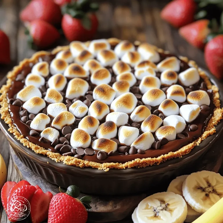 To make a delicious s'mores dip in the oven, you need a few simple ingredients. Here’s what you will need: - 1 cup semi-sweet chocolate chips - 1 cup mini marshmallows - 1/2 cup graham cracker crumbs - 2 tablespoons unsalted butter, melted - 1 teaspoon pure vanilla extract - Pinch of sea salt - Optional: Fresh strawberries or banana slices These ingredients create a mix of gooey chocolate and toasted marshmallows. The graham cracker crumbs add that classic s'mores crunch. You can also use fresh fruits for dipping if you want extra flavor. This combo makes your dessert fun and irresistible! - Preheat the oven to 350°F (175°C). - In a bowl, mix graham cracker crumbs, melted butter, and a pinch of sea salt. - Press the crumb mixture firmly into your baking dish. - Layer the crust with semi-sweet chocolate chips. - Spread mini marshmallows evenly on top of the chocolate. - Bake the dip for 10-12 minutes. - Watch for marshmallows to turn golden brown. This process is simple, and the result is a warm, gooey treat. Make sure to keep an eye on the oven. The perfect marshmallow top can change quickly! Enjoy the rich chocolate and soft marshmallows with graham crackers or fresh fruit for dipping. To make the best s'mores dip, balance is key. Use equal parts chocolate and marshmallows. This mix ensures each bite is sweet and gooey. When baking, watch the marshmallows closely. They should turn golden brown but not burn. This gives you that perfect, chewy texture. Serve your dip warm for the best taste. Pair it with graham crackers for that classic s'mores feel. You can also add fresh fruit like strawberries or banana slices. The fruit adds a nice, juicy twist to each bite. For a rustic look, use a pie dish. This makes your dip feel homemade and special. Garnish with whole graham crackers around the edge. You can also add colorful fruit slices for a bright display. These touches make your dessert even more inviting and fun. {{image_4}} You can switch things up with dark chocolate chips. They add a richer taste. If you want something nutty, try adding nut butter. It gives an extra layer of flavor that you will love. For a sweet twist, drizzle caramel sauce on top. This adds a nice touch of sweetness. You can also use flavored marshmallows. They can change the dip’s taste in fun ways, so feel free to experiment. For a fun contrast, serve the dip with pretzels. The saltiness pairs well with the sweet dip. You can also try pairing it with cookies. This gives a different texture and makes it even more enjoyable. Keep any leftover s'mores dip in an airtight container. This helps keep the dip fresh. You can refrigerate it for up to 3 days. Make sure to cover it well to avoid drying out. When you want to enjoy your dip again, you can use the oven or microwave. If using the oven, heat it at a low temperature. Watch the texture closely while reheating. You want it warm and gooey, not overcooked. You can freeze s'mores dip if you want to store it longer. Just place it in a freezer-safe container. When you're ready to eat, thaw it in the refrigerator. Once it's thawed, you can reheat as directed above. This way, you can enjoy this tasty treat anytime! To make S'mores Dip, follow these quick steps from the Full Recipe: - Preheat your oven to 350°F (175°C). - Mix melted butter, graham cracker crumbs, and a pinch of salt. - Press this mixture into a baking dish for the crust. - Layer semi-sweet chocolate chips on top of the crust. - Spread mini marshmallows over the chocolate evenly. - Bake for 10-12 minutes until the marshmallows puff up. - Let it cool for a few minutes before serving. This dip is easy and fun to make. It tastes amazing when warm! Yes, you can use different types of chocolate! Dark chocolate chips give a richer taste. Milk chocolate chips provide a sweeter flavor. You can also try using flavored chocolate, like mint or orange. Each type will change the dip's taste. Feel free to mix and match to find your favorite! You can serve S'mores Dip with a variety of dippers! Here are some tasty options: - Graham crackers for the classic taste. - Fresh strawberries for a fruity twist. - Banana slices for a sweet touch. - Pretzels for a salty contrast. - Marshmallows on a stick for extra fun! These dippers add great flavors and textures. Enjoy exploring different pairings! This blog post shared a tasty s'mores dip recipe. You learned how to create layers of chocolate, marshmallows, and graham crumbs. I also shared tips for perfecting your dish, offering variations and serving styles. To sum up, this dip is easy to make and fun to enjoy. Don’t hesitate to try different toppings and ingredients. With this recipe, you can impress friends and family at any gathering. Enjoy your baking and the delicious results!