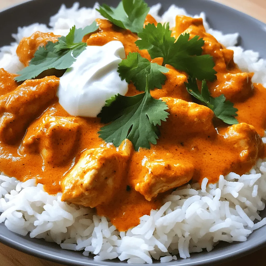 - Chicken and Marinade Components - 1.5 lbs chicken breasts, cut into bite-sized pieces - 1 cup plain yogurt (preferably whole milk for creaminess) - Spices and Aromatics - 2 tablespoons tikka masala spice blend - 1 medium onion, finely chopped - 4 cloves garlic, minced - 1 tablespoon fresh ginger, minced - Liquids and Garnishes - 1 can (14 oz) crushed tomatoes - 1 cup coconut milk (full-fat for the best flavor) - 2 tablespoons vegetable oil (can substitute with ghee for richness) - Salt and pepper to taste - Fresh cilantro, chopped (for garnish) The chicken and yogurt create a tender base. The tikka masala spice blend adds warmth and complexity. Onion, garlic, and ginger bring depth to the dish. Crushed tomatoes and coconut milk form a creamy sauce. This recipe offers a balance of rich flavors and satisfying textures. The use of fresh cilantro adds a bright touch. Each ingredient plays a key role in the final dish. Together, they create a comforting and flavorful meal. Make sure to follow the [Full Recipe] for exact measurements and instructions. Start by cutting your chicken into bite-sized pieces. In a bowl, mix the chicken with yogurt, one tablespoon of tikka masala spice blend, and a pinch of salt. Make sure the chicken is well-coated. Cover the bowl and let it sit for at least 30 minutes. For deeper flavor, let it marinate overnight in the fridge. Set your Instant Pot to the sauté setting. Add vegetable oil and let it heat up. Once hot, add the chopped onion and cook for about 5 minutes. You want the onion soft and clear. Stir occasionally to avoid burning. Next, add minced garlic and ginger. Cook for one minute until you smell the aromas. Be careful not to let them brown. Add the marinated chicken to the pot. Spread it evenly and sauté for about 5 minutes. This step helps seal in the flavor. Then, sprinkle the remaining tikka masala spice blend over the chicken. Stir well to coat the chicken with spices. Now, pour in the crushed tomatoes and coconut milk. Mix everything well, scraping the bottom of the pot to prevent any sticking. Close the Instant Pot lid tightly. Set it to cook on high pressure for 10 minutes. This will make the chicken tender and soak up all the flavors. When the cooking time is up, let the pressure release naturally for 5 minutes. After that, carefully turn the valve to release any remaining steam. Open the lid and stir the chicken tikka masala. Taste it and add salt and pepper as needed. Your dish is now ready! Serve it over basmati rice or with warm naan. Garnish with fresh cilantro for a bright finish. Enjoy your savory Instant Pot chicken tikka masala delight! - Ensuring Proper Marinade Time Marinate the chicken for at least 30 minutes. This step makes the chicken juicy and flavorful. For the best taste, try marinating it overnight. The longer the chicken sits, the better it absorbs the spices. - Tips for Preventing Burn Warning To avoid the burn warning, scrape the bottom of the pot well after adding the crushed tomatoes and coconut milk. Ensure no bits stick to the pot. This simple step helps your dish cook evenly and safely. - Adjusting Spice Levels If you like heat, add more tikka masala spice blend. For milder flavor, use less. You can also add a pinch of sugar to balance the spices if it gets too spicy. Taste as you go to find your perfect level. - Serving Suggestions Serve your chicken tikka masala over fluffy basmati rice. You can also pair it with warm naan bread for dipping. This combo makes every bite special and satisfying. - Garnishing Ideas Top your dish with fresh cilantro for a pop of color. A dollop of yogurt adds creaminess and a cooling effect. You can also sprinkle some chili flakes for a bright look and extra spice. - Enhancing Visual Appeal Use a colorful bowl or plate to serve your chicken tikka masala. A bright dish makes the meal more inviting. Adding sides like colorful veggies can create a nice contrast and complete your meal beautifully. For the full recipe, check the details above! {{image_4}} - Alternative Proteins You can swap chicken for beef or shrimp. Firm tofu works well for a vegan option. Just adjust cooking times. - Dairy-Free Options Use almond yogurt or coconut yogurt to replace the plain yogurt. For creaminess, try cashew cream instead of coconut milk. - Vegetarian Version Replace chicken with chickpeas or paneer. Both add great texture and soak up the spices. - Additional Spices to Try Consider adding cumin or coriander for more depth. A pinch of cinnamon can also bring warmth to the dish. - Adding Vegetables Mix in bell peppers, peas, or spinach for added nutrition. These veggies cook quickly in the Instant Pot. - Different Sauces and Accompaniments Pair with mango chutney or raita for extra flavor. You can also serve it with a side of roasted vegetables for a complete meal. Check out the Full Recipe for more details to create your own savory Instant Pot chicken tikka masala delight! To keep your chicken tikka masala fresh, follow these steps: - Refrigeration Tips: Place the cooled chicken tikka masala in an airtight container. It will stay good for up to 3-4 days in the fridge. You can divide it into smaller portions for easy meals. - Freezing Chicken Tikka Masala: If you want to save it for later, freeze the masala. Use freezer-safe containers or bags. It can last up to 2-3 months in the freezer. Make sure to label with the date for easy tracking. When you’re ready to enjoy your leftovers, here are the best ways to reheat: - Best Ways to Reheat: You can use the microwave or stovetop. If using a microwave, heat in short bursts, stirring in between. For the stovetop, place it in a pan over low heat. Stir often to avoid sticking. - Maintaining Texture and Flavor: Add a splash of coconut milk or water while reheating. This helps keep the sauce creamy and prevents it from drying out. Stir well to mix the flavors. Can I use frozen chicken? Yes, you can use frozen chicken. Just add a few extra minutes to the cooking time. This will ensure the chicken cooks through and remains juicy. How do I make this dish spicier? To spice it up, add more tikka masala spice blend. You can also include fresh chili peppers or cayenne pepper. Start with a small amount, then taste as you go. What to serve with chicken tikka masala? Chicken tikka masala pairs well with fluffy basmati rice or warm naan bread. You can also serve it with a simple cucumber salad for added crunch. Can I make this recipe in advance? Yes, you can make this dish a day ahead. Just store it in the fridge and reheat it before serving. The flavors often deepen overnight. How can I thicken the sauce? To thicken the sauce, simmer it without the lid for a few minutes. You can also mix in a cornstarch slurry. Just combine cornstarch with water, then stir it into the sauce. Can I use other types of curry spices? Absolutely! Feel free to experiment with different spices like garam masala or curry powder. Each will bring its own unique flavor to your dish. For the full recipe, check out [Full Recipe]. This blog post gave a clear guide on making Instant Pot Chicken Tikka Masala. We covered key ingredients, step-by-step cooking methods, helpful tips, and tasty variations. You learned how to store and reheat leftovers while keeping flavors strong. Remember, cooking is about fun and creativity. Experiment with flavors and enjoy the process. With this easy recipe, you’ll impress your family and friends. Happy cooking!