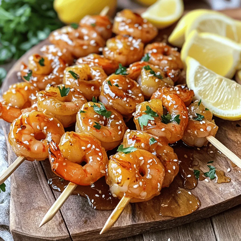 - Shrimp: Use large shrimp, about 1 pound. They should be peeled and deveined. I prefer fresh shrimp, but frozen works too. Just thaw them properly before cooking. - Marinade ingredients: - 1/4 cup honey gives a sweet touch. - 1/4 cup soy sauce adds salt and umami. - 3 cloves garlic, minced for a strong flavor. - 1 tablespoon fresh ginger, finely grated for a spicy kick. - 1 tablespoon sesame oil brings a nutty essence. - 1 tablespoon fresh lemon juice adds brightness. - 1/2 teaspoon crushed red pepper flakes (optional) for some heat. - Salt and freshly ground black pepper to taste. - Optional ingredients: - Fresh parsley, finely chopped for garnish. - Wooden or metal skewers for grilling. This honey garlic shrimp skewers recipe is easy and fun to make. You can find the full recipe above. Enjoy experimenting with the flavors! Soaking skewers: If you use wooden skewers, soak them in water for at least 30 minutes. This step helps prevent burning when grilling. Soaking keeps the skewers moist and safe, allowing your shrimp to cook perfectly. Mixing the marinade: To create a tasty marinade, combine honey, soy sauce, minced garlic, grated ginger, sesame oil, lemon juice, and crushed red pepper flakes in a bowl. Whisk these ingredients until smooth. The balance of sweet, salty, and spicy flavors makes the shrimp shine. Always taste and adjust with salt and pepper as needed. Marinating time: Let the shrimp marinate for 30 minutes in the refrigerator. This time allows the shrimp to absorb all the flavors from the marinade. The longer they soak, the more delicious they become. Grilling tips: Preheat your grill to medium-high heat before cooking. Once hot, place the skewers on the grill. Cook the shrimp for about 2-3 minutes on each side. Look for them to turn pink and opaque. Be careful not to overcook, as shrimp can become tough if left too long. Enjoy the sweet aroma as they grill! To ensure your shrimp are tender, focus on cooking times. Shrimp cook fast. Grill them for just 2-3 minutes per side. They should turn pink and opaque. Overcooking makes shrimp tough and rubbery, so watch the clock closely. Common mistakes can ruin your skewers. One big error is not soaking wooden skewers. Always soak them for at least 30 minutes. This prevents burning while grilling. Also, don't crowd the shrimp on the skewers. Leave space between them for even cooking. You can easily adjust the heat levels in this dish. If you like spice, add more crushed red pepper flakes in the marinade. For a milder taste, use less or skip them altogether. Adding depth to the marinade also enhances flavor. Consider adding a splash of orange juice for sweetness and brightness. You could try a dash of sesame seeds in the marinade too. This small change can make a big difference in taste. For the full recipe, check out the detailed steps and enjoy your cooking! {{image_4}} You can change the main ingredient in this recipe. Try using chicken or tofu instead of shrimp. Both options soak up flavors well. They give a different texture and taste. For chicken, cut it into bite-sized pieces. If you use tofu, press and cube it for the best results. You can also switch up the marinade. Try teriyaki sauce for a sweet, salty kick. Citrus-based marinades, like lemon or lime, can brighten the dish. Just mix them with the same garlic and honey. This way, you keep the essence of honey garlic skewers while adding your twist. You can cook honey garlic skewers in different ways. Grilling is popular for its smoky flavor. However, oven-baking is a great choice too. Set the oven to 400°F (200°C) and place skewers on a baking sheet. Bake for about 10-12 minutes. This method is easy and less messy. If you want to broil, that works well too. Broiling gives a nice char similar to grilling. Place your skewers on a broiler pan. Broil for about 3-4 minutes on each side. Keep an eye on them to avoid burning. All these methods will give you tasty honey garlic shrimp skewers. You can pick what fits your kitchen style best. For the complete recipe, refer to the Full Recipe section. To keep your honey garlic shrimp fresh, follow these tips: - Refrigerating: Place any leftover shrimp in an airtight container. They stay fresh for up to 3 days in the fridge. Make sure to cool them first before sealing. - Freezing: If you need to store them longer, freeze the shrimp. Use a freezer-safe bag, and remove as much air as possible. The shrimp can last about 2 months in the freezer. Keeping safety in mind is key. Always check for any off smells or odd colors before eating leftovers. When reheating, aim to keep the shrimp tender. Here are a few methods: - Microwave: Place the shrimp on a microwave-safe plate. Cover with a damp paper towel and heat for about 30 seconds. Check if they are warm. If not, heat in 15-second bursts. - Skillet: Heat a skillet over medium heat. Add a splash of water or broth. Toss in the shrimp and cover. Heat for 2-3 minutes, stirring gently. This helps keep them juicy. Both methods work well, but the skillet often gives a better texture. Enjoy those leftover honey garlic shrimp skewers! Can I use frozen shrimp? Yes, you can use frozen shrimp. Just make sure to thaw them first. Place shrimp in the fridge overnight or run them under cold water. This keeps them safe and ready for cooking. What dishes pair well with honey garlic shrimp skewers? These skewers go great with rice or noodles. You can also serve them with a fresh salad or grilled veggies. The sweet and savory taste complements many sides. How to make shrimp skewers without a grill? If you don’t have a grill, you can use a grill pan or oven. For a grill pan, heat it over medium-high heat. For the oven, preheat to 400°F (200°C) and place skewers on a baking sheet. Cook until shrimp are done. What are the nutritional facts for this recipe? One serving of honey garlic shrimp skewers has about 200 calories. It contains protein from shrimp, healthy fats from sesame oil, and carbs from honey. For the full nutritional breakdown, check the Full Recipe. Do I need to peel shrimp before marinating? Yes, you should peel the shrimp before marinating. This allows the marinade to soak into the shrimp better, giving them more flavor. Can I make the marinade ahead of time? Yes, you can make the marinade ahead of time. Just store it in the fridge. This makes meal prep easier and saves time when cooking. For the full recipe and detailed instructions, check the Full Recipe. Enjoy making these tasty skewers! Honey garlic shrimp skewers are simple to make and bursting with flavor. You’ve learned about the ingredients, from shrimp to marinades. I shared my step-by-step cooking process, guaranteeing juicy results. I also provided tips to avoid mistakes and ways to enhance the dish. Whether you choose shrimp, chicken, or tofu, the key is balance and timing. Finally, proper storage and reheating are crucial for leftovers. Enjoy making these skewers; they’re a tasty treat for any meal!