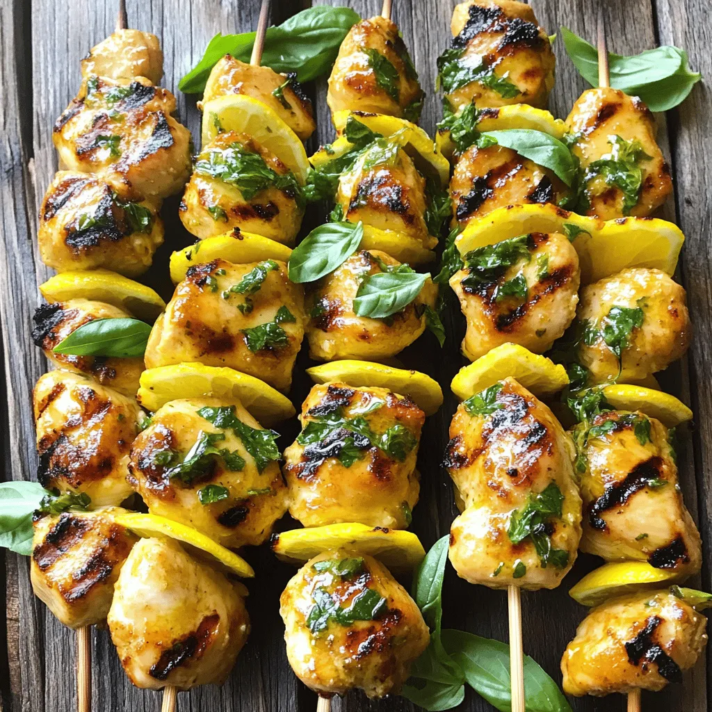 - 1 lb chicken breast, cut into bite-sized cubes - 1/4 cup fresh lemon juice - Zest of 1 lemon - 1/4 cup extra virgin olive oil - 2 cloves garlic, finely minced - 1/4 cup fresh basil leaves, chopped - 1 teaspoon honey - Salt and freshly cracked black pepper, to taste - Wooden or metal skewers (if using wooden skewers, soak them in water for 30 minutes) Fresh ingredients are crucial for the best flavor. Here’s what to focus on: - Chicken Breast: Choose high-quality, lean cuts for juicy skewers. - Lemon Juice and Zest: Use fresh lemons. They add bright and zesty notes to the dish. - Basil: Fresh basil brings a sweet, aromatic flavor that pairs well with lemon. To make your Lemon Basil Chicken Skewers stand out, follow these tips: - Buy Organic: Look for organic chicken and fresh herbs. It makes a difference in taste. - Freshness Matters: Use fresh garlic and lemon for a vibrant flavor. - Quality Olive Oil: Choose high-quality extra virgin olive oil. It enhances the marinade and adds richness. If you want the full experience, check the Full Recipe for more details! To start, gather your ingredients for the marinade. You will need fresh lemon juice, lemon zest, extra virgin olive oil, finely minced garlic, chopped fresh basil, honey, salt, and pepper. In a mixing bowl, combine these ingredients. Whisk them together until they blend well. The mixture should have a light, creamy texture. This marinade gives your chicken a fresh and zesty flavor. Next, you will prepare the chicken. Cut your chicken breast into bite-sized cubes. Place the chicken in the marinade, using a spatula to coat each piece well. Cover the bowl with plastic wrap or a lid. Put it in the fridge. Let the chicken marinate for at least 30 minutes. For the best taste, leave it for up to two hours. This time allows the flavors to soak into the chicken, making it delicious. While the chicken is marinating, preheat your grill or grill pan to medium-high heat. This step is crucial for getting nice grill marks and a good sear on your chicken. After marination, take the chicken out of the fridge. Prepare your skewers by threading the marinated chicken onto them. Leave a small gap between each piece for even cooking. Now, place the skewers on the hot grill. Cook them for about 10-12 minutes. Turn them occasionally to ensure even browning. Your chicken is ready when it reaches an internal temperature of 165°F (75°C). It should have beautiful grill marks. Once done, remove the skewers from the grill and let them rest for five minutes. This resting time helps keep the chicken juicy. If you like, brush some leftover marinade on the skewers before serving for extra flavor. Enjoy your Lemon Basil Chicken Skewers! For the complete recipe, refer to [Full Recipe]. For the best taste, marinate your chicken for at least 30 minutes. I recommend 2 hours for full flavor. The longer it sits, the more the chicken absorbs the lemon and basil essence. Use a covered bowl in your fridge to keep it fresh. Preheat your grill to medium-high heat. This step is key for getting nice grill marks. Once hot, place the skewers on the grill and turn them every few minutes. This helps cook the chicken evenly and gives it a nice char. Don't overcrowd the grill; give each skewer some space. Use a meat thermometer to check the chicken. The safe internal temperature should be 165°F (75°C). This ensures your chicken is fully cooked but still juicy. Let the skewers rest for about 5 minutes after grilling. This helps keep the juices inside, making each bite tender and delicious. These simple tips can elevate your Lemon Basil Chicken Skewers to a whole new level! For the full recipe, check the earlier section. {{image_4}} If you want to switch things up, try different proteins for your skewers. Shrimp is a great choice. It cooks fast and takes on flavors well. Tofu is another option. It absorbs the marinade like a sponge, adding a rich taste. You can also use beef or pork. Just remember to adjust cooking times based on the protein you choose. Chicken cooks quickly, but beef may need more time. Adding veggies makes your skewers even better. Bell peppers add sweetness and color. Cherry tomatoes bring a juicy pop. Zucchini is great too. It grills nicely and has a mild flavor. Just cut them into similar sizes as the chicken. This way, everything cooks evenly. Thread them onto the skewers along with the chicken. You get a tasty mix of flavors and a splash of color. You can play around with flavors to make your skewers unique. Try adding fresh herbs like thyme or oregano for a new taste. A splash of soy sauce can give your marinade a savory kick. If you like heat, add red pepper flakes or a dash of hot sauce. For a sweet twist, use maple syrup instead of honey. These small changes can make a big difference. Experiment and find your favorite flavor combo. For the full recipe, check out the Lemon Basil Chicken Skewers . After enjoying your Lemon Basil Chicken Skewers, store any leftovers in an airtight container. Make sure to let them cool completely before placing them in the fridge. Properly stored, they will stay fresh for up to three days. When you’re ready to eat, they will still taste great and keep their flavor. To keep your skewers for a longer time, freezing is a smart choice. First, let the skewers cool completely. Then, wrap them tightly in plastic wrap. After that, place them in a freezer-safe bag or container. They can last for up to three months in the freezer. When you’re ready to use them, just thaw them in the fridge overnight. When it’s time to enjoy your leftover skewers, reheating is easy. You can use an oven, air fryer, or grill. If using an oven, preheat it to 350°F (175°C). Place the skewers on a baking sheet. Heat for about 10-15 minutes until warm. If you prefer an air fryer, set it to 350°F (175°C) and cook for about 5-7 minutes. The goal is to heat them through without drying them out. Enjoy the same great taste as before! For a full experience, check out the Full Recipe for more tips. Marinate the chicken for at least 30 minutes. For the best flavor, aim for 2 hours. The longer it sits, the more the flavors soak in. This helps make the chicken tender and tasty. Yes, you can! Feel free to swap chicken for shrimp or beef. Just adjust the marinating time. Shrimp needs less time, about 15-20 minutes, while beef should marinate for at least 1 hour. Each meat will bring its own unique taste. Serve the skewers on a nice platter with fresh basil leaves and lemon wedges. This adds color and makes it look appealing. You can also drizzle some olive oil on top for extra flavor. Enjoy these skewers as a main dish or a fun appetizer at your next gathering. For the complete preparation, check the Full Recipe. In this post, we explored ingredients and tips to make tasty chicken skewers. We covered marinade prep, grilling, and storage. You learned about using fresh ingredients to boost flavor. I shared clever tricks to make skewers juicy and delicious. Remember, you can try different meats and add veggies for fun. With these tips, you’ll impress friends and family every time. Enjoy your cooking journey!