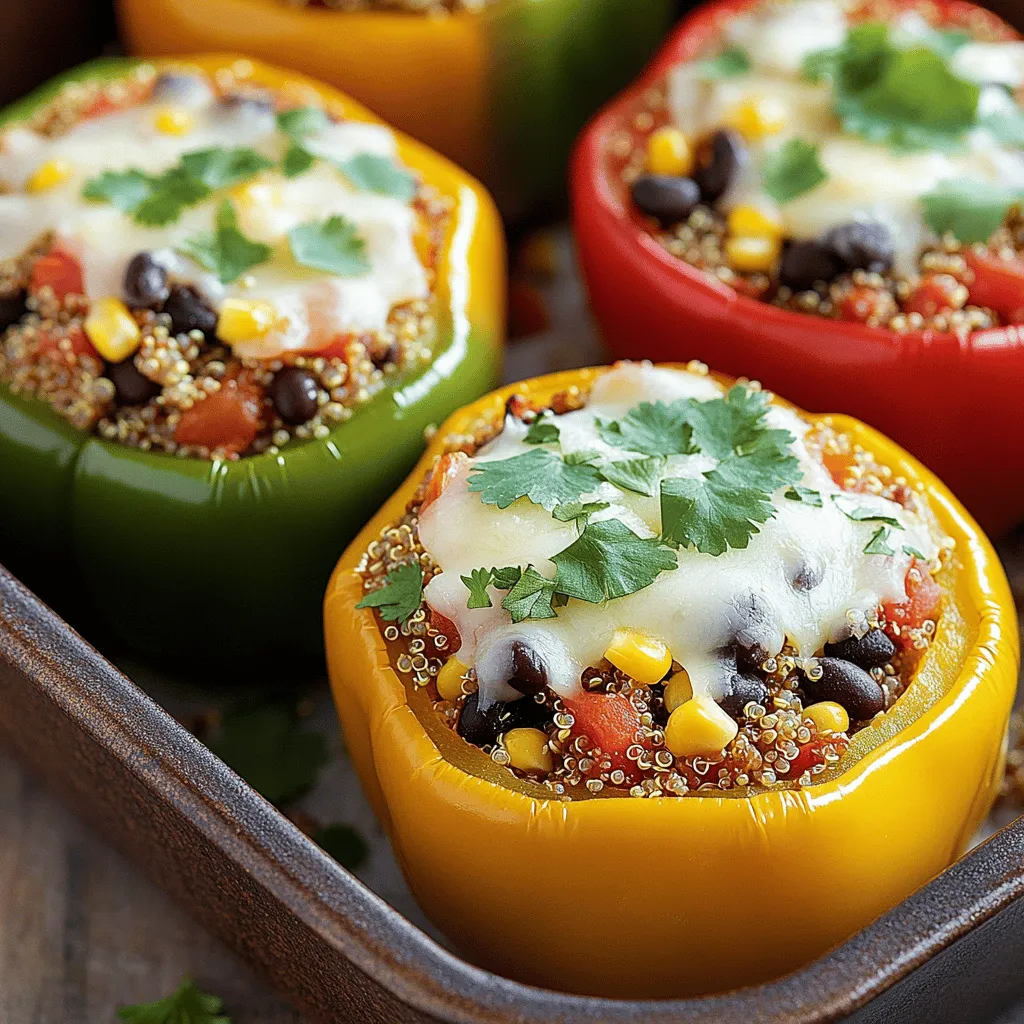 - 4 medium bell peppers (any vibrant color) - 1 cup quinoa, rinsed and drained - 2 cups vegetable broth (or water) - 1 can (15 oz) black beans, thoroughly rinsed and drained - 1 cup corn kernels (fresh, frozen, or canned) - 1 small red onion, finely chopped - 2 cloves garlic, minced - 1 teaspoon ground cumin - 1 teaspoon smoked paprika - 1/2 teaspoon chili powder - Salt and pepper to taste - 1 cup diced tomatoes (fresh or canned, with juices) - 1/2 cup shredded cheese (cheddar or pepper jack) - 2 tablespoons fresh cilantro, finely chopped (for garnish) When I make stuffed bell peppers, I love how colorful they look. Choosing vibrant peppers adds fun to your meal. First, I gather my main ingredients. The quinoa is the star here. It’s a great source of protein and fiber. I rinse it to remove any bitterness, making it taste better. I also have vegetable broth on hand. This adds rich flavor instead of plain water. Next, I grab my additional ingredients. Black beans bring a creamy texture. The corn adds sweetness and crunch. Chopping a small red onion adds a sharp taste that balances all the ingredients. Seasoning is key. I mince garlic and measure out cumin, smoked paprika, and chili powder. These spices warm up the dish. Salt and pepper round out the flavors. Diced tomatoes add moisture and a fresh taste. Finally, I can’t forget the cheese! A sprinkle of cheddar or pepper jack melts beautifully on top. I like to finish with cilantro for a bright touch. Each bite is a mix of flavors and textures, making stuffed bell peppers a wholesome dish. You can find the full recipe for these vibrant quinoa-stuffed bell peppers in the complete article. - Preheat the oven to 375°F (190°C). - Slice the tops off the bell peppers and remove seeds; brush with olive oil. Start by getting your oven nice and warm. This helps the peppers cook evenly. Next, take your bell peppers and cut off the tops. Be sure to scoop out all the seeds inside. A little olive oil brushed on the outside adds flavor and helps them roast nicely. - Combine rinsed quinoa and vegetable broth in a saucepan; bring to a boil then simmer until fluffy. Rinse the quinoa under cold water to remove any bitterness. Then, in a saucepan, mix the quinoa with vegetable broth. Bring it to a boil, then lower the heat. Cover it and let it simmer until fluffy, about 15 minutes. Fluff it with a fork once done. - Sauté red onion and garlic in olive oil until fragrant; add black beans, corn, diced tomatoes, and spices. In a skillet, heat some olive oil over medium heat. Add chopped red onion and minced garlic. Cook until the onion is soft and fragrant. Then, mix in black beans, corn, diced tomatoes, cumin, smoked paprika, chili powder, salt, and pepper. Stir everything well and let it cook for a few minutes. - Mix the cooked quinoa into the sautéed mixture; stuff peppers and top with cheese. Once your quinoa is ready, combine it with the sautéed filling. Stir until everything is well mixed. Now, it's time to stuff your peppers! Spoon the mixture into each pepper and press down gently. Don’t forget to sprinkle some cheese on top for that melty goodness. - Pour broth into the baking dish, cover with foil, and bake; remove foil to brown cheese and finish cooking. Put a little broth in your baking dish to keep the peppers moist. Place the stuffed peppers upright in the dish and cover it with foil. Bake them for 25 minutes, then take off the foil. Bake for an extra 10 to 15 minutes until the peppers are tender and the cheese is bubbly and golden. - Let cool slightly, garnish with cilantro, and serve warm. Once they are out of the oven, let the peppers cool for a few minutes. Then, finely chop some fresh cilantro and sprinkle it on top. Serve your stuffed peppers warm and enjoy the delicious flavors. You can find the full recipe for this dish online. - Select peppers that are firm and not blemished. - Steam the peppers before stuffing for added tenderness. Choosing the right peppers is key. Look for ones that feel heavy and firm. They should not have any soft spots or wrinkles. Steaming them makes them easier to bite into. This step helps them soften up just enough without turning mushy. - Consider adding lime juice or zest for brightness. - Experiment with additional herbs or spices to suit your taste. Adding a splash of lime juice makes the dish pop. The bright flavor really complements the quinoa and veggies. You can also try fresh herbs like parsley or basil. They add a nice twist. Spices like oregano or thyme can bring warmth to the filling, too. - Use vegan cheese for a dairy-free option. - Try different cheese combinations for varied flavor profiles. If you want a dairy-free meal, vegan cheese works well. There are many options that melt nicely. You can also mix cheeses for a unique taste. Cheddar and pepper jack pair well together for a nice kick. This choice can change the whole vibe of your stuffed peppers. For the Full Recipe, check out the details above. Enjoy creating your tasty stuffed bell peppers! {{image_4}} You can change the protein in your stuffed peppers. Instead of black beans, use cooked chicken or ground turkey. Both add a nice flavor and make the dish heartier. If you want a vegetarian option, try lentils or chickpeas. These add great texture and protein to the filling. If you like heat, add jalapeños for a spicy kick. They give the dish a nice zing. For a more Italian taste, add fresh herbs like basil or oregano. These herbs brighten up the flavors and make your peppers feel fresh and vibrant. You don’t have to stick to quinoa. You can replace it with rice or farro for a different texture. They will still taste great and fill you up. For a low-carb option, use cauliflower rice. It’s healthy and adds a unique touch to your stuffed peppers. Feel free to explore these variations to make the recipe your own. For the full recipe, check out the Full Recipe section. Refrigerate unused stuffed peppers in an airtight container for up to 3 days. It’s best to cool them down to room temperature before storing. This helps keep their taste fresh and prevents sogginess. You can freeze stuffed peppers, too! Wrap them tightly in plastic wrap and foil. This keeps them safe from freezer burn for up to 3 months. When you’re ready to enjoy them again, thaw overnight in the fridge. Reheating is simple. Microwave the stuffed peppers for 1-2 minutes. If you prefer the oven, bake them at 350°F until they are heated through. This method can help restore some of the peppers’ original texture. For the best results, make sure they are warmed all the way to the center. Yes, you can prepare the stuffing and stuff the peppers a day ahead, then bake them just before serving. This saves time and makes dinner stress-free. I love doing this when I host friends. It lets me enjoy time with them without rushing in the kitchen. If you prefer, use rice, couscous, or any grain of your choice as a filling replacement. Each grain brings its own flavor and texture. I often switch it up based on what I have at home. Peppers should be tender but still hold their shape; you can use a fork test for doneness. If the fork easily goes in, they are done. I like to check them a few minutes before baking ends to ensure they are perfect. Yes, they are nutrient-dense, packed with veggies and whole grains, making them a wholesome meal. They offer a good mix of protein, fiber, and vitamins. I feel great serving this dish to my family, knowing it’s nourishing. Yes, stuffed peppers can also be grilled for a smoky flavor; just wrap them in foil and grill over medium heat. Grilling adds a unique taste that I enjoy, especially in summer. It's a fun way to enjoy this dish outdoors. For the full recipe, check out the vibrant quinoa-stuffed bell peppers. This recipe for stuffed peppers is both simple and rewarding. You learned about the fresh ingredients, like quinoa, black beans, and vibrant bell peppers. I shared step-by-step instructions to guide you through the cooking process. Remember to experiment with flavors and textures by using different toppings or grains. These peppers are not only easy to make but also healthy and satisfying. Enjoy this tasty meal, packed with nutrients, any day of the week. Your kitchen is now ready for a new delicious dish!