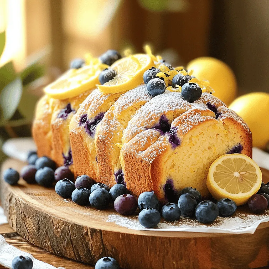 To make this lemon blueberry bread, you will need the following ingredients: - 1 ½ cups all-purpose flour - ½ cup granulated sugar - ½ cup unsalted butter, softened to room temperature - 2 large eggs - 1 teaspoon pure vanilla extract - 1 teaspoon baking powder - ½ teaspoon baking soda - ½ teaspoon salt - ½ cup creamy Greek yogurt - 1 tablespoon freshly grated lemon zest - ¼ cup freshly squeezed lemon juice - 1 cup fresh or frozen blueberries (if using frozen, do not thaw) - Optional: ½ cup powdered sugar (for a delightful glaze) You can switch some ingredients if needed. For a dairy-free version, use coconut oil instead of butter. Instead of Greek yogurt, try a plant-based yogurt. If you want a lighter option, use applesauce in place of the butter. You can also use a gluten-free flour blend instead of all-purpose flour. Measuring ingredients correctly is important for great bread. Use dry measuring cups for flour and sugar. Level off the top with a knife for accuracy. For liquids, use a clear liquid measuring cup. Fill it to the right line to avoid extra liquid. Weigh ingredients if you have a kitchen scale for even better results. This ensures your lemon blueberry bread will rise and taste just right. To start, preheat your oven to 350°F (175°C). This helps the bread cook evenly. Next, prepare a 9x5 inch loaf pan. You can grease it with butter or use parchment paper. This makes it easy to remove the bread later. In a large bowl, cream together the softened butter and granulated sugar. Use an electric mixer at medium speed. Beat until the mix is light and fluffy, which takes about 3-4 minutes. Add the eggs one at a time. Make sure to mix well after each egg. After the last egg, mix in the vanilla extract. It adds great flavor. In another bowl, whisk together the all-purpose flour, baking powder, baking soda, and salt. This ensures the dry ingredients mix well, which is key for good texture. Now, gradually add the dry mix to the creamed butter mix. Alternate this with the Greek yogurt. Start and end with the flour mix. Mix just until combined to avoid overmixing. Gently fold in the lemon zest, lemon juice, and blueberries. Use a spatula or wooden spoon. Be careful not to burst the blueberries. Pour the batter into your prepared loaf pan. Use a spatula to smooth the top. This helps it bake evenly. Place the pan in the preheated oven. Bake it for 45 to 55 minutes. Check if it's done by inserting a toothpick into the center. It should come out clean or with a few moist crumbs. Once baked, let the bread cool in the pan for about 10 minutes. After that, transfer it to a wire rack to cool completely. This step is important for the best texture. For a sweet finish, you can make a glaze. Mix powdered sugar with a tablespoon of lemon juice to drizzle over the cooled bread. Serve the sliced bread on a nice platter with fresh blueberries and lemon slices. This makes it look as good as it tastes! Enjoy your creation. For soft and moist lemon blueberry bread, use room-temperature butter. This helps create a fluffy batter. Mix the butter and sugar well until light and airy. This step gives your bread a lovely rise. When you add the dry ingredients, mix gently. Overmixing can cause the bread to be tough. One common mistake is using cold ingredients. Cold eggs or butter can lead to uneven mixing. Always measure your flour correctly. Too much flour makes the bread dry. Avoid adding too many blueberries, as they can weigh down the batter. If using frozen blueberries, don't thaw them. They can make the batter too watery. For extra flavor, add a pinch of salt to balance the sweetness. You can also stir in nuts like walnuts or pecans for crunch. To make it look great, slice the bread and arrange it on a plate. Garnish with fresh blueberries and lemon slices. A drizzle of lemon glaze adds a sweet touch. You can find the full recipe for more ideas. {{image_4}} You can add nuts or spices to your lemon blueberry bread for a fun twist. Chopped walnuts or pecans add crunch and flavor. Just mix in half a cup of nuts after folding in the blueberries. You can also sprinkle in a teaspoon of cinnamon for warmth. This small change can give the bread a whole new taste. If you need a gluten-free option, swap the all-purpose flour for a gluten-free blend. Many blends work well, but look for one that includes xanthan gum. This helps with texture. Follow the same steps in the Full Recipe, and enjoy a gluten-free treat. You can easily adjust the sweetness of your lemon blueberry bread. If you prefer less sugar, reduce the granulated sugar to a third of a cup. You can also add a bit of honey or maple syrup for natural sweetness. For a more lemony flavor, try adding an extra tablespoon of lemon juice or zest. This makes the bread bright and fresh. To keep your lemon blueberry bread fresh, wrap it well. Use plastic wrap or foil. This keeps moisture in and air out. Store it at room temperature for up to three days. If you want to keep it longer, the fridge is an option. However, it may dry out faster there. Freezing your bread is simple. First, let it cool completely. Then, slice the bread for easy servings. Wrap each slice in plastic wrap. Place the wrapped slices in a freezer bag or airtight container. This way, you can enjoy a slice whenever you want! Frozen bread can last up to three months. If your bread gets stale, don’t worry! You can revive it easily. Preheat your oven to 350°F (175°C). Place the stale bread on a baking sheet. Bake it for about 10 minutes. This will restore its softness. For added flavor, you can brush it with a little melted butter before baking. Your lemon blueberry bread will taste fresh again! Lemon blueberry bread lasts about 3 to 5 days at room temperature. To keep it fresh, store it in an airtight container. If you want it to last longer, you can refrigerate it. In the fridge, it stays good for up to a week. Yes, you can use frozen blueberries! Just remember, do not thaw them. Adding them frozen helps keep the bread moist and prevents the batter from turning blue. It also gives you nice, juicy bursts of flavor in every bite. You can easily swap blueberries for other fruits. Try raspberries, blackberries, or even diced strawberries. Each fruit will add its unique flavor and color. Just keep the amount the same, about 1 cup for the best results. For more ideas, check the Full Recipe. In this post, we covered making delicious lemon blueberry bread. I shared the main ingredients and substitutions, plus tips for measuring. You'll find step-by-step instructions, baking times, and cooling tips to get it just right. We also discussed ways to enhance texture and avoid common mistakes. Feel free to try fun variations, like adding nuts or making it gluten-free. Lastly, I provided storage tips to keep your bread fresh. Now, you can bake with confidence and enjoy every bite!