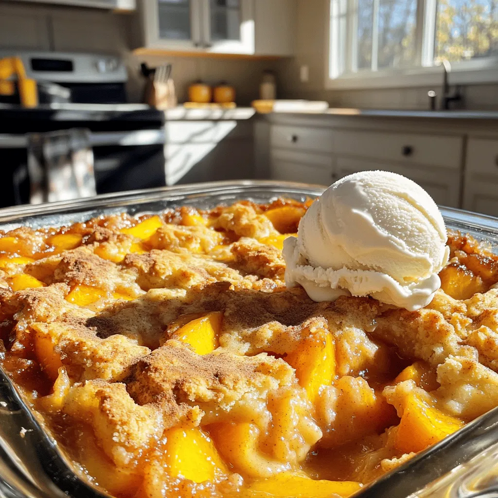 To make the Peach Cobbler Dump Cake, gather these simple ingredients: - 2 cans (15 oz each) sliced peaches in syrup, thoroughly drained - 1 cup fresh or frozen peach slices - 1 box (15.25 oz) yellow cake mix - 1 cup unsalted butter (2 sticks), melted - 1 teaspoon ground cinnamon - 1/2 teaspoon fresh nutmeg, grated (or ground nutmeg if unavailable) - 1 cup chopped pecans (optional, for added crunch) - Vanilla ice cream (for serving, optional but recommended) You can boost the taste of your dump cake with a few extras: - A splash of almond extract adds a nice touch. - Use brown sugar instead of white sugar for a richer flavor. - Add a handful of blueberries or raspberries for a mixed berry twist. To make your dessert even better, consider these serving ideas: - Serve warm with a scoop of vanilla ice cream on top. - Drizzle caramel sauce for an extra sweet touch. - Top with whipped cream for a light, fluffy finish. This recipe is easy and fun to make. Enjoy the delightful flavors! You can find the full recipe above. Start with your ingredients ready. Gather all you need to make this cake. You will need: - 2 cans (15 oz each) sliced peaches in syrup, thoroughly drained - 1 cup fresh or frozen peach slices - 1 box (15.25 oz) yellow cake mix - 1 cup unsalted butter (2 sticks), melted - 1 teaspoon ground cinnamon - 1/2 teaspoon fresh nutmeg, grated (or ground nutmeg if unavailable) - 1 cup chopped pecans (optional, for added crunch) - Vanilla ice cream (for serving, optional but recommended) Preheat your oven to 350°F (175°C). This step gets your oven hot and ready for baking. Next, take a 9x13 inch baking dish. Layer the drained canned peaches and fresh or frozen peach slices. Spread them evenly over the bottom. This helps them bake just right. Now, sprinkle ground cinnamon and nutmeg over the peach layer. This adds warmth and flavor to the fruit. Then, pour the dry yellow cake mix over the peaches. Spread it out to cover all the peaches completely. This step is key for texture. Drizzle the melted butter evenly over the cake mix. It's important to saturate every inch without stirring. The butter creates a crisp crust as your cake bakes. If you want extra crunch, add chopped pecans on top. Sprinkle them evenly over the buttered cake mix. Place the baking dish in your preheated oven. Bake for 45-50 minutes. Keep an eye on it! Look for a golden brown top with bubbling edges. This is a sign it's ready. After baking, take the cake out of the oven. Let it cool for about 10 minutes. This cooling time helps the flavors come together. Serve the dump cake warm. Top it with a scoop of vanilla ice cream. For a nice touch, dust a bit of cinnamon on top. The warm cake with cold ice cream is a perfect combo. Enjoy every delightful bite! You can find the Full Recipe for more details. To make the best peach cobbler dump cake, start with quality ingredients. Use ripe, juicy peaches for the best flavor. If you use canned peaches, choose a brand with no added sugar. Always drain the peaches well. This prevents the cake from becoming too soggy. Preheat your oven to the right temperature. This step is key to even baking. For a crispy top, pour the melted butter evenly over the dry cake mix. Do not stir the mix into the peaches; leave it layered. This ensures a delightful contrast between the soft peaches and the crispy crust. Bake until the top is golden brown and bubbling. Check for a firm texture before removing it from the oven. To boost the flavor, add spices like nutmeg and cinnamon. They pair perfectly with peaches. If you want more crunch, sprinkle chopped pecans on top. You can also drizzle a bit of honey over the warm cake for extra sweetness. Consider serving it with vanilla ice cream. The cold ice cream melts into the warm cake, making every bite a treat. Enjoy this peach cobbler dump cake delight with your friends and family! {{image_4}} You can switch up the fruit in this dump cake. Try using apples, berries, or cherries. Each fruit brings its own flavor. For apples, choose tart ones like Granny Smith. Berries offer a sweet and juicy touch. Just remember to adjust the spices to match the fruit. For example, add lemon zest with berries for a fresh twist. You can make this recipe gluten-free. Use a gluten-free cake mix instead of regular cake mix. Check the label to ensure it is safe. For vegan options, swap the butter for coconut oil or a vegan butter. Use a plant-based cake mix to keep it vegan-friendly. This way, everyone can enjoy the deliciousness without missing out. Change the fruit based on the season. In summer, use fresh peaches or berries. In fall, try apples or pears. In winter, consider citrus fruits like oranges or lemons. Each season offers unique flavors. You can even mix fruits for a fun twist. A blend of apples and cranberries can be a great winter choice. For the full recipe, check out the Peach Paradise Dump Cake . After you enjoy your Peach Cobbler Dump Cake, save any leftovers in an airtight container. Keep it in the fridge. It will stay fresh for up to five days. Make sure to let it cool completely before putting it away. This helps keep the texture nice and moist. To reheat your slice, use the microwave. Heat it for about 20-30 seconds. Check if it’s warm enough. You want it hot, but not too hot. If you prefer the oven, preheat it to 350°F (175°C). Place your slice in an oven-safe dish and heat for about 10 minutes. This will keep the topping nice and crispy. You can freeze Peach Cobbler Dump Cake if you want to save some for later. Cut it into portions first. Wrap each piece in plastic wrap, then place them in a freezer bag. It will stay good for up to three months. To thaw, move a piece from the freezer to the fridge overnight. Reheat it as mentioned before. Enjoying this dessert later is just as great! You can tell when the Peach Cobbler Dump Cake is done by looking at the top. It should be golden brown. The edges may also bubble, showing it is cooked through. A toothpick inserted in the center should come out clean. If it sticks, give it a few more minutes. Yes, you can use fresh peaches! Just slice them and remove the pits. Fresh peaches can add a great flavor. However, make sure they are ripe for the best taste. You can mix them with a little sugar to enhance their sweetness before adding them to the dish. Toppings can make your dump cake even better! Here are some great options: - Vanilla ice cream - Whipped cream - Chopped nuts (like pecans) - A sprinkle of cinnamon These toppings add flavor and texture, making each bite special. Yes, this recipe is great for making ahead! You can prepare it a day before. Just cover it and store it in the fridge. When ready to serve, bake it as usual. This way, you save time and enjoy it fresh and warm. For the best taste, add ice cream just before serving. For the full recipe, check out the detailed steps above! This blog post covers all you need for a perfect Peach Cobbler Dump Cake. We explored key ingredients, from must-haves to optional add-ins for extra flavor. You learned the step-by-step process for prep and baking, plus tips for texture and taste. We discussed tasty variations and how to store leftovers. Now, you're ready to impress with your skills. Enjoy your delicious creation and share it with loved ones!