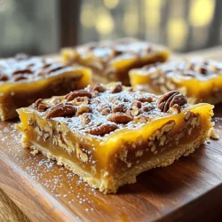 To create these tasty bars, gather these simple ingredients: - 1 ½ cups all-purpose flour - ½ cup unsalted butter, melted - ½ cup packed light brown sugar - ¼ teaspoon salt - 1 cup pecans, roughly chopped - 1 cup pure maple syrup - 2 large eggs, at room temperature - 1 teaspoon pure vanilla extract - ½ teaspoon ground cinnamon - ¼ teaspoon ground nutmeg - ¼ teaspoon salt Each ingredient plays a key role in creating the sweet, nutty flavor. The maple syrup gives it a rich taste. Pecans add a delightful crunch. You can customize your bars with these fun toppings: - Whipped cream - Powdered sugar - Dark chocolate drizzle - Crushed nuts These toppings can enhance the flavor and add visual appeal. A sprinkle of sea salt can also elevate the sweet taste. Gather the right tools for easy baking: - 8x8-inch baking dish - Parchment paper - Mixing bowls - Whisk - Spatula Using the right equipment saves time and helps achieve the perfect texture. Make sure to have everything ready before you start. Making Maple Pecan Pie Bars is fun and easy. You start with a simple crust and a rich filling. Gather all your ingredients and tools first. This saves time and makes cooking smoother. 1. Preheat your oven to 350°F (175°C). This step is key for even baking. 2. Line an 8x8-inch baking dish with parchment paper. Let the edges hang over. This helps lift the bars out later. 3. In a large bowl, mix 1 ½ cups of flour, ½ cup melted butter, ½ cup brown sugar, and ¼ teaspoon salt. Stir until crumbly. 4. Press this crumbly mix into the bottom of the dish. Make it even and firm. Use your fingers or a spatula to pack it down. 5. Bake this crust for 15-20 minutes until lightly golden. It should start to smell great! 6. After baking, let it cool a bit. You need it cool enough to add the filling. 1. In a medium bowl, whisk together 1 cup of maple syrup, 2 large eggs, 1 teaspoon vanilla, ½ teaspoon cinnamon, ¼ teaspoon nutmeg, and ¼ teaspoon salt. 2. Beat until the mix is well combined and a bit frothy. This helps it mix well with the pecans. 3. Gently fold in 1 cup of roughly chopped pecans. Make sure they are coated in the filling. 4. Carefully pour this pecan mixture over the crust. Use a spatula to spread it evenly. 5. Bake the bars for an additional 25-30 minutes. They should jiggle slightly in the center when done. 6. Let the bars cool in the dish for at least 1 hour. Use the parchment to lift them out. 7. Transfer to a cutting board and slice into squares or rectangles. Enjoy your Maple Pecan Pie Bars! They’re perfect for sharing or treating yourself. You can find the full recipe for more details. One common mistake is overbaking the bars. Keep a close eye on them. They should jiggle just a little in the center when done. If you bake them too long, the filling can become dry and tough. Another mistake is skipping the cooling step. Letting the bars cool helps them set properly. If you cut them too soon, they may fall apart. Use the parchment paper to lift them out once cool for clean cuts. To get a smooth filling, whisk the maple syrup and eggs well. Mix until frothy to add air. This helps the filling rise during baking. Using room temperature eggs is key. Cold eggs can make the filling dense. Also, chop the pecans evenly. This ensures a balanced flavor and texture in every bite. These bars shine at any gathering. Serve them warm or chilled. A light dusting of powdered sugar makes them look fancy. For extra flavor, top with whipped cream or a scoop of vanilla ice cream. Pair them with coffee or tea for a delightful treat. Want to impress? Try drizzling extra maple syrup over the top. For the full recipe, check out the details above! {{image_4}} You can swap out pecans for other nuts. Walnuts bring a similar crunch and flavor. Almonds add a nice twist with their lighter taste. If you love hazelnuts, try them too! Just chop them up like the pecans and mix them in. Each nut adds its own unique flavor to the bars. For a gluten-free version, use a gluten-free flour blend. Many blends work well in this recipe. Make sure to check that your maple syrup and other ingredients are gluten-free. This way, you can enjoy the bars without worry. They taste just as good! To make these bars vegan, replace the eggs with flaxseed or chia seeds. Mix 1 tablespoon of flaxseed meal or chia seeds with 2.5 tablespoons of water. Let it sit for five minutes until it thickens. Use this mixture in place of the eggs. Also, choose a vegan butter substitute instead of regular butter. These small changes keep the bars tasty and plant-based! To keep your Maple Pecan Pie Bars fresh, store them in an airtight container. Use parchment paper between layers to avoid sticking. You can also wrap them tightly in plastic wrap. This helps lock in moisture and keeps them tasty. If you want to enjoy your bars warm, preheat your oven to 350°F (175°C). Place the bars on a baking sheet. Heat them for about 10 minutes until warm. You can also microwave a single bar for 15-20 seconds. This makes the flavors pop again! When stored properly, Maple Pecan Pie Bars last up to one week in the fridge. If you want to keep them longer, they can freeze well for up to three months. Just make sure to wrap them well before freezing. Enjoy your sweet treat anytime! You can use walnuts or almonds if you don't have pecans. They both have a nice crunch. Cashews are also a good choice; they add a creamy texture. You can even use sunflower seeds for a nut-free option. Just remember to chop them a bit for even mixing. Yes, you can make these bars one to two days in advance. Just let them cool completely, then store them in an airtight container. They stay fresh and tasty for a few days. This is perfect for parties or special events. You can also freeze them for longer storage. Just wrap them well in plastic wrap, then in foil. The bars are done when the filling is set and slightly puffy. They should jiggle just a bit in the center when you shake the pan. A good rule is to bake them for 25 to 30 minutes after adding the filling. If you see a golden brown edge, that's a great sign too! Checking them a few minutes before the time helps avoid overbaking. Making Maple Pecan Pie Bars is a fun, rewarding project. You learned about the right ingredients, easy steps, and tips for success. Remember, the crust and filling are key to perfect bars. Try different nuts or opt for gluten-free or vegan versions to suit your taste. Store them well to keep them fresh, and use reheating tips for the best flavor. With these ideas and tricks, making these bars can be simple and enjoyable. Enjoy your sweet treat!