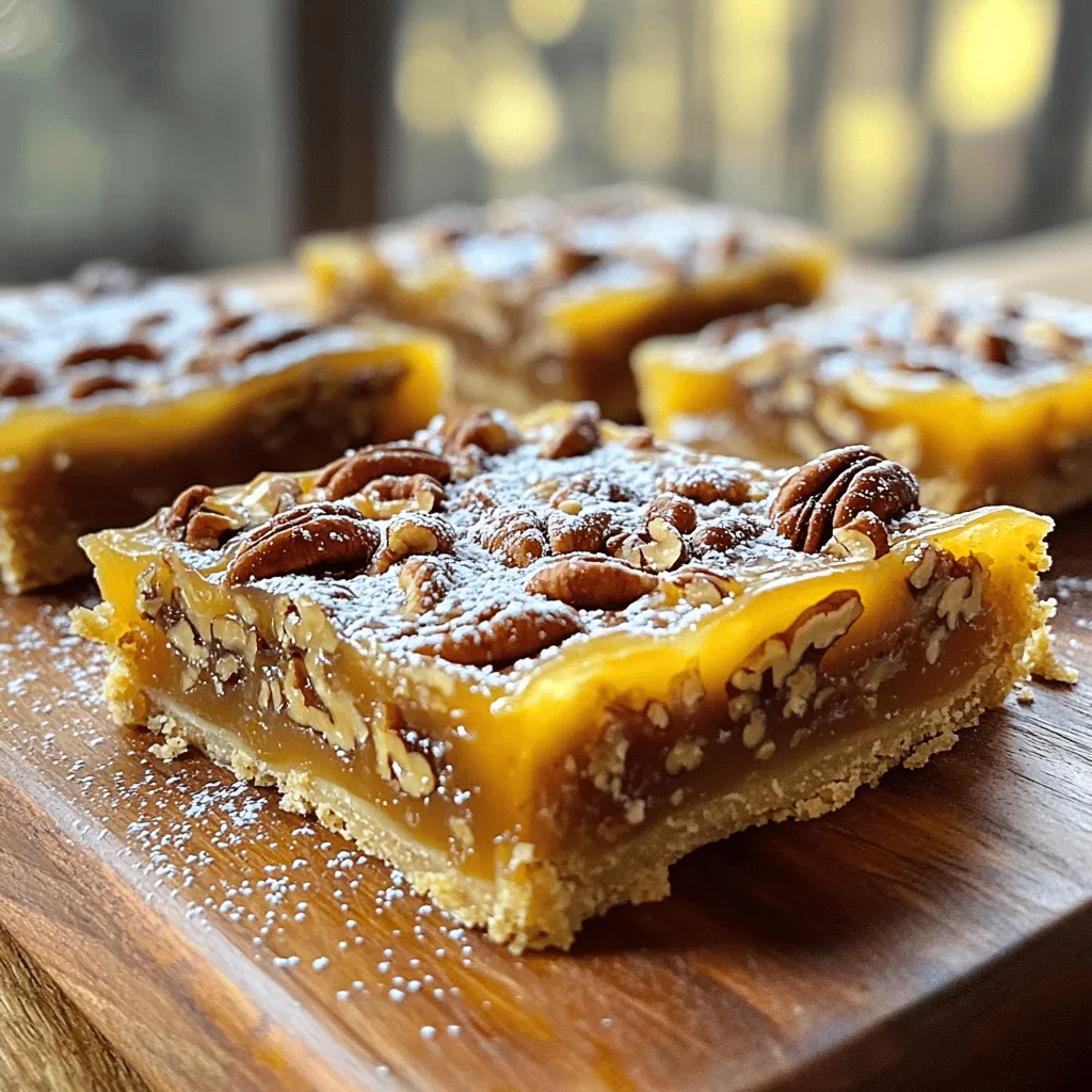 To create these tasty bars, gather these simple ingredients: - 1 ½ cups all-purpose flour - ½ cup unsalted butter, melted - ½ cup packed light brown sugar - ¼ teaspoon salt - 1 cup pecans, roughly chopped - 1 cup pure maple syrup - 2 large eggs, at room temperature - 1 teaspoon pure vanilla extract - ½ teaspoon ground cinnamon - ¼ teaspoon ground nutmeg - ¼ teaspoon salt Each ingredient plays a key role in creating the sweet, nutty flavor. The maple syrup gives it a rich taste. Pecans add a delightful crunch. You can customize your bars with these fun toppings: - Whipped cream - Powdered sugar - Dark chocolate drizzle - Crushed nuts These toppings can enhance the flavor and add visual appeal. A sprinkle of sea salt can also elevate the sweet taste. Gather the right tools for easy baking: - 8x8-inch baking dish - Parchment paper - Mixing bowls - Whisk - Spatula Using the right equipment saves time and helps achieve the perfect texture. Make sure to have everything ready before you start. Making Maple Pecan Pie Bars is fun and easy. You start with a simple crust and a rich filling. Gather all your ingredients and tools first. This saves time and makes cooking smoother. 1. Preheat your oven to 350°F (175°C). This step is key for even baking. 2. Line an 8x8-inch baking dish with parchment paper. Let the edges hang over. This helps lift the bars out later. 3. In a large bowl, mix 1 ½ cups of flour, ½ cup melted butter, ½ cup brown sugar, and ¼ teaspoon salt. Stir until crumbly. 4. Press this crumbly mix into the bottom of the dish. Make it even and firm. Use your fingers or a spatula to pack it down. 5. Bake this crust for 15-20 minutes until lightly golden. It should start to smell great! 6. After baking, let it cool a bit. You need it cool enough to add the filling. 1. In a medium bowl, whisk together 1 cup of maple syrup, 2 large eggs, 1 teaspoon vanilla, ½ teaspoon cinnamon, ¼ teaspoon nutmeg, and ¼ teaspoon salt. 2. Beat until the mix is well combined and a bit frothy. This helps it mix well with the pecans. 3. Gently fold in 1 cup of roughly chopped pecans. Make sure they are coated in the filling. 4. Carefully pour this pecan mixture over the crust. Use a spatula to spread it evenly. 5. Bake the bars for an additional 25-30 minutes. They should jiggle slightly in the center when done. 6. Let the bars cool in the dish for at least 1 hour. Use the parchment to lift them out. 7. Transfer to a cutting board and slice into squares or rectangles. Enjoy your Maple Pecan Pie Bars! They’re perfect for sharing or treating yourself. You can find the full recipe for more details. One common mistake is overbaking the bars. Keep a close eye on them. They should jiggle just a little in the center when done. If you bake them too long, the filling can become dry and tough. Another mistake is skipping the cooling step. Letting the bars cool helps them set properly. If you cut them too soon, they may fall apart. Use the parchment paper to lift them out once cool for clean cuts. To get a smooth filling, whisk the maple syrup and eggs well. Mix until frothy to add air. This helps the filling rise during baking. Using room temperature eggs is key. Cold eggs can make the filling dense. Also, chop the pecans evenly. This ensures a balanced flavor and texture in every bite. These bars shine at any gathering. Serve them warm or chilled. A light dusting of powdered sugar makes them look fancy. For extra flavor, top with whipped cream or a scoop of vanilla ice cream. Pair them with coffee or tea for a delightful treat. Want to impress? Try drizzling extra maple syrup over the top. For the full recipe, check out the details above! {{image_4}} You can swap out pecans for other nuts. Walnuts bring a similar crunch and flavor. Almonds add a nice twist with their lighter taste. If you love hazelnuts, try them too! Just chop them up like the pecans and mix them in. Each nut adds its own unique flavor to the bars. For a gluten-free version, use a gluten-free flour blend. Many blends work well in this recipe. Make sure to check that your maple syrup and other ingredients are gluten-free. This way, you can enjoy the bars without worry. They taste just as good! To make these bars vegan, replace the eggs with flaxseed or chia seeds. Mix 1 tablespoon of flaxseed meal or chia seeds with 2.5 tablespoons of water. Let it sit for five minutes until it thickens. Use this mixture in place of the eggs. Also, choose a vegan butter substitute instead of regular butter. These small changes keep the bars tasty and plant-based! To keep your Maple Pecan Pie Bars fresh, store them in an airtight container. Use parchment paper between layers to avoid sticking. You can also wrap them tightly in plastic wrap. This helps lock in moisture and keeps them tasty. If you want to enjoy your bars warm, preheat your oven to 350°F (175°C). Place the bars on a baking sheet. Heat them for about 10 minutes until warm. You can also microwave a single bar for 15-20 seconds. This makes the flavors pop again! When stored properly, Maple Pecan Pie Bars last up to one week in the fridge. If you want to keep them longer, they can freeze well for up to three months. Just make sure to wrap them well before freezing. Enjoy your sweet treat anytime! You can use walnuts or almonds if you don't have pecans. They both have a nice crunch. Cashews are also a good choice; they add a creamy texture. You can even use sunflower seeds for a nut-free option. Just remember to chop them a bit for even mixing. Yes, you can make these bars one to two days in advance. Just let them cool completely, then store them in an airtight container. They stay fresh and tasty for a few days. This is perfect for parties or special events. You can also freeze them for longer storage. Just wrap them well in plastic wrap, then in foil. The bars are done when the filling is set and slightly puffy. They should jiggle just a bit in the center when you shake the pan. A good rule is to bake them for 25 to 30 minutes after adding the filling. If you see a golden brown edge, that's a great sign too! Checking them a few minutes before the time helps avoid overbaking. Making Maple Pecan Pie Bars is a fun, rewarding project. You learned about the right ingredients, easy steps, and tips for success. Remember, the crust and filling are key to perfect bars. Try different nuts or opt for gluten-free or vegan versions to suit your taste. Store them well to keep them fresh, and use reheating tips for the best flavor. With these ideas and tricks, making these bars can be simple and enjoyable. Enjoy your sweet treat!