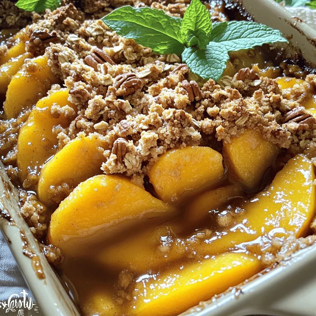 Peach crisp is simple, yet it packs a punch of flavor. Here are the key ingredients you need: - 6 ripe peaches, peeled and sliced into thin wedges - 1 tablespoon fresh lemon juice - 1/4 cup packed brown sugar - 1 teaspoon ground cinnamon - 1/4 teaspoon ground nutmeg - 1 cup old-fashioned rolled oats - 1/2 cup all-purpose flour - 1/3 cup coconut oil, melted (or use unsalted butter for a buttery flavor) - 1/4 cup pure maple syrup - 1/4 teaspoon coarse sea salt - 1/2 cup chopped pecans (optional, for added crunch) It’s important to measure your ingredients correctly. For the peaches, make sure they are ripe for the best flavor. The lemon juice adds brightness. Use packed brown sugar for a richer taste. The oats and flour give the crisp its texture. You can customize your peach crisp! Try adding: - Chopped pecans for crunch - A dash of vanilla extract for extra flavor - A sprinkle of ginger for a warm spice kick - Fresh berries for a tart twist Feel free to mix and match based on what you like! For the full recipe, check out our detailed guide. To start, gather your ripe peaches. I like to use about six. First, peel the peaches and slice them into thin wedges. This helps them cook evenly. In a large bowl, mix the sliced peaches with one tablespoon of fresh lemon juice. This adds a nice zing and keeps the peaches bright. Next, sprinkle in a quarter cup of packed brown sugar, one teaspoon of cinnamon, and a quarter teaspoon of nutmeg. Toss the mixture gently until the peaches are well coated. Now, pour this peach mixture into a greased 9x9-inch baking dish, spreading it out evenly. Now, let’s make the oat topping. In a separate bowl, combine one cup of old-fashioned rolled oats with half a cup of all-purpose flour. Add one-third cup of melted coconut oil and a quarter cup of pure maple syrup. I like to add a pinch of coarse sea salt, too. If you want extra crunch, toss in half a cup of chopped pecans. Mix everything together until it forms a crumbly texture that looks like coarse sand. This topping will give your crisp a lovely texture. It’s time to bake! Carefully spread the oat topping over the peach layer in your baking dish. Make sure to cover all the peaches so they are hidden beneath the topping. Place the dish into your preheated oven at 350°F (175°C). Bake for about 30 to 35 minutes. Keep an eye on it. You want the topping to turn golden brown and see the peach juices bubbling around the edges. Once it’s done, take it out and let it cool for 10 minutes. This helps the flavors come together. Serve it warm for the best taste! For the full recipe, check the earlier section. To make your peach crisp shine, focus on the peaches. Use ripe, sweet peaches for the best flavor. If they are hard, they may not soften well in the oven. Slice them thin for even cooking. Don’t skip the lemon juice; it adds brightness and helps keep the peaches fresh. When mixing the topping, ensure the coconut oil is warm. This helps everything blend easily. Bake until the top is golden brown and the juices bubble. This shows it's done! You can swap out ingredients to fit your taste. If you want a buttery flavor, use unsalted butter instead of coconut oil. Maple syrup can be replaced with honey or agave syrup for a different sweetness. If you need a gluten-free option, use almond flour instead of all-purpose flour. Pecans add crunch, but walnuts or almonds work well too. Get creative and adjust based on what you have! Serve peach crisp warm for the best taste. A scoop of vanilla ice cream or whipped cream on top makes it even better. For a twist, try a sprinkle of cinnamon on the ice cream. You can also pair it with a light dessert wine or a refreshing lemonade. Add fresh mint as a garnish for a pop of color and flavor. Enjoy this treat with friends or family for a sweet moment together! {{image_4}} You can change up the fruit in your peach crisp. Try using ripe apples, sweet blueberries, or juicy cherries. Each fruit brings its own flavor. For a fun twist, mix different fruits together. This adds color and taste to your dish. Just remember to adjust sugar based on the fruit's sweetness. If you want a nut-free peach crisp, skip the pecans. You can replace them with seeds, like sunflower or pumpkin seeds. These seeds add crunch without the nuts. Make sure you double-check the labels for cross-contamination if allergies are a concern. You can elevate your peach crisp with spices or extracts. Try adding a pinch of ginger for warmth. A bit of vanilla extract can also enhance the flavor. Cinnamon and nutmeg are great staples, but feel free to experiment. Just a dash can change the entire taste. Use these tips from the Full Recipe to create a dish you will love. To store your peach crisp, let it cool completely at room temperature. Once cooled, cover it tightly with plastic wrap or aluminum foil. You can also transfer it to an airtight container. This will keep your peach crisp fresh for up to three days in the fridge. When you're ready to enjoy your leftovers, preheat the oven to 350°F (175°C). Place the peach crisp in an oven-safe dish. Cover it with foil to prevent over-browning. Heat for about 15-20 minutes or until it's warm all the way through. If you prefer the topping extra crispy, remove the foil for the last few minutes of baking. You can freeze peach crisp for up to three months. To freeze, let the dish cool completely, then cover it with plastic wrap. After that, wrap it in aluminum foil for extra protection. When you're ready to eat, thaw it in the fridge overnight. Reheat it in the oven as described above. This way, you can enjoy that sweet and spicy flavor anytime! Yes, you can use frozen peaches. Just let them thaw first. After thawing, drain any extra liquid. This step helps keep your crisp from getting too soggy. Frozen peaches are a great choice when fresh ones are out of season. To make this peach crisp gluten-free, use gluten-free oats and gluten-free flour. Both options are easy to find at most stores. This way, you can enjoy the dish without worrying about gluten. You can replace coconut oil with unsalted butter for a rich flavor. If you want a dairy-free option, try using vegetable oil or even applesauce. These substitutes will still give you a tasty topping. This blog post offers a full guide to making peach crisp. We covered key ingredients, step-by-step instructions, and helpful tips. You learned how to perfect your crisp and explored tasty variations. For best results, use fresh peaches and follow the baking tips closely. Feel free to experiment with different fruits or spices to make it your own. Enjoy your delicious peach crisp, and don’t forget to share these tips with friends and family!