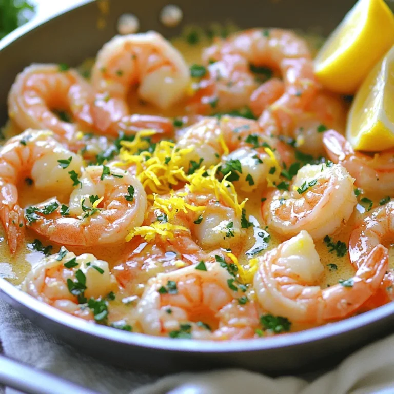 - 1 pound large shrimp, peeled and deveined - 4 tablespoons unsalted butter - 4 cloves fresh garlic, finely minced - Zest and juice of 1 large lemon - 1 teaspoon red pepper flakes - Salt, to taste - Freshly ground black pepper, to taste - Fresh parsley, finely chopped, for garnish - Lemon wedges, for serving You need large shrimp for this dish. They bring a nice texture. Use fresh garlic for the best flavor. The lemon zest adds brightness, while the juice keeps it zesty. Red pepper flakes give it a little kick. Always season with salt and pepper to taste. Fresh parsley adds a pop of color and freshness. Serve with lemon wedges for extra zest. - White wine or chicken broth - Different herbs, like thyme or basil - Garlic powder If you want more flavor, add white wine or chicken broth. These liquids create a nice sauce. You can also use different herbs to switch things up. Thyme or basil can add new notes. Garlic powder is another option if you like garlic flavor. Feel free to mix and match these options to suit your taste. For the full recipe, check out the [Full Recipe]. To start, heat a large skillet over medium heat. Add the unsalted butter. Watch it closely as it melts. You want it to foam but not brown. This keeps the taste fresh and light. Next, add the minced garlic and red pepper flakes. Sauté for about one minute. Stir constantly so the garlic stays golden. Avoid browning the garlic for the best flavor. Now it’s time for the shrimp! Carefully add them to the skillet. Make sure they are in a single even layer. This helps them cook evenly. Season them with salt and black pepper to your taste. Let the shrimp cook for 2-3 minutes. Watch for them to turn pink and opaque on one side. Once that happens, gently flip each shrimp. This will cook the other side perfectly. It’s time to add that bright flavor! Pour in the freshly squeezed lemon juice. Add the lemon zest over the shrimp too. Cook for another 2-3 minutes. This will ensure your shrimp is fully cooked and still juicy. Once done, take the skillet off the heat. Sprinkle freshly chopped parsley on top. This adds a pop of color and flavor. Serve the shrimp hot with lemon wedges on the side. Guests can squeeze extra lemon juice on their dish for more zing. For the full recipe, check out the section above! To pick fresh shrimp, look for these signs: - Clear eyes: They should be bright and clear. - Firm texture: Shrimp should feel firm, not mushy. - Fresh smell: There should be no strong fishy odor. - Color: For raw shrimp, a slight sheen is ideal. You can buy shrimp at local fish markets or grocery stores. Always ask for wild-caught shrimp when possible, as they often taste better. Overcooking shrimp can ruin the dish. Here are some tips: - Cook shrimp just until they turn pink and opaque. - Use medium-high heat to cook them quickly. - Keep an eye on the time; they usually take 4-6 minutes total. This timing helps keep them juicy and tender. Pair Lemon Garlic Butter Shrimp with these sides: - Garlic bread: Great for sopping up the sauce. - Steamed vegetables: Broccoli or asparagus work well. - Rice or pasta: They help balance the meal. For wine, a crisp white like Sauvignon Blanc complements shrimp nicely. Enjoy! {{image_4}} To make your dish spicy, simply adjust the heat. You can add more red pepper flakes to the shrimp. If you want more flavor, try using cayenne pepper or chili powder. Both add warmth without overpowering the lemon. You can turn this dish creamy by adding heavy cream. This gives the sauce a rich texture. To make this version, you need: - 1 cup heavy cream - 1 tablespoon lemon juice - 1 teaspoon garlic powder Add the cream after cooking the shrimp and let it simmer for a few minutes. Stir well to mix the flavors. This results in a smooth and luscious sauce that clings to the shrimp perfectly. To change this dish into a pasta meal, simply toss cooked pasta with the shrimp. I recommend using linguine or fettuccine for a great pairing. You’ll also need: - 8 ounces of pasta - 1/2 cup pasta water - Additional lemon zest Cook the pasta according to the package. Drain and reserve some pasta water. Add the shrimp, pasta, and some of the water to the skillet. Toss everything together and add lemon zest for extra flavor. This makes a wonderful and hearty meal that feels special. For the full recipe, check out the [Full Recipe]. After you make lemon garlic butter shrimp, you may have some leftovers. Here are some best practices for storing them: - Let the shrimp cool to room temperature. - Place leftovers in an airtight container. - Use a glass or plastic container with a tight lid. If you want to keep shrimp for a longer time, freezing is a great option. Here are some tips: - Wrap the shrimp tightly in plastic wrap. - Place them in a freezer-safe bag. - Squeeze out as much air as possible before sealing. To reheat shrimp without losing texture: - Thaw in the fridge overnight. - Heat gently in a skillet over low heat. Cooked shrimp can last in the fridge for a few days. Here’s what you need to know: - Leftovers will stay fresh for about 3 days in the fridge. - If they smell sour or look slimy, it’s best to throw them away. Storing your shrimp properly helps keep them tasty and safe to eat. For the full recipe, check out the details above. For this recipe, I recommend using large shrimp. Fresh shrimp always tastes best, but frozen shrimp works too. Just make sure to thaw it properly. When choosing size, go for 16-20 count shrimp. They are big enough to hold the flavor of the lemon garlic butter well. Yes, you can prepare shrimp in advance. Cook and chill the shrimp, then store it in the fridge. Reheat it gently in a skillet with a bit of butter. This keeps it tasty without overcooking. To make this dish low-carb, skip any breading or pasta. Instead, serve it over zucchini noodles or cauliflower rice. You can also use avocado oil instead of butter for a keto-friendly fat option. If you're looking for a vegetarian option, try using plant-based proteins like tofu or tempeh. Marinate them in lemon juice and garlic before cooking. This gives them a similar flavor profile to the shrimp. You can also use mushrooms for a meaty texture. For the full recipe, check the link provided. This blog covered how to make Lemon Garlic Butter Shrimp. We looked at essential ingredients, like fresh shrimp and garlic, along with key cooking steps. I shared tips for selecting shrimp, avoiding overcooking, and storing leftovers. You can also explore variations, such as a spicy version or shrimp pasta. Remember to enjoy this dish fresh, but feel free to get creative! With these insights, you can impress anyone at your next meal. Cooking shrimp can be simple and delicious. Try it, and make it your own!