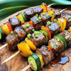- 1 lb beef sirloin, cut into 1-inch cubes - 1/4 cup soy sauce - 1/4 cup honey - 2 tablespoons rice vinegar - 2 cloves garlic, finely minced - 1 tablespoon fresh ginger, zested - 1 tablespoon sesame oil - 1 teaspoon red pepper flakes (optional) - 2 green onions, finely chopped - 1 bell pepper, cut into colorful chunks - 1 medium zucchini, sliced into thick rounds - Skewers (preferably wooden, soaked for 30 minutes or metal) - Grill or grill pan - Mixing bowl - Whisk - Plastic wrap - Serving platter Gather these ingredients and tools to create your teriyaki beef skewers. Each item plays a key role in building flavors and ensuring a great cook. The beef sirloin gives a rich taste, while the marinade adds sweetness and depth. Using colorful veggies brings not just taste but also a lovely look to your dish. Make sure you have everything on hand before you start cooking. You’ll find the full recipe details later in the article. In a mixing bowl, I whisk together these key ingredients: - 1/4 cup soy sauce - 1/4 cup honey - 2 tablespoons rice vinegar - 2 cloves garlic, finely minced - 1 tablespoon fresh ginger, zested - 1 tablespoon sesame oil - 1 teaspoon red pepper flakes (optional) Whisk until the mixture is smooth and well combined. This marinade gives the beef its rich flavor. Next, I take my beef sirloin cubes and add them to the marinade. I make sure each piece is well coated. Cover the bowl with plastic wrap. I let it sit in the fridge for at least 30 minutes. If you want an even deeper taste, marinate overnight. This step makes the beef so much more tasty. When the beef is ready, I preheat my grill or grill pan to medium-high heat. I also soak wooden skewers in water for 30 minutes. This prevents them from burning. Now, it’s time to build the skewers. I thread the marinated beef cubes onto the soaked skewers. I add colorful bell pepper chunks and thick zucchini rounds for a fun look. I grill the skewers for about 10-12 minutes. I turn them occasionally. This helps them cook evenly. I keep an eye on the beef to make sure it is juicy and perfectly cooked. After grilling, I take the skewers off the grill and let them rest for a few minutes. For added flavor, I drizzle any leftover marinade over the skewers. This makes them even better. For the complete recipe, check out my Teriyaki Beef Skewers with a Flavorful Twist . To make the best teriyaki beef skewers, marination is key. I suggest marinating the beef for at least 30 minutes. For deeper flavor, let it sit overnight. This time allows the beef to soak up all the yummy flavors from the marinade. When grilling, the goal is juicy and tender beef. Here are a few tips: - Preheat your grill to medium-high heat. This helps cook the beef evenly. - Keep an eye on the skewers while grilling. Turn them every few minutes. - Use a meat thermometer to check doneness. Aim for 135°F for medium-rare. This way, you avoid overcooking and keep your beef tender. Dips and sauces can elevate your meal. Here are some ideas: - Serve with extra teriyaki sauce for dipping. - A sprinkle of sesame seeds adds a nice touch. For presentation, place the skewers on a colorful platter. You can line it with banana leaves for a fun look. This makes your dish more appealing and delicious. For the full recipe, check out "Teriyaki Beef Skewers with a Flavorful Twist ". Enjoy your cooking adventure! {{image_4}} You can switch up the meat in your skewers. Try chicken, shrimp, or even tofu. Each option needs a different marination time. - Chicken: Marinate for 1-2 hours for a great flavor. - Shrimp: Just 15-30 minutes will do. - Tofu: Let it soak for about 30-60 minutes. These choices keep your meals exciting and tasty. Don't forget the veggies! You can add different vegetables to your skewers. - Mushrooms: They soak up the teriyaki sauce well. - Onions: Sweet onions add great flavor when grilled. - Zucchini: You can slice it thicker for a juicier bite. Mix and match to find your perfect blend. Want to spice things up? Adding new flavors can make your skewers unique. - Spices: Try adding cumin or paprika for a warm twist. - Sauces: Swap the teriyaki sauce for a sweet chili sauce. - Citrus: A squeeze of lime or lemon can brighten the dish. Experiment with these ideas to create your own signature skewers. For all the details, check the Full Recipe. To store leftover skewers, let them cool first. Place them in an airtight container. This keeps them fresh for up to three days. If you want to keep the flavors strong, don't forget to add some of the marinade. This step helps maintain moisture. Always label the container with the date. You can freeze both marinated beef cubes and cooked skewers. For marinated beef, place it in a freezer bag. Remove the air and seal it tight. It can stay in the freezer for up to three months. For cooked skewers, wrap them in foil or plastic wrap. Then, put them in a freezer-safe bag. This way, they won't get freezer burn. To reheat skewers, the oven works best. Preheat your oven to 350°F (175°C). Place the skewers on a baking sheet. Cover them with foil to keep them moist. Heat for about 10-15 minutes. You can also use a microwave. Just cover them with a damp paper towel. Heat for about one minute, checking often. This method keeps the flavors and texture intact. To check if your beef skewers are done, look for a few signs. First, you can use a meat thermometer. Aim for 145°F for medium-rare, 160°F for medium, and 170°F for well-done. If you don’t have a thermometer, you can also look at the color. The beef should be slightly pink in the center for medium-rare. The juices should run clear when you cut into it. Remember to keep an eye on the skewers while grilling. They usually take about 10-12 minutes. Yes! You can swap teriyaki sauce for other tasty options. Here are a few ideas: - Soy Sauce: A classic base with a saltier taste. - Barbecue Sauce: For a sweet and smoky flavor. - Hoisin Sauce: Adds a rich, thick sweetness. - Szechuan Sauce: For a spicy kick. Each sauce changes the dish's taste, so choose what you love! You can pair your skewers with many tasty sides. Here are some great ideas: - Steamed Rice: A classic choice to soak up the sauce. - Asian Slaw: Adds crunch and freshness. - Grilled Vegetables: Use any leftovers from your skewers. - Dipping Sauce: Offer extra teriyaki or soy sauce on the side. For drinks, try iced tea or a light beer. These options make a balanced and fun meal! For complete cooking details, check out the "Teriyaki Beef Skewers with a Flavorful Twist " recipe. You now know how to make tasty beef skewers using simple ingredients and steps. The marinade adds great flavor, while grilling gives a nice char. Remember tips for marination and grilling to keep the beef juicy. Feel free to swap meats and veggies for your taste. Store any leftovers properly to enjoy later. For more ideas, check the full recipe link. With these tips, you can make a meal that impresses friends and family. Happy grilling!