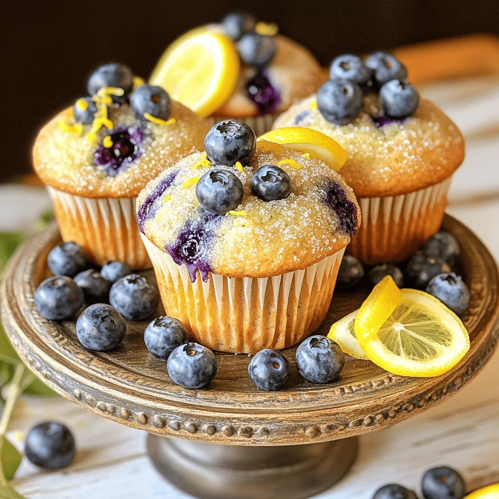 To make lemon blueberry muffins, you need fresh and simple ingredients. Here’s a list of what you'll need: - 1 ½ cups all-purpose flour - ½ cup granulated sugar - 1 tablespoon baking powder - ½ teaspoon baking soda - ¼ teaspoon salt - Zest of 1 lemon - ½ cup unsalted butter, melted - 1 large egg - 1 teaspoon pure vanilla extract - ½ cup buttermilk - 1 ½ cups fresh blueberries - 2 tablespoons fresh lemon juice - 1 tablespoon turbinado sugar for topping These ingredients work together to create a soft and tasty muffin. The lemon zest and juice give a bright flavor. The blueberries add sweetness and color. Using fresh ingredients makes a big difference in taste. If you want to try the full recipe for these delightful muffins, you can find it under Zesty Blueberry Delight Muffins. - Preheat the oven to 375°F (190°C). - Prepare the muffin tin with liners or grease it well. Setting the right temperature is key. A hot oven helps the muffins rise nicely. Lining the tin makes for easy cleanup and keeps the muffins from sticking. - Whisk together flour, sugar, baking powder, baking soda, salt, and lemon zest. Mixing the dry ingredients first helps evenly distribute the baking powder and baking soda. The lemon zest adds a fresh taste and aroma that boosts the flavor. - Blend melted butter, egg, vanilla extract, buttermilk, and lemon juice. In a separate bowl, whisk these wet ingredients well. The melted butter adds richness, while buttermilk gives the muffins a nice lift and moist texture. - Fold the wet ingredients into the dry ingredients. Pour the wet mix into the well of the dry mix. Use a spatula to fold gently. Be careful not to overmix; a few lumps are okay. This keeps the muffins soft and fluffy. - Gently fold in blueberries and fill muffin cups. Add the blueberries last to avoid crushing them. Spoon the batter into each muffin cup, filling them about three-quarters full. This allows room for rising. - Bake for 18-20 minutes, then cool on a wire rack. Check for doneness by inserting a toothpick in the center. If it comes out clean, the muffins are done. Let them cool for a few minutes before moving them to a wire rack to cool completely. Enjoy the aroma! For the complete recipe, see the Full Recipe section. - Avoid overmixing the batter: Overmixing can make muffins tough. Mix just until blended. This keeps them light and fluffy. - Ensure ingredients are at room temperature: When ingredients are warm, they mix better. It helps the muffins rise nicely and taste great. - Adding spices like cinnamon or nutmeg: A pinch of these spices can add warmth and depth. They complement the lemon and blueberry flavors well. - Using lemon extract for more flavor: If you crave a stronger lemon taste, add lemon extract. It boosts the citrus flavor, making each bite zesty. These tips can transform your muffins from good to amazing. You can find the full recipe for these delicious delights in the section above. Enjoy baking! {{image_4}} To make gluten-free lemon blueberry muffins, you need to change the flour. You can use a blend of gluten-free all-purpose flour. This blend often includes rice flour, potato starch, and xanthan gum. These ingredients help mimic the texture of regular flour. You can also try almond flour for a nutty flavor. Just remember, the muffins may turn out denser with almond flour. For vegan lemon blueberry muffins, swap the egg and dairy. Use flaxseed meal mixed with water to replace the egg. Mix one tablespoon of flaxseed meal with three tablespoons of water. Let it sit for a few minutes until it thickens. For milk, use almond milk or coconut milk in place of buttermilk. For the butter, you can use coconut oil or vegan butter. These changes keep the muffins tasty and plant-based. You can add more flavors to your lemon blueberry muffins. Try mixing in chopped nuts like walnuts or pecans for crunch. Chopped strawberries or raspberries also work well with blueberries. If you want a spicier kick, add a pinch of cardamom or cinnamon. These flavors can blend nicely with the lemon and blueberries. Get creative and find what flavors you enjoy the most! For the full recipe, check out Zesty Blueberry Delight Muffins. To keep your Lemon Blueberry Muffins fresh, store them at room temperature. Place them in an airtight container. This helps them stay soft and moist. If you need to keep them longer, refrigeration is not ideal. It can dry them out. Instead, consider freezing them for later. To freeze your muffins, first let them cool completely. Wrap each muffin tightly in plastic wrap. Then, place them in a freezer-safe bag. This keeps them fresh for about three months. When you're ready to enjoy one, remove it from the freezer. Thaw it at room temperature or warm it in the microwave for a few seconds. Enjoy your fresh muffin anytime! For the full recipe, check out the link above. To make your muffins moister, you can adjust the ingredients. Try adding a bit more buttermilk or a spoonful of sour cream. You can also reduce the baking time slightly. Overbaking can dry them out. Yes, you can use frozen blueberries. Do not thaw them before adding to the batter. This helps keep the muffins from turning blue. Just fold them in gently to avoid breaking them. These muffins last about 3 days at room temperature. If you put them in the fridge, they can last up to a week. Look for signs like dryness or mold to know if they are bad. You can serve these muffins with butter or cream cheese. A side of fresh fruit makes a nice touch. For drinks, try pairing them with tea or coffee for a delightful breakfast. Yes, you can make mini muffins. Use a mini muffin tin and fill each cup halfway. Bake them for about 10-12 minutes. Check with a toothpick to see if they are done. Lemon blueberry muffins are simple and delicious. We gathered key ingredients, mixed them well, and shared useful tips. Remember to fold gently to keep the muffins light and fluffy. Don't hesitate to experiment with flavors or make variations like gluten-free or vegan. Store your muffins properly to enjoy them longer. With this guide, baking these treats can be easy and fun! Enjoy your baking journey and share these muffins with friends and family.
