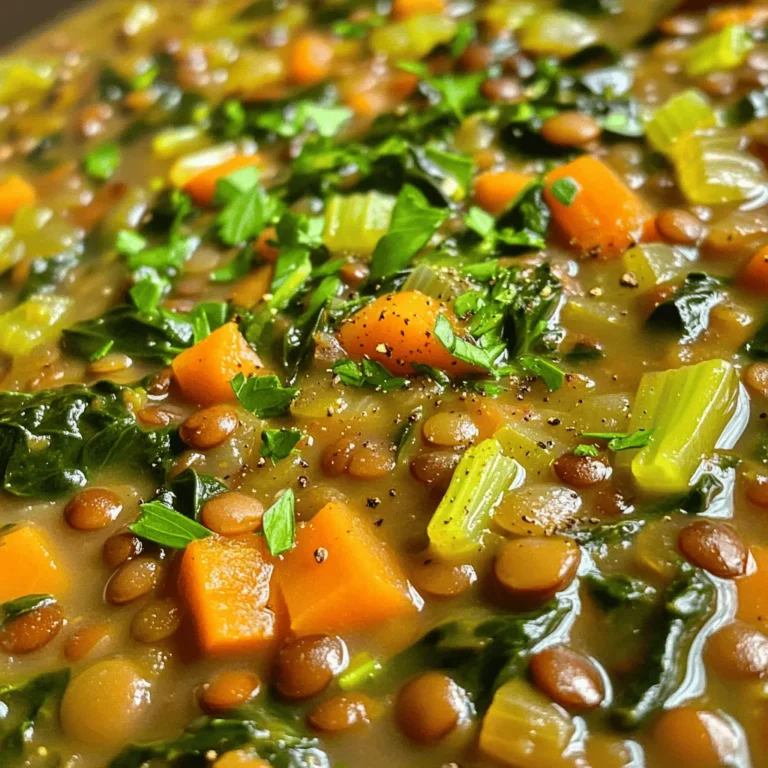 - 1 cup green or brown lentils - 1 medium onion, finely diced - 2 cloves of garlic, minced - 2 medium carrots, peeled and diced - 2 celery stalks, diced Lentil soup is simple to make, and it starts with the right ingredients. I love using green or brown lentils. They cook well and add great texture. An onion gives a sweet base, while garlic adds a nice kick. Carrots and celery bring crunch and flavor. - 1 teaspoon ground cumin - 1 teaspoon smoked paprika - Salt and freshly cracked pepper - Juice of 1 fresh lemon Seasonings are key. Cumin adds warmth, and smoked paprika gives depth. Salt and pepper enhance all the flavors. A squeeze of lemon brightens the soup. It’s a small touch but makes a big difference. - Fresh parsley leaves, finely chopped - Olive oil for drizzling Garnishes make your soup look great and taste even better. Fresh parsley adds color and freshness. A drizzle of olive oil gives richness and a lovely finish. For the full recipe, check out the details above. First, heat olive oil in a large pot over medium heat. When the oil shimmers, add the diced onion. Sauté until the onion is clear, about five minutes. Then, stir in minced garlic, diced carrots, and celery. Cook for three to four minutes. You want the veggies to soften a bit but not lose their crunch. Next, add rinsed lentils to the pot. Sprinkle in ground cumin, smoked paprika, salt, and pepper. Mix everything well. You want the spices to coat the lentils and veggies. Pour in six cups of vegetable broth. Raise the heat to bring it to a boil. Once boiling, lower the heat and cover the pot. Let it simmer for about 25 to 30 minutes or until the lentils are tender. After the lentils cook, stir in the chopped spinach. Squeeze in the juice of one fresh lemon. Cook for another five minutes. The spinach should wilt and add flavor. Taste your soup and adjust the seasonings as needed. If you like a creamier texture, use an immersion blender to blend a bit of the soup. Serve hot with a sprinkle of fresh parsley for color and taste. For the full recipe, check out the Lentil & Spinach Delight. To get lentils that are tender but not mushy, watch the cooking time. Lentils need about 25 to 30 minutes to cook. Check them after 20 minutes. If they feel soft but firm, they are ready. If you want creaminess, try using an immersion blender. Blend a part of the soup to add a smooth texture while keeping some chunks. Enhance the flavor with herbs and spices. Try adding thyme, bay leaves, or a pinch of cayenne pepper. These can bring out deeper notes in your soup. If you want a heartier meal, add protein. Cooked chicken, diced ham, or even chickpeas work well. They add both flavor and nutrition. Pair your lentil soup with crusty bread or a simple salad. A fresh green salad balances the warmth of the soup. Use deep bowls to serve the soup, as they keep it warm longer. For a bright touch, garnish with fresh parsley or a drizzle of olive oil before serving. This adds a pop of color and flavor to your dish. For the full recipe, check out the [Full Recipe]. {{image_4}} To make a fully vegan lentil soup, skip any animal products. Use vegetable broth instead of chicken broth. You can also add more veggies like bell peppers or zucchini for extra flavor. Consider using coconut milk for a creamy touch. Nutritional yeast can add a cheesy flavor without dairy. If you want a creamy texture, add dairy or dairy-free cream. You can use heavy cream or coconut cream for a rich taste. Stir the cream in when the soup is almost done cooking. This allows the cream to mix well and gives a smooth finish. You can also blend part of the soup to make it thicker. To add heat, mix in spices like cayenne pepper or crushed red pepper flakes. Start with a small amount and taste as you go. You can also serve the soup with hot sauce on the side for those who want extra kick. Cilantro or jalapeños can make great toppings for added flavor. For the full recipe, check out the Lentil & Spinach Delight. To keep your lentil soup fresh, store it in airtight containers. Glass or plastic containers work well. Make sure the soup cools down before sealing. This helps prevent condensation, which can lead to spoilage. If you have a lot of soup, divide it into smaller portions. This way, you can enjoy it in meals throughout the week. When reheating, use a pot over low heat. Stir the soup often to avoid burning. You can also use a microwave. Place the soup in a microwave-safe bowl and cover it loosely. Heat in short bursts, stirring in between. If you want to freeze it, pour the cooled soup into freezer bags. Lay them flat to save space. To thaw, place the bag in the fridge overnight or use a microwave. Lentil soup lasts about 3 to 5 days in the fridge. If you freeze it, it can last up to 3 months. Look for signs of spoilage like changes in color or smell. If it smells sour or looks off, it’s best to toss it. Keeping track of dates helps ensure you enjoy your soup at its best. For more on the recipe, check out the Full Recipe. To make lentil soup less thick, you can add more broth or water. Start with a little at a time. Heat the soup while stirring. This helps blend the extra liquid well. If it still feels thick, keep adding until you reach your desired consistency. Yes, you can use dried spinach, but it will change the taste. Dried spinach needs rehydration. Soak it in hot water for about 10 minutes before adding it to the soup. Keep in mind that dried spinach can have a stronger flavor than fresh. Lentil soup is very healthy. Lentils are high in protein and fiber. They help keep you full and support digestion. Spinach adds vitamins and minerals. It boosts your immune system and adds iron. This soup is also low in fat, making it a great choice for heart health. Absolutely! You can add vegetables like zucchini, bell peppers, or potatoes. Just chop them into small pieces. Add them when you sauté the onions and garlic. This way, they cook well and blend in with the flavors. You can also use frozen veggies if fresh ones are not available. You can keep lentil soup in the fridge for about 5 days. Store it in an airtight container to keep it fresh. Always check for signs of spoilage before eating. If it smells off or looks strange, it’s best to toss it out. For longer storage, consider freezing it. For the complete recipe, check out the Full Recipe section. Lentil soup is simple and full of flavor, packed with healthy ingredients. We explored the main ingredients, seasonings, and how to create the perfect texture. You learned tips for variations, storage, and reheating. Lastly, we answered common questions to make your cooking easier. Making lentil soup is rewarding and fun. Try new flavors and enjoy every bowl!