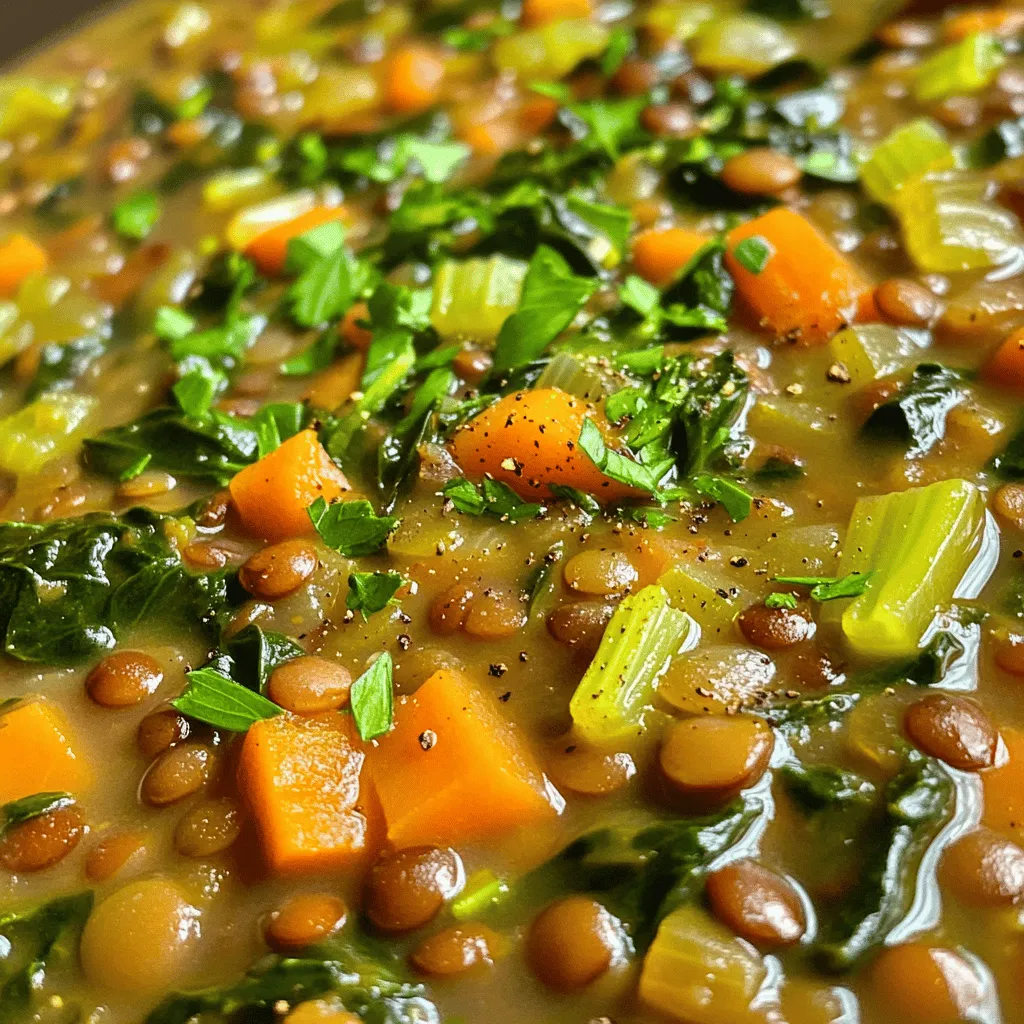 - 1 cup green or brown lentils - 1 medium onion, finely diced - 2 cloves of garlic, minced - 2 medium carrots, peeled and diced - 2 celery stalks, diced Lentil soup is simple to make, and it starts with the right ingredients. I love using green or brown lentils. They cook well and add great texture. An onion gives a sweet base, while garlic adds a nice kick. Carrots and celery bring crunch and flavor. - 1 teaspoon ground cumin - 1 teaspoon smoked paprika - Salt and freshly cracked pepper - Juice of 1 fresh lemon Seasonings are key. Cumin adds warmth, and smoked paprika gives depth. Salt and pepper enhance all the flavors. A squeeze of lemon brightens the soup. It’s a small touch but makes a big difference. - Fresh parsley leaves, finely chopped - Olive oil for drizzling Garnishes make your soup look great and taste even better. Fresh parsley adds color and freshness. A drizzle of olive oil gives richness and a lovely finish. For the full recipe, check out the details above. First, heat olive oil in a large pot over medium heat. When the oil shimmers, add the diced onion. Sauté until the onion is clear, about five minutes. Then, stir in minced garlic, diced carrots, and celery. Cook for three to four minutes. You want the veggies to soften a bit but not lose their crunch. Next, add rinsed lentils to the pot. Sprinkle in ground cumin, smoked paprika, salt, and pepper. Mix everything well. You want the spices to coat the lentils and veggies. Pour in six cups of vegetable broth. Raise the heat to bring it to a boil. Once boiling, lower the heat and cover the pot. Let it simmer for about 25 to 30 minutes or until the lentils are tender. After the lentils cook, stir in the chopped spinach. Squeeze in the juice of one fresh lemon. Cook for another five minutes. The spinach should wilt and add flavor. Taste your soup and adjust the seasonings as needed. If you like a creamier texture, use an immersion blender to blend a bit of the soup. Serve hot with a sprinkle of fresh parsley for color and taste. For the full recipe, check out the Lentil & Spinach Delight. To get lentils that are tender but not mushy, watch the cooking time. Lentils need about 25 to 30 minutes to cook. Check them after 20 minutes. If they feel soft but firm, they are ready. If you want creaminess, try using an immersion blender. Blend a part of the soup to add a smooth texture while keeping some chunks. Enhance the flavor with herbs and spices. Try adding thyme, bay leaves, or a pinch of cayenne pepper. These can bring out deeper notes in your soup. If you want a heartier meal, add protein. Cooked chicken, diced ham, or even chickpeas work well. They add both flavor and nutrition. Pair your lentil soup with crusty bread or a simple salad. A fresh green salad balances the warmth of the soup. Use deep bowls to serve the soup, as they keep it warm longer. For a bright touch, garnish with fresh parsley or a drizzle of olive oil before serving. This adds a pop of color and flavor to your dish. For the full recipe, check out the [Full Recipe]. {{image_4}} To make a fully vegan lentil soup, skip any animal products. Use vegetable broth instead of chicken broth. You can also add more veggies like bell peppers or zucchini for extra flavor. Consider using coconut milk for a creamy touch. Nutritional yeast can add a cheesy flavor without dairy. If you want a creamy texture, add dairy or dairy-free cream. You can use heavy cream or coconut cream for a rich taste. Stir the cream in when the soup is almost done cooking. This allows the cream to mix well and gives a smooth finish. You can also blend part of the soup to make it thicker. To add heat, mix in spices like cayenne pepper or crushed red pepper flakes. Start with a small amount and taste as you go. You can also serve the soup with hot sauce on the side for those who want extra kick. Cilantro or jalapeños can make great toppings for added flavor. For the full recipe, check out the Lentil & Spinach Delight. To keep your lentil soup fresh, store it in airtight containers. Glass or plastic containers work well. Make sure the soup cools down before sealing. This helps prevent condensation, which can lead to spoilage. If you have a lot of soup, divide it into smaller portions. This way, you can enjoy it in meals throughout the week. When reheating, use a pot over low heat. Stir the soup often to avoid burning. You can also use a microwave. Place the soup in a microwave-safe bowl and cover it loosely. Heat in short bursts, stirring in between. If you want to freeze it, pour the cooled soup into freezer bags. Lay them flat to save space. To thaw, place the bag in the fridge overnight or use a microwave. Lentil soup lasts about 3 to 5 days in the fridge. If you freeze it, it can last up to 3 months. Look for signs of spoilage like changes in color or smell. If it smells sour or looks off, it’s best to toss it. Keeping track of dates helps ensure you enjoy your soup at its best. For more on the recipe, check out the Full Recipe. To make lentil soup less thick, you can add more broth or water. Start with a little at a time. Heat the soup while stirring. This helps blend the extra liquid well. If it still feels thick, keep adding until you reach your desired consistency. Yes, you can use dried spinach, but it will change the taste. Dried spinach needs rehydration. Soak it in hot water for about 10 minutes before adding it to the soup. Keep in mind that dried spinach can have a stronger flavor than fresh. Lentil soup is very healthy. Lentils are high in protein and fiber. They help keep you full and support digestion. Spinach adds vitamins and minerals. It boosts your immune system and adds iron. This soup is also low in fat, making it a great choice for heart health. Absolutely! You can add vegetables like zucchini, bell peppers, or potatoes. Just chop them into small pieces. Add them when you sauté the onions and garlic. This way, they cook well and blend in with the flavors. You can also use frozen veggies if fresh ones are not available. You can keep lentil soup in the fridge for about 5 days. Store it in an airtight container to keep it fresh. Always check for signs of spoilage before eating. If it smells off or looks strange, it’s best to toss it out. For longer storage, consider freezing it. For the complete recipe, check out the Full Recipe section. Lentil soup is simple and full of flavor, packed with healthy ingredients. We explored the main ingredients, seasonings, and how to create the perfect texture. You learned tips for variations, storage, and reheating. Lastly, we answered common questions to make your cooking easier. Making lentil soup is rewarding and fun. Try new flavors and enjoy every bowl!