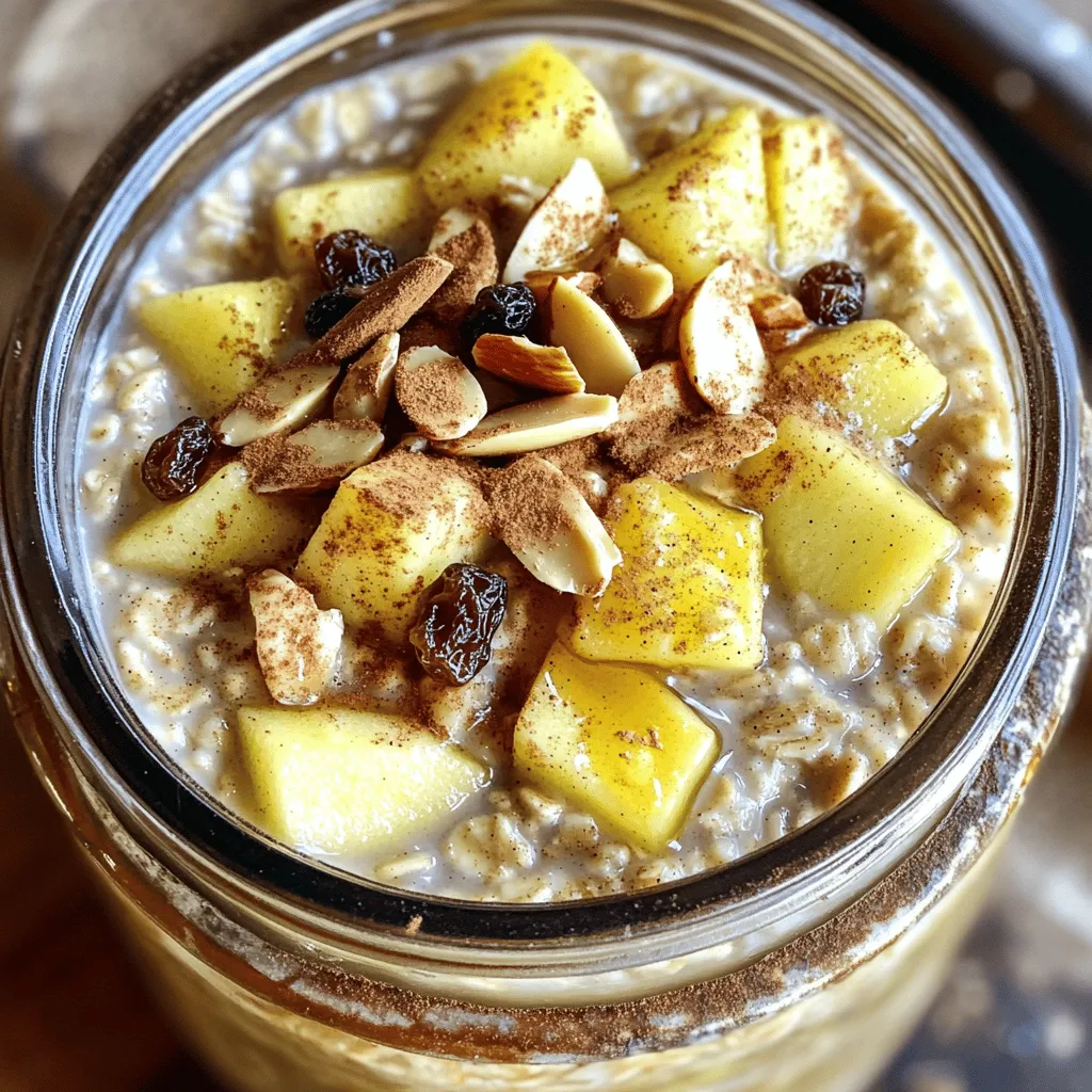 - 1 cup rolled oats - 1 cup almond milk - 1 medium apple, diced - 1 tablespoon chia seeds - 1 tablespoon maple syrup - 1 teaspoon ground cinnamon - 1/2 teaspoon vanilla extract - A pinch of salt - Sliced almonds - Raisins - Additional apple slices When you prepare Apple Cinnamon Overnight Oats, the ingredients are simple but packed with flavor. The rolled oats serve as a base and provide a hearty texture. I like to use almond milk, but feel free to choose any milk you enjoy. Dicing a medium apple adds sweetness and a fresh crunch. Chia seeds are my secret ingredient for added nutrition. For flavor, I use maple syrup, ground cinnamon, vanilla extract, and a pinch of salt. Together, they create a warm, comforting taste. If you want to take it up a notch, consider adding some optional toppings. Sliced almonds, raisins, or more apple slices make it visually appealing and add texture. This recipe is not just tasty; it is also healthy. You can find the full recipe above. Enjoy making these oats your way! - Gather all ingredients and tools needed. - You will need: - 1 cup rolled oats - 1 cup almond milk - 1 medium apple, diced - 1 tablespoon chia seeds - 1 tablespoon maple syrup - 1 teaspoon ground cinnamon - 1/2 teaspoon vanilla extract - A pinch of salt - Dice the apple into small pieces. - Measure out the oats and liquids carefully. - Add all ingredients to a bowl or jar. - Pour in the almond milk and add the diced apple. - Add chia seeds, maple syrup, ground cinnamon, vanilla extract, and salt. - Mix thoroughly to combine all flavors and textures. - Make sure the oats are well-coated in the liquid. - Cover and refrigerate overnight. - This helps the oats absorb the milk. - In the morning, stir the oats well. - If they seem thick, add a splash of almond milk. - Serve in bowls and add optional toppings. - Try sliced almonds, raisins, or more apple slices. For the complete recipe, check out the [Full Recipe]. Let the mixture soak for at least 4-6 hours. This time helps the oats absorb the almond milk. The oats will soften and become creamy. You can also adjust sweetness to your taste with maple syrup. More syrup gives it a sweet kick, while less keeps it light. If you want a creamier consistency, use more milk. Adding extra milk makes the oats smooth and delightful. You can also try different types of oats. Steel-cut oats give a chewier bite, while quick oats make it softer. Layer your oats in clear jars for a pretty look. It shows off the apples and oats nicely. For extra creaminess, add yogurt on top. This adds flavor and makes it more filling. These simple tips will make your breakfast look as good as it tastes! You can find the full recipe here. {{image_4}} You can easily switch things up with your Apple Cinnamon Overnight Oats. Here are some fun ideas to keep breakfast exciting: - Swap the apple for pears or bananas. These fruits add a sweet twist. - Try dried fruits like cranberries or apricots for a chewy texture. - Add nutmeg or ginger to change the spice mix. These spices bring warm notes. - Incorporate nut butter, like almond or peanut, for a creamy richness. - Use plant-based milk, like oat or soy, to make it vegan. This keeps it light and tasty. - Adjust portions or choose gluten-free oats to suit your diet needs. These variations make your breakfast fun and keep it fresh! For more ideas, check out the Full Recipe for Apple Cinnamon Overnight Oats. Store your apple cinnamon overnight oats in airtight containers. This helps keep them fresh. You can keep them in the fridge for up to 5 days. Make sure to stir well before serving. If the oats seem thick, add a little almond milk to adjust the texture. If you want a quick breakfast, freeze individual portions. This makes mornings easy and fast. To enjoy, simply thaw them in the refrigerator overnight before serving. This way, you will have a tasty and nutritious meal ready when you wake up. Typically, Apple Cinnamon Overnight Oats last up to 5 days in the fridge. This makes them a great option for meal prep. You can prepare several jars at once and grab them each morning. Yes, you can make these oats vegan. Just use plant-based milk and maple syrup as your sweetener. This way, you keep the dish tasty while making it suitable for a vegan diet. Overnight oats are rich in fiber and protein. They support digestion and help maintain energy levels throughout the day. This makes them a smart choice for breakfast. Yes, you can enjoy Apple Cinnamon Overnight Oats warm. Just pop them in the microwave for a cozy breakfast. This adds a comforting touch, especially on chilly mornings. To adjust the recipe for more servings, simply multiply the ingredient quantities by the number of servings you want. This makes it easy to serve a group or family without any hassle. For the full recipe, check out the detailed instructions above. In this post, we explored making delicious apple cinnamon overnight oats. You learned the main ingredients, plus how to enhance flavor and texture. We shared tips for perfect oats and creative variations. Finally, I provided storage tips to keep your oats fresh. These oats are easy, healthy, and fun to tweak. Try out your favorites and enjoy a tasty breakfast!