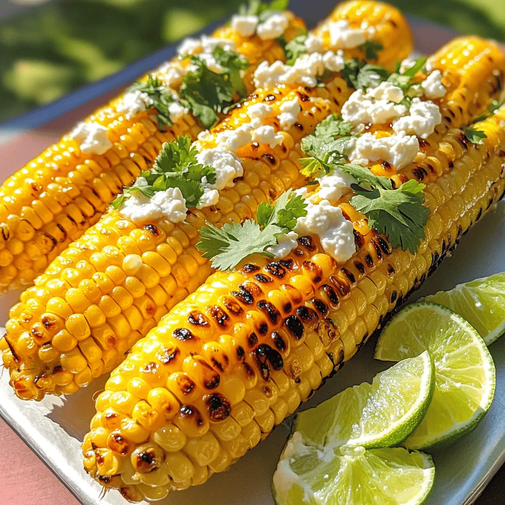 To make Chili Lime Corn on the Cob, start with fresh corn. You need: - 4 ears of fresh corn, husked Fresh corn gives the best flavor. Look for bright yellow kernels. They should feel firm and plump. This will make your dish taste sweet and juicy. Next, gather your flavoring ingredients. You will need: - 1/4 cup mayonnaise - 2 tablespoons sour cream - Zest of 1 lime - 2 tablespoons fresh lime juice - 1 teaspoon chili powder - 1/2 teaspoon smoked paprika - 1/4 teaspoon garlic powder - Salt, to taste These ingredients create a creamy and zesty coating. The lime adds brightness. Chili powder gives it a nice kick. Mix these well for the best flavor. Lastly, think about garnishes. These are optional but add great taste. Consider: - Crumbled feta cheese or Cotija cheese - Fresh cilantro, chopped Garnishes make your corn look pretty and taste even better. Cheese adds a salty touch. Cilantro brings freshness to every bite. For the full recipe, check out the instructions section. To start, fill a large pot with water. Bring the water to a vigorous boil. Once it boils, add the husked corn to the pot. Cook the corn for about 5-7 minutes. You want the kernels to be tender but still firm. After cooking, carefully remove the corn from the pot. Let it cool slightly so you can handle it safely. Next, grab a medium-sized mixing bowl. Combine the mayonnaise, sour cream, lime zest, and lime juice in the bowl. Add the chili powder, smoked paprika, garlic powder, and a pinch of salt. Stir this mixture until it’s smooth and creamy. This spread adds a great flavor to the corn. Now, it’s time to grill! Preheat your grill or grill pan to medium-high heat. Take the cooled corn and generously coat it with the mayo-lime mixture. Make sure to cover each ear well for the best taste. Place the coated corn on the grill. Rotate it occasionally while it cooks. Grill for about 5-10 minutes. Look for nice char marks to show it's done. Once grilled, remove the corn and let it rest for a minute. If you want, sprinkle crumbled feta or Cotija cheese, and fresh cilantro on top. This adds an extra burst of flavor. Serve the corn hot with lime wedges on the side for a zesty kick. You can find the full recipe above for more details! To get those perfect grill marks, start with a clean grill. Preheat it to medium-high heat. Place the corn on the grill and let it sit without moving it. After a few minutes, turn the corn a quarter turn. This gives you those beautiful crosshatch marks. Grill until the corn is hot and charred. It usually takes about 5-10 minutes. Remember, less is more when turning the corn. If you want more heat, add extra chili powder. For a milder version, reduce the chili powder. You can also mix in some cayenne pepper for a kick. Taste the mayo-lime mixture before spreading it on the corn. Adjust as needed to suit your taste. This way, everyone can enjoy their perfect level of spice. Serve the corn on a rustic wooden board or in a basket lined with parchment paper. This adds a nice touch. To make it pretty, sprinkle crumbled feta or Cotija cheese on top. Add fresh cilantro for a pop of color. Finally, serve with lime wedges on the side. This not only looks great but also adds more flavor. For more ideas, check the Full Recipe for inspiration. {{image_4}} You can add more heat to your corn by using fresh jalapeños. Dice them finely and mix them into the mayo-lime spread. You can also sprinkle extra chili powder on top for a fiery kick. If you love heat, try using a spicy chili sauce instead of mayo. This will give it a tangy and spicy flavor boost. For a vegetarian option, just skip the cheese or use a plant-based version. To make it vegan, swap the mayo and sour cream for vegan alternatives. There are many great plant-based mayo options available. Choose a brand you like and enjoy this dish without any animal products. This way, even more people can enjoy this tasty treat. You can get creative with flavors! Try adding fresh herbs like basil or mint for a fresh twist. You can also experiment with different spices. Cumin or smoked paprika can add depth to the flavor. Want something creamy? Mix in some avocado to your spread. Each of these options can give your chili lime corn a new and exciting taste. For the complete method and tips, check out the Full Recipe. If you have leftover chili lime corn, store it in the fridge. Wrap each ear in plastic wrap. Place the wrapped corn in an airtight container. This keeps it fresh for up to three days. If you notice any moisture, dry it off before wrapping. This helps prevent sogginess. Reheating is simple and quick. You can use a microwave or grill. If using a microwave, place the corn on a plate. Cover it with a damp paper towel. Heat for about 1-2 minutes. Check if it’s warm enough, then enjoy. For grilling, preheat your grill to medium heat. Place the corn on the grill for a few minutes, turning occasionally. This gives it a nice char while warming it up. Freezing corn on the cob is a great way to save it for later. First, let the corn cool completely. Then, cut the kernels off the cob if you prefer. Place the corn in freezer bags. Squeeze out as much air as possible before sealing. Label the bags with the date. Frozen corn can last up to six months. When ready to use, thaw it in the fridge overnight or run it under cold water. For the full preparation and cooking steps, check the Full Recipe. To cook corn on the cob, boil it for 5-7 minutes. This time makes the kernels tender but still firm. You want that perfect crunch when you bite into it. Boiling is quick and keeps the corn juicy. Yes, you can make Chili Lime Corn in the oven. Preheat your oven to 400°F (200°C). Place the husked corn on a baking sheet. Brush it with the mayo-lime spread. Bake for about 20-25 minutes, turning halfway through. This method gives a nice roasted flavor. Leftover corn is versatile! You can: - Add it to salads for crunch. - Mix it into soups for extra flavor. - Use it in salsas with tomatoes and onions. - Toss it into quesadillas for a tasty filling. - Blend it into corn fritters for a fun snack. These ideas let you enjoy that delicious corn again in new ways! For the full recipe, check out the detailed instructions above. In this post, I covered how to grill corn perfectly with fresh ingredients and flavorful spreads. We explored tips for grill marks and spice levels, plus fun variations like Spicy Chili Lime Corn. Remember, storing leftovers properly keeps the taste alive, and reheating can be easy. Whether you want a quick snack or a tasty side, grilled corn can shine on your table. Enjoy being creative with flavors and impressing others with your cooking skills!