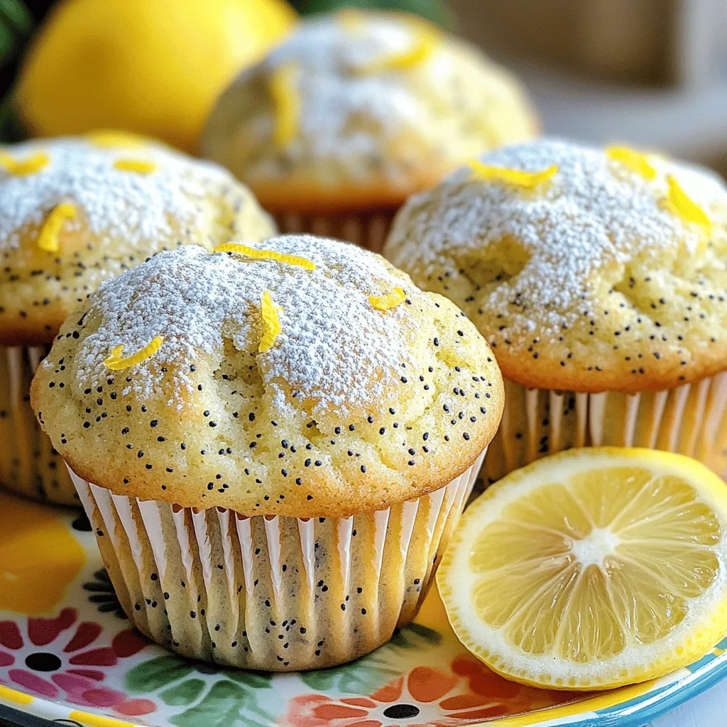To make zesty lemon poppy seed muffins, you will need: - 1 ½ cups all-purpose flour - ½ cup granulated sugar - 2 teaspoons baking powder - ½ teaspoon baking soda - ¼ teaspoon salt - Zest of 2 lemons (about 2 tablespoons) - ½ cup Greek yogurt (plain or vanilla) - ½ cup milk (any type) - 1 large egg - ¼ cup vegetable oil (or melted coconut oil) - 2 tablespoons poppy seeds - 1 teaspoon vanilla extract - 2 tablespoons fresh lemon juice You will need a few tools to make these muffins: - Muffin tin - Mixing bowls (one large and one medium) - Whisk or spatula - Measuring cups and spoons - Toothpick (to check doneness) - Wire rack - You can use almond milk or soy milk instead of regular milk. - If you don't have Greek yogurt, sour cream works well too. - For a dairy-free option, use plant-based yogurt and coconut oil. - You can swap all-purpose flour for whole wheat flour, but the texture may change. These details make preparing your lemon poppy seed muffins simple and fun. Check out the Full Recipe for more guidance! 1. Preheat your oven to 350°F (175°C). 2. Line a muffin tin with paper liners or grease each cup. 3. In a large bowl, mix together: - 1 ½ cups all-purpose flour - ½ cup granulated sugar - 2 teaspoons baking powder - ½ teaspoon baking soda - ¼ teaspoon salt - Zest of 2 lemons (about 2 tablespoons) 4. In another bowl, blend: - ½ cup Greek yogurt (plain or vanilla) - ½ cup milk (any type) - 1 large egg - ¼ cup vegetable oil (or melted coconut oil) - 1 teaspoon vanilla extract - 2 tablespoons fresh lemon juice 5. Stir the wet ingredients until smooth. 1. Gradually add the wet mix to the dry mix. 2. Use a spatula to fold them together gently. 3. Avoid overmixing to keep the muffins light. 4. Add in 2 tablespoons of poppy seeds and fold them in. 5. Fill each muffin cup about two-thirds full. 6. Bake in the oven for 18-20 minutes. 7. Check doneness with a toothpick; it should come out clean. 1. Let the muffins cool in the pan for about 5 minutes. 2. Transfer them to a wire rack to cool completely. 3. For serving, arrange them on a colorful platter. 4. Dust lightly with powdered sugar for flair. 5. Add a slice of fresh lemon on the side for extra zest. You can find the full recipe easily to get all the details you need! To get the best muffin texture, use room temperature ingredients. This helps the batter mix well. Be gentle when mixing the wet and dry ingredients. Overmixing can make the muffins tough. The goal is a light and fluffy muffin. Fill each cup about two-thirds full. This gives the muffins space to rise nicely. One common mistake is using cold ingredients. Cold eggs or milk can affect the rise. Another mistake is overbaking. Keep an eye on the muffins. They are done when a toothpick comes out clean. If you bake them too long, they can dry out. Lastly, don’t forget the lemon zest! It adds a fresh burst of flavor. You can boost the flavor with fun add-ins. Try adding blueberries or raspberries for a fruity twist. You can also mix in nuts like walnuts or almonds for crunch. If you want more lemon flavor, add a bit of lemon extract. Each of these add-ins can change the taste and make your muffins unique. For the full recipe, check the section above! {{image_4}} You can make gluten-free lemon poppy seed muffins easily. Substitute all-purpose flour with a gluten-free blend. Look for a mix that contains xanthan gum. This helps the muffins rise and stay soft. Follow the rest of the recipe as is. You’ll still enjoy that bright lemon flavor! Want to add some color and flavor? Toss in fresh berries. Blueberries or raspberries work great. Fold them into the batter gently before baking. This gives your muffins a fruity twist. The tartness of the berries pairs well with the lemon zest. It’s a simple way to brighten your muffins. You can easily make these muffins vegan. Replace the egg with a flax egg. Mix one tablespoon of flaxseed meal with three tablespoons of water. Let it sit for five minutes. For the Greek yogurt, use dairy-free yogurt. Almond or coconut yogurt works well. These swaps keep the muffins light and fluffy, just like the original recipe. Check out the full recipe for more details! To keep your lemon poppy seed muffins fresh, store them in an airtight container. This helps maintain their softness. You can keep them at room temperature for up to three days. If you want to keep them longer, the fridge is an option. Just note that the fridge may dry them out a bit. Freezing is a great way to save your muffins for later. To freeze, first let the muffins cool completely. Then, wrap each muffin tightly in plastic wrap. After that, place them in a freezer bag. This method helps prevent freezer burn. They can last up to three months in the freezer. When you want to enjoy your muffins again, reheating is simple. If they are frozen, take them out and let them thaw in the fridge overnight. For a quick option, use the microwave. Heat each muffin for 15-20 seconds. You can also warm them in the oven at 350°F (175°C) for about 5-10 minutes. This will make them taste fresh and fluffy again. If you want to add a zesty touch, drizzle a bit of lemon juice on top just before serving. For the complete recipe of these delightful muffins, check out the Full Recipe. Lemon poppy seed muffins last about three to five days at room temperature. Keep them in an airtight container. This helps keep them fresh and moist. If you store them in the fridge, they can last up to a week. However, the texture may change. You can also freeze them for up to three months. Just wrap them well before freezing. When you want to eat them, thaw them at room temperature. Yes, you can use whole wheat flour in this recipe. It adds a nutty flavor and is a healthier choice. Just keep in mind that whole wheat flour absorbs more liquid. You might need to add a little more milk or yogurt to keep the muffins moist. Start with a half cup of whole wheat flour and adjust as needed. The muffins will still turn out tasty and satisfying. You can serve lemon poppy seed muffins with many tasty options. They pair well with fruit spreads or lemon curd. Cream cheese or whipped butter also adds a nice touch. For a complete breakfast, enjoy them with yogurt or a smoothie. You can even serve them as a snack with tea or coffee. The bright flavors of lemon will lift your spirits! For the full recipe, check out the details above. You learned about the key ingredients and tools for making lemon poppy seed muffins. I shared clear steps for preparing, baking, and serving your muffins. Tips helped you avoid common errors and improve texture and flavor. You saw delicious variations, like gluten-free and vegan options. Finally, I covered how to store muffins and answered common questions. Now, you’re ready to bake tasty muffins that everyone will love. Enjoy your baking journey!