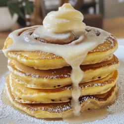 To create these delightful pancakes, gather the following main ingredients: - 1 cup all-purpose flour - 2 tablespoons granulated sugar - 2 teaspoons baking powder - 1/2 teaspoon baking soda - 1/2 teaspoon salt - 1 cup buttermilk, at room temperature - 1 large egg - 2 tablespoons unsalted butter, melted - 1 teaspoon vanilla extract These ingredients combine to make a fluffy pancake base that is rich in flavor. For the cinnamon swirl, you will need: - 3 tablespoons packed brown sugar - 1 teaspoon ground cinnamon - 2 tablespoons unsalted butter, melted This swirl adds a sweet and spicy touch to each bite, just like a cinnamon roll. To finish with a creamy glaze, use: - 4 ounces cream cheese, softened to room temperature - 1/2 cup powdered sugar - 2 tablespoons milk - 1/2 teaspoon vanilla extract The glaze elevates the pancakes and gives them a fancy touch. For the full recipe, check out the complete list of steps to create this delicious breakfast treat. To make the cinnamon swirl, mix three tablespoons of brown sugar, one teaspoon of ground cinnamon, and two tablespoons of melted butter in a small bowl. Stir until you have a smooth paste. This will give your pancakes that sweet, cinnamon flavor. Next, transfer this mixture to a piping bag. If you don't have one, you can use a plastic sandwich bag. Just snip one corner to create a simple piping tool. Set this aside for later. Now, let's make the pancake batter. In a large bowl, whisk together one cup of all-purpose flour, two tablespoons of granulated sugar, two teaspoons of baking powder, half a teaspoon of baking soda, and half a teaspoon of salt. In a separate bowl, beat together one cup of buttermilk, one large egg, two tablespoons of melted butter, and one teaspoon of vanilla extract. Pour the wet mixture into the dry ingredients. Stir gently just until combined. Be careful not to over-mix; this will help keep your pancakes fluffy. Next, heat a large griddle or non-stick skillet over medium heat. Lightly grease the surface with a bit of butter or cooking oil to prevent sticking. For each pancake, pour about a quarter cup of batter onto the preheated griddle. Before you flip them, use your piping bag to create a spiral pattern with the cinnamon swirl mixture on top of the batter. Let the pancakes cook until you see bubbles forming on the surface. This usually takes about two to three minutes. You’ll also notice the edges look set. Carefully flip the pancakes and cook for another two to three minutes, until both sides are golden brown. While they finish cooking, prepare the cream cheese glaze. In a bowl, beat four ounces of softened cream cheese until smooth. Gradually add half a cup of powdered sugar, two tablespoons of milk, and half a teaspoon of vanilla extract. Mix until you have a creamy, pourable glaze. Now stack those fluffy pancakes on a plate, drizzle the cream cheese glaze on top, and enjoy your delicious cinnamon roll pancakes! For the full recipe, check out the details above. To make your pancakes fluffy, focus on mixing. When combining wet and dry ingredients, mix just until combined. This keeps the batter light. Overmixing leads to tough pancakes. For cooking, use medium heat. A hot griddle helps create golden-brown pancakes. If the pan is too hot, the outside cooks too fast. You'll end up with raw batter inside. A perfect cinnamon swirl is key for visual appeal. For the swirl, your cinnamon mixture should be thick but smooth. If it's too runny, it won’t hold its shape. Use a piping bag or a sandwich bag with a corner snipped. Practice makes perfect! Spiral the mixture on top of the batter before flipping for a great design. Your cream cheese glaze should be pourable but not too thin. If it’s too thick, add a bit more milk. If it’s too thin, add more powdered sugar. You can also play with flavors. Try adding maple syrup or a dash of orange zest. These variations enhance the glaze and add a unique twist to your pancakes. {{image_4}} You can add a twist to your cinnamon roll pancakes by mixing in chocolate chips or nuts. Chocolate chips bring rich sweetness, while nuts add crunch. Try walnuts or pecans for a nice touch. You can also sprinkle in different spices. Nutmeg or ginger can give your pancakes a warm flavor. Experiment with what you like best! Want a healthier version? Use whole wheat flour instead of all-purpose flour. This change adds fiber and nutrients. You can also swap out sugar with alternatives like honey or maple syrup. For a lighter option, try non-dairy milk instead of buttermilk. Almond or oat milk works great! You can use dairy-free cream cheese for the glaze to keep it healthy. Serving your pancakes with fresh fruits makes them even better. Try strawberries, blueberries, or bananas. They add color and freshness. You can also drizzle maple syrup or honey on top. For drinks, serve with coffee, tea, or fresh juice. These pairings enhance the whole meal, making breakfast a real treat. Enjoy these delicious cinnamon roll pancakes with your favorite toppings! Check out the Full Recipe for more details. After enjoying your cinnamon roll pancakes, you might have some left. To keep them fresh, store them in an airtight container. Place parchment paper between layers to avoid sticking. You can keep them in the refrigerator for up to four days. If you want them to last longer, freeze them. Frozen pancakes can stay good for about three months. When it's time to enjoy your leftover pancakes, reheating is key. The best method is to use a microwave. Place a pancake on a microwave-safe plate, cover it with a damp paper towel, and heat for about 20-30 seconds. This keeps them fluffy. You can also use a skillet. Heat them on medium-low for a few minutes on each side. This way, they warm up nicely without drying out. To freeze your pancakes, first let them cool completely. Then, stack them with parchment paper in between. Wrap the stack tightly in plastic wrap. After that, place it in a freezer-safe bag. Make sure to squeeze out any air. When you want to eat them, take a few out and let them thaw in the fridge overnight. To reheat, use the microwave or skillet method mentioned earlier. Enjoy your cinnamon roll pancakes again! Yes, you can prepare these pancakes ahead of time. Make the batter and store it in the fridge for up to 24 hours. This saves time on busy mornings. You can also cook the pancakes and store them in an airtight container. They will last in the fridge for about three days. If you don't have buttermilk, you can make a quick substitute. Mix 1 cup of milk with 1 tablespoon of lemon juice or white vinegar. Let it sit for five minutes to thicken. This works well in the recipe. To keep pancakes warm, preheat your oven to 200°F (93°C). Place a baking sheet inside. As you cook each pancake, transfer them to the baking sheet. This keeps them warm without cooking them further. Yes, you can freeze these pancakes. After cooking, let them cool completely. Place them in a single layer on a baking sheet. Freeze for about an hour, then transfer them to a freezer bag. They can stay frozen for up to three months. If your pancakes turn out dense, check your mixing technique. Avoid overmixing the batter. Also, ensure your baking powder is fresh. If needed, add a little more buttermilk to loosen the batter. Yes, you can easily make a vegan version. Use plant-based milk instead of buttermilk. Substitute the egg with a flax egg (1 tablespoon of flaxseed meal mixed with 2.5 tablespoons of water). For the cream cheese glaze, use vegan cream cheese. Making cinnamon roll pancakes is simple and fun. We covered the key ingredients, like flour, sugar, and buttermilk. I shared step-by-step instructions to help guide you. Remember to focus on the swirl and glaze for the best taste. You can even try variations with nuts or healthier swaps. Don’t forget the tips for storing and reheating pancakes, too. Whether you enjoy them fresh or saved for later, these pancakes are sure to please. Enjoy your creation!