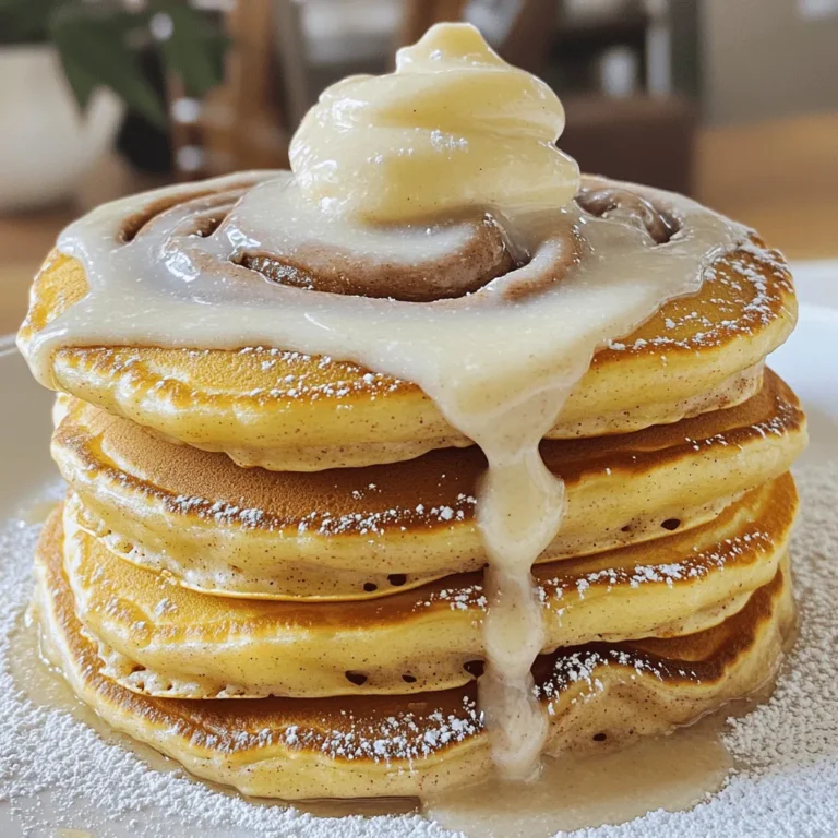 To create these delightful pancakes, gather the following main ingredients: - 1 cup all-purpose flour - 2 tablespoons granulated sugar - 2 teaspoons baking powder - 1/2 teaspoon baking soda - 1/2 teaspoon salt - 1 cup buttermilk, at room temperature - 1 large egg - 2 tablespoons unsalted butter, melted - 1 teaspoon vanilla extract These ingredients combine to make a fluffy pancake base that is rich in flavor. For the cinnamon swirl, you will need: - 3 tablespoons packed brown sugar - 1 teaspoon ground cinnamon - 2 tablespoons unsalted butter, melted This swirl adds a sweet and spicy touch to each bite, just like a cinnamon roll. To finish with a creamy glaze, use: - 4 ounces cream cheese, softened to room temperature - 1/2 cup powdered sugar - 2 tablespoons milk - 1/2 teaspoon vanilla extract The glaze elevates the pancakes and gives them a fancy touch. For the full recipe, check out the complete list of steps to create this delicious breakfast treat. To make the cinnamon swirl, mix three tablespoons of brown sugar, one teaspoon of ground cinnamon, and two tablespoons of melted butter in a small bowl. Stir until you have a smooth paste. This will give your pancakes that sweet, cinnamon flavor. Next, transfer this mixture to a piping bag. If you don't have one, you can use a plastic sandwich bag. Just snip one corner to create a simple piping tool. Set this aside for later. Now, let's make the pancake batter. In a large bowl, whisk together one cup of all-purpose flour, two tablespoons of granulated sugar, two teaspoons of baking powder, half a teaspoon of baking soda, and half a teaspoon of salt. In a separate bowl, beat together one cup of buttermilk, one large egg, two tablespoons of melted butter, and one teaspoon of vanilla extract. Pour the wet mixture into the dry ingredients. Stir gently just until combined. Be careful not to over-mix; this will help keep your pancakes fluffy. Next, heat a large griddle or non-stick skillet over medium heat. Lightly grease the surface with a bit of butter or cooking oil to prevent sticking. For each pancake, pour about a quarter cup of batter onto the preheated griddle. Before you flip them, use your piping bag to create a spiral pattern with the cinnamon swirl mixture on top of the batter. Let the pancakes cook until you see bubbles forming on the surface. This usually takes about two to three minutes. You’ll also notice the edges look set. Carefully flip the pancakes and cook for another two to three minutes, until both sides are golden brown. While they finish cooking, prepare the cream cheese glaze. In a bowl, beat four ounces of softened cream cheese until smooth. Gradually add half a cup of powdered sugar, two tablespoons of milk, and half a teaspoon of vanilla extract. Mix until you have a creamy, pourable glaze. Now stack those fluffy pancakes on a plate, drizzle the cream cheese glaze on top, and enjoy your delicious cinnamon roll pancakes! For the full recipe, check out the details above. To make your pancakes fluffy, focus on mixing. When combining wet and dry ingredients, mix just until combined. This keeps the batter light. Overmixing leads to tough pancakes. For cooking, use medium heat. A hot griddle helps create golden-brown pancakes. If the pan is too hot, the outside cooks too fast. You'll end up with raw batter inside. A perfect cinnamon swirl is key for visual appeal. For the swirl, your cinnamon mixture should be thick but smooth. If it's too runny, it won’t hold its shape. Use a piping bag or a sandwich bag with a corner snipped. Practice makes perfect! Spiral the mixture on top of the batter before flipping for a great design. Your cream cheese glaze should be pourable but not too thin. If it’s too thick, add a bit more milk. If it’s too thin, add more powdered sugar. You can also play with flavors. Try adding maple syrup or a dash of orange zest. These variations enhance the glaze and add a unique twist to your pancakes. {{image_4}} You can add a twist to your cinnamon roll pancakes by mixing in chocolate chips or nuts. Chocolate chips bring rich sweetness, while nuts add crunch. Try walnuts or pecans for a nice touch. You can also sprinkle in different spices. Nutmeg or ginger can give your pancakes a warm flavor. Experiment with what you like best! Want a healthier version? Use whole wheat flour instead of all-purpose flour. This change adds fiber and nutrients. You can also swap out sugar with alternatives like honey or maple syrup. For a lighter option, try non-dairy milk instead of buttermilk. Almond or oat milk works great! You can use dairy-free cream cheese for the glaze to keep it healthy. Serving your pancakes with fresh fruits makes them even better. Try strawberries, blueberries, or bananas. They add color and freshness. You can also drizzle maple syrup or honey on top. For drinks, serve with coffee, tea, or fresh juice. These pairings enhance the whole meal, making breakfast a real treat. Enjoy these delicious cinnamon roll pancakes with your favorite toppings! Check out the Full Recipe for more details. After enjoying your cinnamon roll pancakes, you might have some left. To keep them fresh, store them in an airtight container. Place parchment paper between layers to avoid sticking. You can keep them in the refrigerator for up to four days. If you want them to last longer, freeze them. Frozen pancakes can stay good for about three months. When it's time to enjoy your leftover pancakes, reheating is key. The best method is to use a microwave. Place a pancake on a microwave-safe plate, cover it with a damp paper towel, and heat for about 20-30 seconds. This keeps them fluffy. You can also use a skillet. Heat them on medium-low for a few minutes on each side. This way, they warm up nicely without drying out. To freeze your pancakes, first let them cool completely. Then, stack them with parchment paper in between. Wrap the stack tightly in plastic wrap. After that, place it in a freezer-safe bag. Make sure to squeeze out any air. When you want to eat them, take a few out and let them thaw in the fridge overnight. To reheat, use the microwave or skillet method mentioned earlier. Enjoy your cinnamon roll pancakes again! Yes, you can prepare these pancakes ahead of time. Make the batter and store it in the fridge for up to 24 hours. This saves time on busy mornings. You can also cook the pancakes and store them in an airtight container. They will last in the fridge for about three days. If you don't have buttermilk, you can make a quick substitute. Mix 1 cup of milk with 1 tablespoon of lemon juice or white vinegar. Let it sit for five minutes to thicken. This works well in the recipe. To keep pancakes warm, preheat your oven to 200°F (93°C). Place a baking sheet inside. As you cook each pancake, transfer them to the baking sheet. This keeps them warm without cooking them further. Yes, you can freeze these pancakes. After cooking, let them cool completely. Place them in a single layer on a baking sheet. Freeze for about an hour, then transfer them to a freezer bag. They can stay frozen for up to three months. If your pancakes turn out dense, check your mixing technique. Avoid overmixing the batter. Also, ensure your baking powder is fresh. If needed, add a little more buttermilk to loosen the batter. Yes, you can easily make a vegan version. Use plant-based milk instead of buttermilk. Substitute the egg with a flax egg (1 tablespoon of flaxseed meal mixed with 2.5 tablespoons of water). For the cream cheese glaze, use vegan cream cheese. Making cinnamon roll pancakes is simple and fun. We covered the key ingredients, like flour, sugar, and buttermilk. I shared step-by-step instructions to help guide you. Remember to focus on the swirl and glaze for the best taste. You can even try variations with nuts or healthier swaps. Don’t forget the tips for storing and reheating pancakes, too. Whether you enjoy them fresh or saved for later, these pancakes are sure to please. Enjoy your creation!
