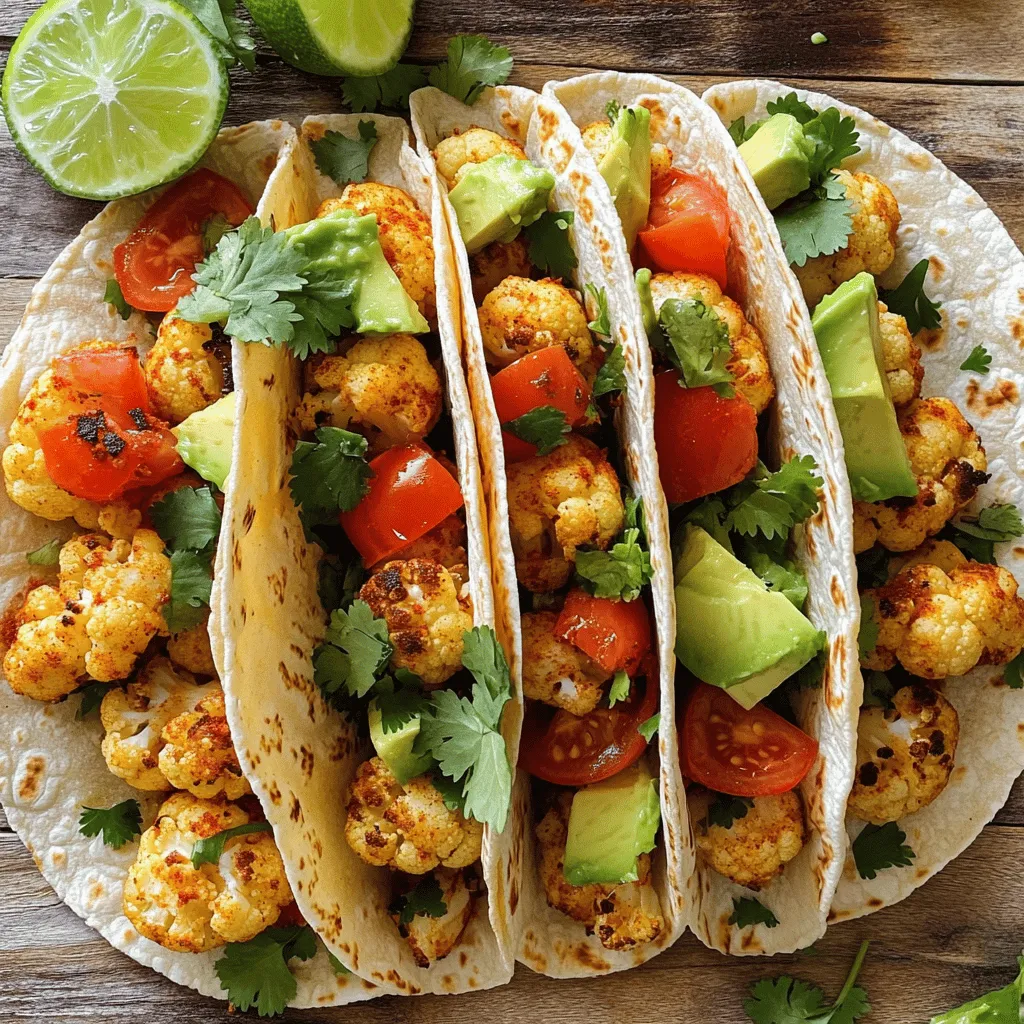 For these tasty vegan cauliflower tacos, you will need: - 1 medium cauliflower, cut into bite-sized florets - 1 tablespoon extra-virgin olive oil - 1 teaspoon smoked paprika - 1 teaspoon ground cumin - 1 teaspoon garlic powder - ½ teaspoon chili powder - Salt and freshly ground black pepper, to taste - 8 small corn tortillas - 1 cup ripe tomatoes, diced - 1 ripe avocado, sliced - ½ cup fresh cilantro, roughly chopped - Lime wedges, for serving If you can’t find an ingredient, don’t worry. You can swap some items easily: - Use coconut oil instead of olive oil for a hint of sweetness. - Try fresh herbs like parsley instead of cilantro for a different flavor. - Any tortilla type can work; use flour tortillas if you prefer. - Swap tomatoes with mango for a fruity twist. Each serving of these flavorful tacos provides: - Calories: 210 - Protein: 6g - Carbohydrates: 30g - Fiber: 8g - Fat: 8g - Vitamin C: 40% of your daily needs These tacos not only taste great, but they also pack a healthy punch. Eating vibrant, fresh meals like this is a joy! For the full recipe, check out the details above. To start, you need to preheat your oven. Set it to 425°F (220°C). This will make the cauliflower crispy. In a large bowl, mix the cauliflower florets with olive oil and spices. Use smoked paprika, ground cumin, garlic powder, chili powder, salt, and black pepper. Make sure every piece is coated well. Next, place the seasoned cauliflower on a baking sheet lined with parchment paper. Spread them out so they roast evenly. Roast for 25-30 minutes. Stir halfway through to ensure they brown nicely. This step gives you that perfect crunch. Timing is key when roasting cauliflower. At 425°F, it cooks quickly and gets crispy. The cauliflower should be golden brown and tender. If you like it crispier, you can roast it for a few more minutes. Just keep an eye on it to avoid burning. While your cauliflower is roasting, warm the corn tortillas. Heat a skillet over medium heat. Place each tortilla in the pan for about 1 minute on each side. They should be soft and slightly toasted. This makes them easier to fold. To keep them warm, wrap the tortillas in a clean cloth. This helps them stay fresh until you’re ready to serve. For the full recipe, check out the sections above and enjoy making these vibrant vegan cauliflower tacos! To get the best flavor, start with a hot oven. Preheat it to 425°F (220°C). Cut the cauliflower into bite-sized florets. Make sure they are even in size. This helps them roast evenly. Toss the florets with olive oil and spices until well coated. Spread them out on a baking sheet. Avoid crowding the pan; this ensures crispiness. Roast for 25-30 minutes. Stir them halfway through for even browning. The florets should be golden and crisp when done. Marinades can take your cauliflower to the next level. Try mixing olive oil with lime juice, garlic, and spices. Let the cauliflower soak in this mix for at least 30 minutes before roasting. This extra time allows the flavors to sink in. You can also add a dash of soy sauce or tahini for a deeper taste. Experiment with your favorite spices too, like curry powder or chili flakes, to find your perfect blend. When serving your tacos, think about balance. Fresh toppings make a big difference. Use diced tomatoes, creamy avocado, and cilantro to add flavor and texture. You can also add shredded lettuce or chopped bell peppers for crunch. Serve the tacos on a colorful platter. Lime wedges are a must for a zesty kick. This will make your meal fun and interactive. For a complete dinner, pair these tacos with a side of black beans or a fresh salad. Try the full recipe for a delightful meal that everyone will love! {{image_4}} You can change the flavor of your tacos by using different spices. Try adding cayenne for heat. You can also use coriander for a fresh taste. If you want a smoky flavor, add chipotle powder. Experiment with curry powder for an Indian twist. Each spice brings a new flavor to your dish. Tacos are fun because you can add many toppings. Swap out tomatoes for mango salsa for a sweet touch. Add pickled red onions for a tangy crunch. You can also use shredded lettuce or cabbage for extra freshness. Try adding dairy-free cheese for a creamy bite. This recipe is easy to make gluten-free. Simply use corn tortillas, which are naturally gluten-free. If you want, you can also use lettuce wraps instead. They add a crunchy texture and are low in carbs. Always check labels to ensure your toppings are gluten-free too. For more details, check the Full Recipe. To keep your vegan cauliflower tacos fresh, store them in an airtight container. Place the tacos in the fridge for up to three days. If you have leftover filling, store it separately for better texture. Always let the tacos cool before sealing to avoid moisture buildup. Reheat your tacos in a skillet on low heat. This keeps the tortillas soft and warm. Heat for about 2-3 minutes on each side. If you stored the filling separately, warm it in the microwave or on the stove. Stir occasionally for even heating. You can freeze the roasted cauliflower for later use. Let it cool completely, then place it in a freezer-safe bag. Remove as much air as possible. The cauliflower lasts in the freezer for up to three months. To use, thaw overnight in the fridge before reheating. For best taste, avoid freezing the assembled tacos. Use the Full Recipe for fresh tacos every time! Yes, you can use frozen cauliflower. Just thaw it first. Drain any excess water. Then, follow the same steps to coat and roast. This will still give you tasty tacos. The texture may differ slightly but will work well. To spice up your tacos, add more chili powder. You can also use diced jalapeños for heat. Try adding hot sauce to the toppings. Another option is to sprinkle red pepper flakes before serving. Taste as you go to get your perfect heat level. These tacos pair well with fresh sides. Consider a simple green salad with lime dressing. You can serve them with corn salad for a sweet touch. Guacamole and tortilla chips also work nicely. Lastly, a side of black beans brings protein and flavor. This blog post covered everything you need for tasty vegan cauliflower tacos. We explored the right ingredients and helpful substitutions. You learned the step-by-step cooking process and how to perfect roasting. I shared tips to enhance flavor and gave ideas for leftovers. These tacos are simple to make and full of flavor. With the right ingredients and techniques, you can enjoy a satisfying meal any day. Try different spices and toppings to keep things fun! Enjoy cooking and tasting your delicious tacos!