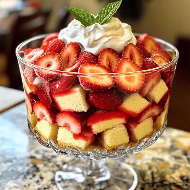 - 2 cups fresh strawberries, hulled and sliced - 1 tablespoon granulated sugar - 1 batch of vanilla sponge cake (approximately 4 cups, cubed) - 2 cups whipped cream (can be store-bought or homemade) - 1 cup mascarpone cheese - 1 teaspoon vanilla extract - Fresh mint leaves for garnish - Mixing bowls - Hand mixer or stand mixer - Trifle dish or serving cups - Other berries (blueberries, raspberries) - Flavored extracts (almond, lemon) To create a delightful strawberry shortcake trifle, you need fresh strawberries. I love using ripe strawberries. They add sweetness and a lovely color. You will also need mascarpone cheese. This cheese gives a rich, creamy taste. Vanilla sponge cake is key for a light texture. It soaks up the strawberry juice perfectly. Gather your mixing bowls and a hand mixer or stand mixer. A trifle dish or clear serving cups makes the layers shine. This dessert looks as great as it tastes! You can also add optional ingredients. Other berries like blueberries or raspberries bring extra flavor. Flavored extracts like almond or lemon can enhance the taste. Mix and match to create your perfect trifle! For the full recipe, check out the complete guide. To start, take 2 cups of fresh strawberries. Hull and slice them into small pieces. Place the strawberries in a medium bowl and add 1 tablespoon of granulated sugar. Gently stir the strawberries to coat them in sugar. Let them sit for about 10-15 minutes. This step draws out the natural juices, creating a sweet syrup that adds flavor. Next, we need to make the whipped cream. If you prefer homemade, pour 2 cups of heavy cream into a mixing bowl. Use a hand mixer or a stand mixer to whip the cream until soft peaks form. This should take just a few minutes. After that, fold in 1 cup of mascarpone cheese and 1 teaspoon of vanilla extract. Mix until the mixture is smooth and well combined. This creamy layer is key to your trifle's success. Now it’s time to build your trifle. Grab your trifle dish or some clear serving cups. Start by layering the cubed vanilla sponge cake at the bottom. Spread it out evenly. Next, spoon a generous layer of the macerated strawberries over the cake. Don’t forget to drizzle some of that delicious syrup on top. Then, add a layer of the whipped cream. Spread it evenly over the strawberries. Repeat these layers until you fill the dish. Start with more sponge cake, then another layer of strawberries, and finish with the remaining whipped cream. For a nice touch, create a decorative swirl on top of the cream. Finally, chill your trifle in the refrigerator for at least 1 hour. This time helps the flavors meld together. It also lets the sponge cake soak up the strawberry juices. Just before serving, garnish with fresh mint leaves for color and aroma. You now have a delightful Strawberry Shortcake Trifle to enjoy! For the complete process, refer to the Full Recipe. How to adjust sweetness: Start by tasting your strawberries. If they are tart, add a bit more sugar when macerating them. Mix in a teaspoon at a time until you reach a level you enjoy. You want the strawberries to be sweet but not overly sugary. Enhancing the strawberry flavor: To boost the strawberry flavor, try adding a splash of fresh lemon juice. This will brighten the taste without overpowering it. You can also mix in a bit of strawberry extract for a deeper flavor. Tips for even layers: When adding layers, use a spoon to gently spread each layer evenly. This helps to keep the layers distinct and beautiful. Try to avoid pressing down too hard, or the layers may mix. Best practices for presentation: Use a clear trifle dish or individual cups to show off your colorful layers. This makes the dessert visually appealing. Garnish with fresh mint leaves on top for a pop of color and a fresh scent. Over-mixing the whipped cream: Be careful not to over-mix your whipped cream. Stop as soon as soft peaks form. If you mix too long, it may turn grainy or become butter. Not chilling long enough: Chill your trifle for at least one hour before serving. This step allows the flavors to blend nicely. Skipping this step can lead to a less tasty dessert. {{image_4}} You can mix up your strawberry shortcake trifle with different flavors. A chocolate strawberry shortcake trifle is a fun twist. Just add chocolate cake cubes instead of vanilla. This combination gives a rich, sweet taste. You can also add some chocolate sauce between the layers for extra flavor. Another great option is to add lemon zest to the whipped cream. This brightens the dessert and adds a zing. Simply mix in about a teaspoon of fresh lemon zest when you combine the mascarpone and cream. You can serve the trifle in different ways. Individual cup servings look nice and are easy to handle. Guests can enjoy their own little trifle. If you're hosting a big group, a large family-style dish works great too. Feel free to add other seasonal fruits to the layers. Blueberries and raspberries pair well with strawberries. They add color and flavor. Mix and match your favorite fruits for a unique twist. If you want a lighter version, swap out the mascarpone for Greek yogurt. It gives a creamy texture and adds protein. You could also use low-fat whipped cream to cut down on calories. For the sponge cake, choose low sugar options. You can find many recipes online. These swaps help make a delicious dessert without all the sugar. You can still enjoy the layers and flavors without the guilt. For more details, check the Full Recipe. To keep your strawberry shortcake trifle fresh, store it in the fridge. Use an airtight container or cover the trifle dish with plastic wrap. This keeps the air out and the flavors in. If you use a trifle dish, make sure to cover it well. This helps prevent the whipped cream from drying out. The trifle stays fresh for up to three days in the fridge. After that, the layers may start to break down. Signs of spoilage include a sour smell or liquid pooling at the bottom. If you notice these changes, it’s best to toss it out and make a new batch. You can freeze the layers, but it’s not ideal for the whipped cream. Freezing can change its texture. To freeze the sponge cake and strawberries, layer them in an airtight container. When ready to enjoy, let the layers thaw in the fridge overnight. Reassemble the trifle with fresh whipped cream before serving. This way, you’ll have a delightful dessert that tastes fresh and delicious! To make a simple sponge cake, start with these steps: 1. Gather Ingredients: You need eggs, sugar, flour, and a pinch of salt. 2. Mix Eggs and Sugar: In a bowl, beat eggs and sugar until pale and fluffy. 3. Sift Flour: Gently sift flour and salt into the egg mixture. 4. Fold Together: Carefully fold the flour into the egg mix without deflating it. 5. Bake: Pour the batter into a lined cake pan. Bake at 350°F for 20-25 minutes. This sponge cake forms a soft base for your trifle. Yes, you can prepare the trifle ahead. - Chill Time: Let it chill in the fridge for at least 1 hour for the best flavor. - Storage: Cover the trifle with plastic wrap to keep it fresh. - Make Ahead: You can assemble the trifle one day in advance. It will stay tasty. Just remember, the longer it sits, the softer the cake will become. Absolutely! - Gluten-Free Cake: Use a gluten-free cake mix or blend. - Adjustments: Ensure any other ingredients, like whipped cream, are also gluten-free. - Check Labels: Always read labels to avoid hidden gluten. These changes let everyone enjoy the trifle. Choosing the right strawberries makes a big difference. - Look for Bright Color: Choose strawberries that are deep red and shiny. - Check for Firmness: They should be firm, not mushy. - Smell Them: Ripe strawberries have a sweet aroma. If they need sweetness, sprinkle a little sugar as you macerate them. You can create a delicious trifle with fresh ingredients like strawberries, mascarpone, and sponge cake. Follow the steps to layer textures and flavors for a stunning dessert. Remember to chill your creation and avoid common mistakes for the best results. Don't forget to explore variations like chocolate or lemon zest for added flair. With these tips, your trifle will impress everyone. Enjoy making this simple yet elegant treat that highlights fresh flavors and creativity!