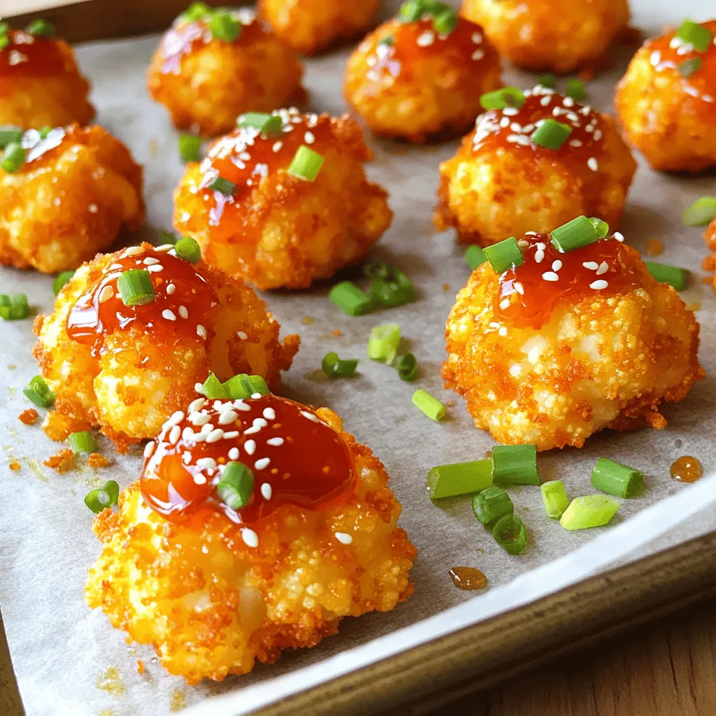 - 1 medium head of cauliflower, cut into bite-sized florets - 1/2 cup all-purpose flour - 1/2 cup cornstarch - 1 teaspoon garlic powder - 1 teaspoon onion powder - 1/2 teaspoon salt - 1/4 cup Sriracha sauce - 2 tablespoons honey - 2 tablespoons soy sauce - 1 tablespoon sesame oil To make Sriracha Honey Cauliflower Bites, you need fresh, bright ingredients. Start with a medium head of cauliflower. Cut it into small florets. This makes them easy to eat. The flour and cornstarch create a crispy coating. Mixing these two gives a light texture. The seasoning adds flavor. Garlic powder and onion powder bring depth. Salt enhances all the tastes. You can adjust these if you want. For the sauce, you will use Sriracha. It adds heat and flavor. Honey balances the spice and gives a nice glaze. Soy sauce adds a savory touch. A little sesame oil brings in richness. You can find the full recipe for all the steps to create these delicious bites. Enjoy cooking! To make Sriracha Honey Cauliflower Bites, follow these easy steps. - Preheat the oven to 425°F (220°C). - Prepare a baking sheet with parchment paper. This stops the bites from sticking. - In a large bowl, combine all-purpose flour, cornstarch, garlic powder, onion powder, and salt. Whisk them together. - Slowly add water to the dry mix. Stir until the batter is smooth. It should stick to your cauliflower. - Dip each cauliflower floret into the batter. Make sure it is fully coated. - Place the coated florets on the baking sheet in a single layer. - Bake for 20-25 minutes. Flip the florets halfway for even crispiness. Once the bites are crispy, you can drizzle the sauce from the Full Recipe over them to take them to the next level. Enjoy! To get that amazing crunch, the thickness of your batter matters. A batter that is too thick will not coat well, while a thin batter will drip off. Aim for a consistency that is thick enough to cling to the florets without being too heavy. For baking, set your oven to 425°F (220°C). This high temperature helps the cauliflower become crispy and golden. Bake for 20-25 minutes, flipping the florets halfway through. This ensures even crispiness on all sides. Want more heat? Add spices to your sauce! You can mix in cayenne or chili flakes. These will kick up the spice level. If you lack honey, try maple syrup or agave for sweetness. These substitutes work well without losing great flavor. Garnish your bites with green onions and sesame seeds. This not only adds color but also some crunch. For dips, try ranch, blue cheese, or a spicy mayo. You can also pair these bites with rice or a fresh salad for a complete meal. {{image_4}} You can make Sriracha Honey Cauliflower Bites healthier. Try using whole wheat flour instead of all-purpose flour. This swap adds fiber and nutrients to your snack. You can also air fry the bites instead of baking them. Air frying uses less oil, keeping them crispy and light. Want a different kick? Switch Sriracha with other hot sauces. You can use chili garlic sauce or even a smoky chipotle sauce. Both will add a unique twist to the flavor. If you're looking for sweetness, try different sweeteners like maple syrup. It brings a rich flavor that pairs nicely with the spice. Feel free to use other vegetables for your bites. Broccoli, Brussels sprouts, or even zucchini work well in this recipe. You can cut them into bite-sized pieces and follow the same steps. If you want a vegan option, replace honey with agave syrup. It offers sweetness without animal products. For the full recipe, check the section earlier in this article. To keep your Sriracha Honey Cauliflower Bites fresh, store any leftovers in the fridge. Place them in airtight containers to avoid moisture loss. This helps maintain their crunch. If you have extra sauce, store it separately to keep the bites crispy. When reheating, I recommend using the oven over the microwave. The oven keeps the bites crispy, while the microwave can make them soggy. Preheat your oven to 350°F (175°C). Place the cauliflower bites on a baking sheet and heat for about 10 minutes. This helps restore their crunch after storage. You can freeze both uncooked and cooked bites. For uncooked bites, freeze them on a baking sheet first. Once frozen, place them in a bag. For cooked bites, let them cool before freezing. To thaw, place them in the fridge overnight. Reheat in the oven as mentioned above to keep them crispy. For the full recipe, refer to the earlier section. Enjoy your delicious snack! Yes, but make sure it is thawed and drained. Frozen cauliflower can work well in this dish. Just remember to remove excess moisture. This helps the batter stick better and ensures a crispier bite. Substitute all-purpose flour with a gluten-free blend. Many options exist, like almond or rice flour. These alternatives provide a similar texture without gluten. Just ensure your cornstarch is also gluten-free. Pair with rice, salads, or as a snack with dips. These bites are great on their own or as part of a meal. Try serving them with a cooling yogurt dip or a zesty salad. Increase or decrease Sriracha based on personal preference. If you love heat, add more sauce. If you prefer mild flavors, use less. You can also mix in other spices for extra flavor. Substitute honey with agave syrup or another vegan sweetener. This keeps the sweet flavor while making it vegan-friendly. You can also try maple syrup for a unique taste. We covered how to make crunchy Sriracha Honey Cauliflower Bites. Start with fresh cauliflower and a simple batter. Season and bake for a delicious treat. Remember, you can customize the flavors and make health swaps too. Store any leftovers properly for later enjoyment. Enjoy this fun snack with friends or family. Your next gathering will be a hit with these bites!