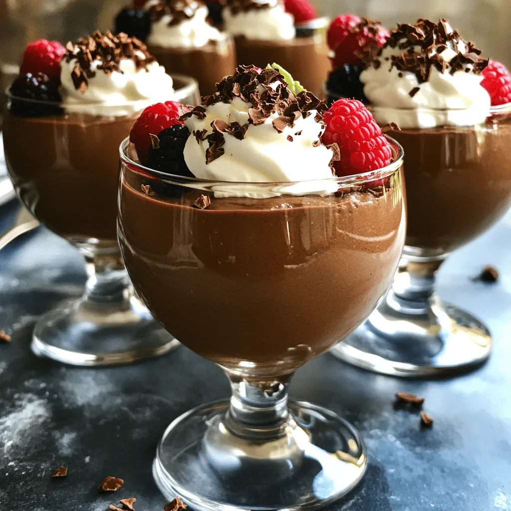 To make a rich and creamy chocolate avocado mousse, you need just a few simple ingredients. Here’s what you’ll need: - 2 ripe avocados - 1/2 cup unsweetened cocoa powder - 1/4 cup maple syrup (or honey) - 1/4 cup almond milk (or plant-based milk) - 1 teaspoon pure vanilla extract - Pinch of flaky sea salt - Optional toppings: cacao nibs, whipped coconut cream, fresh seasonal berries Each ingredient serves a purpose. The avocados provide creaminess and healthy fats. Cocoa powder gives that rich chocolate flavor. Maple syrup or honey adds sweetness, while almond milk helps blend everything smoothly. Vanilla extract enhances the taste, and a pinch of salt balances the flavors. You can top it off with cacao nibs or berries for a fun twist. If you're curious about the full method, check the Full Recipe for step-by-step guidance. 1. First, cut the ripe avocados in half. 2. Remove the pit from each half. Use a spoon or knife to help. 3. Scoop the green flesh into the bowl of a food processor. 4. Next, add the unsweetened cocoa powder to the avocados. 5. Pour in the maple syrup or honey for sweetness. 6. Add the almond milk, vanilla extract, and a pinch of flaky sea salt. 7. Secure the lid on the food processor tightly. 8. Blend the mixture on high speed for 1-2 minutes. 9. Stop and scrape down the sides to mix well. 1. Taste the mousse to check for sweetness. 2. If you want it sweeter, mix in more maple syrup. Blend again. 3. Spoon the mousse into individual bowls or glasses. 4. Chill the bowls in the refrigerator for at least 30 minutes. 5. This chilling helps improve the flavor and texture. 6. Before serving, add toppings like cacao nibs or fresh berries. 7. These toppings add color and enhance the taste. This recipe is a great way to enjoy a rich and creamy dessert! For the full recipe, refer to the section above. To make the best chocolate avocado mousse, start with ripe avocados. They should feel soft when you press them gently. If they are too firm, the mousse will be lumpy. The ripe avocado gives a creamy texture that is key for this dessert. Next, use a food processor for smoothness. Blend on high speed for 1-2 minutes. Stop to scrape down the sides of the bowl to mix everything well. This step helps blend the ingredients evenly. The goal is a velvety consistency that feels rich and creamy in your mouth. Adjusting sweetness is easy with this mousse. Start with 1/4 cup of maple syrup. After blending, taste the mousse. If it needs more sweetness, add a bit more syrup. Blend again until it is just right for you. For a fun touch, use toppings! I love adding cacao nibs for crunch. Whipped coconut cream adds a creamy layer too. Fresh seasonal berries bring a burst of color and flavor. These toppings not only enhance taste but also make the mousse look beautiful. You can find the full recipe to guide you through the process. {{image_4}} You can easily make this mousse fit your diet. For a vegan version, skip the honey. Use maple syrup instead. This keeps the mousse sweet and plant-based. If you want a sugar-free treat, try alternative sweeteners like stevia or erythritol. These can cut down on sugar without losing flavor. Want to take your mousse up a notch? Add espresso or instant coffee. Just a small amount brings out the chocolate flavor. It adds depth and richness. You can also mix in different extracts. Almond or peppermint extract can change the taste. Just a drop or two can make a big difference. You might discover a new favorite! For the full recipe, be sure to check out the details above. To keep your mousse fresh, use an airtight container. This helps to prevent air from spoiling the flavors. Store it in the fridge for up to three days. The mousse tastes best when enjoyed within this time frame. After three days, it may lose its rich texture and taste. If you want to save some for later, you can freeze it. Use a freezer-safe container, leaving some space at the top. The mousse can last up to three months in the freezer. When you're ready to eat it, thaw the mousse in the fridge overnight. This keeps the texture creamy. Stir it well before serving to restore its smoothness. Enjoy your delicious treat any time! Can I taste the avocado in the mousse? No, you can't taste the avocado. The cocoa powder and sweeteners mask its flavor. The mousse tastes rich and creamy, just like a classic chocolate dessert. How long does chocolate avocado mousse keep in the fridge? It stays fresh for about 3 to 5 days in the fridge. Store it in an airtight container to maintain its flavor and texture. Is this mousse suitable for those with allergies? Yes, this mousse is generally safe for many diets. It is dairy-free and gluten-free. However, check for nut allergies if using almond milk. Can I make this recipe in advance for parties? Absolutely! You can prepare it a day ahead. Just chill it in the fridge. This allows the flavors to meld beautifully, making it even tastier. For the full recipe, take a look above. This blog post explored making a rich chocolate avocado mousse. We covered the simple ingredients needed, like ripe avocados and cocoa powder. I walked through step-by-step instructions for blending and chilling. We shared tips for consistency and flavor enhancements, plus different variations for dietary needs. In summary, this mousse is easy, delicious, and healthy. You can impress guests with this dessert. Don't forget to experiment with flavors and toppings! Enjoy making it your own.