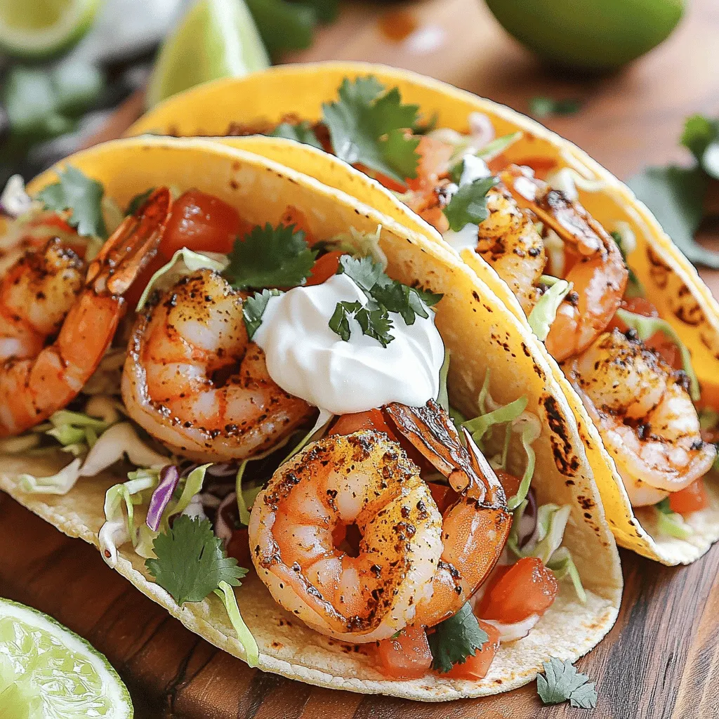 To make these tacos shine, you need a few key ingredients: - 1 lb (450g) large shrimp, peeled and deveined - 3 tablespoons extra virgin olive oil - 4 cloves garlic, finely minced - 1 teaspoon smoked chili powder - 1 teaspoon sweet paprika - ½ teaspoon ground cumin - ½ teaspoon cayenne pepper - Freshly ground salt and black pepper to taste - Juice of 1 fresh lime - 8 small corn or flour tortillas These ingredients blend together to create a warm, spicy flavor. The shrimp take center stage, while the spices add depth. You can enhance your tacos even more with these optional ingredients: - 1 cup crisp shredded cabbage (green or red for color) - ½ cup ripe tomatoes, diced - ¼ cup fresh cilantro, finely chopped - ¼ cup sour cream or creamy Greek yogurt (optional, for serving) These additions give your tacos crunch and freshness. The creamy topping balances the spices well. Toppings can elevate your meal. Here are some great ideas: - Lime wedges for garnish - Avocado slices for creaminess - Hot sauce for extra heat Pair these tacos with a fresh salad or some rice for a full meal. This way, you can enjoy a delightful and colorful dinner. For the full recipe, check the details above. Start by gathering your shrimp. Use one pound of large shrimp, peeled and deveined. Place the shrimp in a mixing bowl. Add three tablespoons of extra virgin olive oil. Then, add four cloves of finely minced garlic. Next, sprinkle in one teaspoon each of smoked chili powder and sweet paprika. Add half a teaspoon of ground cumin and half a teaspoon of cayenne pepper. Adjust the cayenne if you want more heat. Finish with salt and black pepper to taste. Toss everything together until the shrimp are well coated with the spices. Preheat your skillet over medium-high heat. When it's hot, add the seasoned shrimp in a single layer. Cook them for about two to three minutes on each side. The shrimp should turn pink and opaque. You want them slightly charred for extra flavor. Drizzle some fresh lime juice over the shrimp while they cook. This will enhance their taste and keep them juicy. Warm your tortillas in a separate dry skillet. Heat them for 20 to 30 seconds on each side. This makes them pliable and adds a nice toast. Now, it’s time to build your tacos. Start with a generous handful of shredded cabbage on each tortilla. Next, add a spoonful of your spicy garlic shrimp. Top this with diced tomatoes and chopped cilantro. For a creamy finish, drizzle sour cream or Greek yogurt on top. Serve with lime wedges on the side for a zesty kick. Enjoy your flavorful meal! You can find the Full Recipe for more details. To get juicy shrimp, start with fresh ones. Look for shrimp that smell like the ocean. When cooking, heat your pan well before adding shrimp. This helps them cook fast and keeps them tender. Cook shrimp for 2-3 minutes on each side. They should turn pink and opaque. Overcooking makes them tough. Remember to squeeze lime juice over them while cooking for added flavor. Warming tortillas is key for soft, tasty tacos. Use a dry skillet on medium heat. Warm each tortilla for about 20-30 seconds on both sides. This makes them pliable and enhances their flavor. If you want a bit of crunch, you can lightly toast them until they have brown spots. Keep them warm in a clean kitchen towel while you finish cooking the shrimp. A good marinade can boost shrimp flavor. Combine olive oil, minced garlic, smoked chili powder, and lime juice. Let the shrimp sit in this mix for at least 15 minutes. This allows the spices to soak in well. You can also add other spices like cumin or cayenne to kick up the heat. If you have time, marinate overnight for a stronger taste. For more ideas, check out the Full Recipe. {{image_4}} You can easily make a veggie version of these tacos. Swap the shrimp for hearty ingredients like grilled zucchini, bell peppers, or mushrooms. These veggies soak up flavor well. Try marinating them with the same spices from the shrimp recipe. For a vegan option, use tofu or tempeh instead. Cook them until golden and crispy for a tasty bite. Don't forget to add fresh lime juice for that zesty kick. If seafood isn’t your thing, consider using other proteins. Chicken, beef, or pork work great in tacos. Marinate these meats with the same spices as the shrimp for a quick flavor boost. Cook them until tender and juicy, then chop or shred. Fish is another excellent choice. Try using white fish like cod or tilapia. Just keep an eye on cooking times to avoid overcooking. Adjust the spice level to fit your taste. If you want milder tacos, reduce the cayenne pepper. You can also add more smoked chili powder for a smoky flavor without too much heat. For those who love spice, add extra cayenne or even fresh chili peppers. You can also offer hot sauce on the side for anyone who wants more heat. Every bite can be just how you like it! To store leftover shrimp, let them cool to room temperature. Place the shrimp in an airtight container. Refrigerate them within two hours of cooking. They will stay fresh for up to three days. If you want to keep them longer, consider freezing. Wrap the shrimp tightly in plastic wrap and then place them in a freezer bag. They can last up to three months in the freezer. Store tortillas in a cool, dry place. Use a resealable plastic bag to keep them fresh. If they are in a package, seal it tightly after opening. For longer storage, refrigerate or freeze tortillas. If freezing, stack them with parchment paper in between. This helps to separate them when you're ready to use. Reheat shrimp in a skillet over medium heat. Add a splash of olive oil to keep them moist. Heat for about two to three minutes until warmed through. For tortillas, warm them in a dry skillet for 20-30 seconds on each side. This keeps them soft and tasty. You can also wrap them in a damp paper towel and microwave them for about 15 seconds. Enjoy your tacos fresh! For the full recipe, check out the details above. For Spicy Garlic Shrimp Tacos, I recommend using corn or flour tortillas. Corn tortillas give a nice flavor and texture. They are gluten-free and have a traditional taste. Flour tortillas are soft and can hold more filling. Choose based on your preference. Warm them slightly before use. This makes them more pliable and tasty. Yes, you can use frozen shrimp! Thaw them first for best results. Place the shrimp in a bowl of cold water for about 15-20 minutes. This will help them defrost evenly. Pat them dry before seasoning. Frozen shrimp can save time and are often just as good as fresh. Just ensure they are peeled and deveined. To make your Spicy Garlic Shrimp Tacos gluten-free, use corn tortillas. They are naturally gluten-free. Always check the label on any additional ingredients, like sauces or toppings, to ensure they are gluten-free as well. You can also use gluten-free sour cream or yogurt if desired. Enjoy your tasty tacos without worry! For the full recipe, visit [Full Recipe]. In this article, we explored the ingredients needed for spicy garlic shrimp tacos, from must-have items to optional additions. I provided step-by-step instructions for preparing and cooking shrimp and assembling your tacos. You learned valuable tips for perfect shrimp and tortilla prep. We also discussed tasty variations and how to store leftovers. Enjoy making these tacos with your unique twist, and remember, experimenting can lead to great flavors. You now have all the tools to impress anyone with your cooking skills!