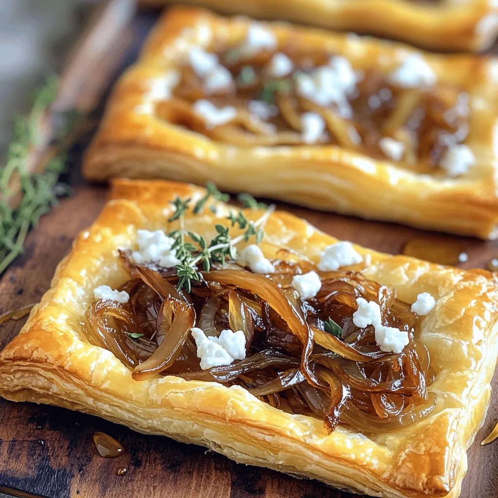 - 1 sheet of puff pastry, thawed - 3 medium onions, thinly sliced - 2 tablespoons olive oil - 1 tablespoon balsamic vinegar - 1 teaspoon sugar - 4 ounces goat cheese, crumbled - 1 tablespoon fresh thyme leaves (or 1 teaspoon dried thyme) - Salt and freshly ground black pepper to taste - 1 egg, beaten (for egg wash) - Honey drizzle - Fresh thyme sprigs - Salad pairings - Use feta or ricotta cheese instead of goat cheese - Try different herbs like rosemary or oregano - Choose vegan pastry options for a plant-based tart - Set oven to 400°F (200°C). This heat helps the tart bake well. - Slice onions and gather other ingredients. You will need puff pastry, goat cheese, and thyme. - Cooking method and timing for caramelization: Heat olive oil in a pan. Add sliced onions and a pinch of salt. Cook for about 25 minutes. Stir often to prevent sticking. - Tips for achieving deep golden color: Add balsamic vinegar and sugar after onions soften. This step adds flavor and color. Look for a rich brown hue to know they are done. - Rolling out puff pastry and fitting it into the pan: Roll pastry on a floured surface. Aim for a circle that fits your tart pan. - Spreading onion mixture and topping with goat cheese: Spread the caramelized onions over the pastry. Sprinkle crumbled goat cheese on top. Season with salt and pepper to taste. Follow these steps closely, and your caramelized onion and goat cheese tart will shine! For the complete preparation, check the Full Recipe. To get the best puff pastry, you must keep it flat. Use a fork to prick the bottom. This helps it stay down while baking. An egg wash is key for color and shine. Brush the edges with a beaten egg. It gives your tart a lovely golden look. You can adjust the seasoning to fit your taste. If you like it spicy, add some red pepper flakes. Fresh herbs can also boost flavor. Consider adding a sprinkle of fresh chives or basil. These pair well with the goat cheese. Serve the tart warm or at room temperature. For a great look, garnish with thyme sprigs. You can also drizzle honey on top for a sweet touch. This pairs well with a simple salad or a glass of white wine. Enjoy your delicious creation with friends or family! {{image_4}} If you want a twist on your tart, try using different cheeses. Feta cheese gives a salty flavor. It pairs well with the sweetness of caramelized onions. Ricotta can add a creamy texture. You can blend it with herbs for extra taste. These cheeses provide a new and exciting experience. You can also make your tart heartier. Adding spinach brings a fresh taste and bright color. Sautéed mushrooms add earthiness and depth. If you want protein, cooked chicken works great, too. Just chop it up and mix it in with the onions. These additions make the tart more filling and flavorful. Herbs and spices can change the flavor profile of your tart. Try adding fresh basil or oregano for a Mediterranean twist. A sprinkle of red pepper flakes can add heat. You can also use a touch of garlic for added depth. Play around with flavors to create your perfect dish. Each change can make your tart unique and delightful. For the complete recipe, check out the [Full Recipe]. To keep your tart fresh, store leftovers in an airtight container. Place it in the fridge. The tart will stay good for about three days. Let it cool completely before sealing it. This helps maintain its taste and texture. Avoid stacking other items on top to prevent damage. For the best taste, reheat your tart in the oven. Set it to 350°F (175°C). Place the tart on a baking sheet. Heat for about 10-15 minutes. This helps keep the puff pastry crispy and the cheese melty. Microwaving can make it soggy, so use this method only if you're in a hurry. You can freeze the tart before or after baking. If freezing before baking, wrap it tightly in plastic wrap and foil. This prevents freezer burn. When ready to bake, cook it from frozen, adding about 10 minutes to the baking time. If freezing after baking, cool it completely first. Wrap it well and store for up to two months. Caramelizing onions takes about 25-30 minutes. Start by slicing three medium onions. Heat two tablespoons of olive oil in a skillet over medium heat. Add the onions and a pinch of salt. Stir them often. After about 5 minutes, they will soften. Then, add one tablespoon of balsamic vinegar and one teaspoon of sugar. Cook for another 20-25 minutes until they turn a deep golden-brown. For the best results, keep the heat low and stir regularly. Yes, you can make this tart ahead of time. Prepare the caramelized onions and store them in an airtight container in the fridge for up to three days. You can also roll out the puff pastry and place it in the tart pan. Cover it with plastic wrap. When you are ready, assemble the tart before baking. This way, you save time on busy days. Bake it fresh and enjoy the warm, delicious flavors. Yes, the tart is suitable for vegetarians. The main ingredients are puff pastry, onions, and goat cheese, all of which are vegetarian-friendly. If you want to make it vegan, you can swap the goat cheese for a plant-based cheese. You can also use a vegan puff pastry. Just check the labels to ensure all ingredients are vegan. This way, everyone can enjoy this tasty dish! The caramelized onion and goat cheese tart is a delight for any gathering. It takes about 50 minutes to make and serves six people. 1. Preheat your oven to 400°F (200°C). 2. In a skillet, heat two tablespoons of olive oil over medium heat. Add three sliced onions and a pinch of salt. Cook for about 5 minutes until they soften. 3. Stir in one tablespoon of balsamic vinegar and one teaspoon of sugar. Cook for 20-25 minutes until the onions turn a deep golden brown. Add one tablespoon of fresh thyme leaves before removing from heat. 4. Roll out one sheet of puff pastry on a floured surface until it's about 10-12 inches wide. Place it in a tart pan. 5. Prick the bottom of the pastry with a fork to prevent puffing. Brush the edges with a beaten egg. 6. Spread the caramelized onion mixture evenly on the pastry. Top with four ounces of crumbled goat cheese. 7. Season with salt and black pepper. Bake for 25-30 minutes until the pastry is golden. 8. Let the tart cool for a few minutes before slicing. This tart is rich and satisfying. Each serving contains about: - Calories: 280 - Fat: 18g - Protein: 6g - Carbohydrates: 24g The combination of flavors and textures is truly special. Enjoy this tart warm or at room temperature for the best experience. This blog post covered how to create a delicious onion tart. You learned about essential ingredients and helpful tips for caramelizing onions. We explored variations, such as different cheeses and added vegetables. Storing leftovers and reheating methods were also discussed to keep your tart fresh. Making this dish is simple and fun. Try adding your twist to make it truly yours. Enjoy the process and impress your guests with your tasty creation.