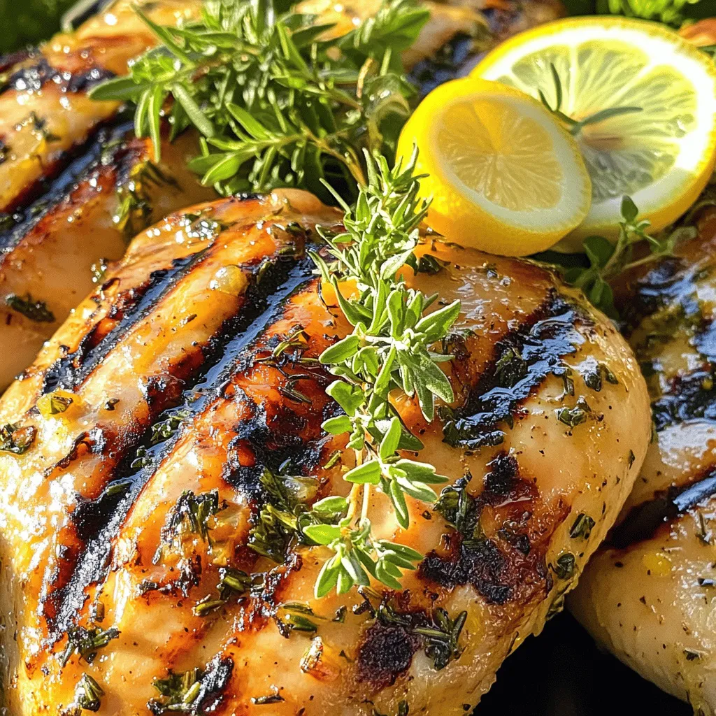 This recipe needs simple and fresh items: - 4 boneless, skinless chicken breasts - 1/4 cup extra virgin olive oil - Juice and zest from 2 fresh lemons - 4 cloves of garlic, finely minced - 1 tablespoon fresh rosemary, finely chopped - 1 tablespoon fresh thyme, finely chopped - 1 tablespoon fresh parsley, finely chopped - Sea salt and freshly cracked black pepper, to taste - Lemon slices and fresh herb sprigs for garnishing These ingredients bring a bright, zesty flavor that makes this dish shine. The chicken stays moist due to the marinade, and the herbs add a fresh touch. You can elevate your dish with great garnishes and sides: - Grilled vegetables like zucchini or bell peppers - A fresh green salad with a light vinaigrette - Quinoa or rice for a hearty side - Crusty bread to soak up extra juices These options not only add color to your plate but also enhance the meal's appeal. If you lack some items, don't worry! Here are easy swaps: - Use lemon juice from a bottle if fresh lemons aren’t available. - Swap olive oil with canola or avocado oil for a different flavor. - Try dried herbs if fresh ones aren't handy; just use about one-third of the amount. - Chicken thighs work well too if you prefer dark meat over chicken breasts. These substitutes will keep the dish tasty and satisfying while allowing flexibility in your kitchen. For the full recipe, check out the detailed instructions! To start, gather your ingredients. You need olive oil, fresh lemons, garlic, and herbs. In a bowl, mix 1/4 cup of olive oil, the juice and zest from two lemons, and four minced garlic cloves. Add one tablespoon each of chopped rosemary, thyme, and parsley. Season with sea salt and black pepper. Whisk it all together to create a fragrant marinade. This marinade adds flavor and keeps the chicken juicy. Next, place the chicken breasts in a large resealable bag or a shallow dish. Pour the marinade over the chicken. Make sure every piece is coated well. Seal the bag tightly or cover the dish with plastic wrap. Refrigerate for at least one hour. For the best taste, let it marinate for four hours. This step helps the chicken absorb all the tasty flavors. Now, preheat your grill to medium-high heat. When your grill is ready, take the chicken out of the marinade. Let any extra marinade drip off. Discard the used marinade to keep things safe. Place the chicken on the hot grill. Cook each side for about 6-8 minutes. Use a meat thermometer to check that the inside reaches 165°F (74°C). Look for nice grill marks to show that it’s cooked perfectly. After grilling, take the chicken off the grill and let it rest on a cutting board for a few minutes. This rest time helps the juices stay in the meat. After resting, slice the chicken or serve it whole. Garnish with lemon slices and fresh herb sprigs for a beautiful look. This adds a nice touch and makes the dish even more inviting. Enjoy your Lemon Herb Grilled Chicken! For the full recipe, visit the complete guide. To get great grill marks, preheat your grill well. You want it hot! Place the chicken on the grill and avoid moving it too much. Let it cook undisturbed for 6-8 minutes on one side. Then flip it and do the same. This helps the marks form well and gives that nice look. Cooking chicken to the right temperature is very important. Always aim for 165°F (74°C) inside the thickest part. Use a meat thermometer for this. This way, you ensure your chicken is safe to eat and still juicy. The longer you marinate, the more flavor your chicken gets. I suggest marinating for at least 1 hour. If you can, go for 4 hours or even overnight! This gives the herbs and lemon time to soak in. The chicken will taste much better, and you'll enjoy every bite of your Lemon Herb Grilled Chicken. For more details, check the Full Recipe. {{image_4}} You can change the flavor by adding different herbs. Try basil and oregano for a fresh taste. For a more intense flavor, use tarragon or dill. Each herb brings its own unique twist. Mixing herbs can create a new favorite dish! If you want some heat, add red pepper flakes or cayenne pepper. These spices can make your chicken lively. For a more subtle flavor, use smoked paprika. It gives a nice depth without being too spicy. Spice blends like Italian seasoning can also work well. You can cook this chicken in an oven or air fryer, too. For the oven, preheat it to 400°F (200°C). Place the chicken on a baking sheet. Bake for 20-25 minutes until fully cooked. If using an air fryer, set it to 375°F (190°C). Cook for about 15-20 minutes. Both methods give you juicy chicken, just like the grill. Check the internal temperature to ensure it reaches 165°F (74°C). For the full experience, check out the Full Recipe. After making Lemon Herb Grilled Chicken, store any leftovers right away. Place the chicken in an airtight container. It stays fresh in the fridge for up to four days. Always cool the chicken to room temperature before sealing it up. This helps keep it juicy for your next meal. To reheat your chicken, you have a few choices. You can use the microwave, oven, or grill. If using the microwave, heat on medium power for one to two minutes. Check if it’s warm. For the oven, preheat to 350°F (175°C) and heat for about 10 minutes. Grilling it briefly can add back some of that grilled flavor. Just don’t overcook it, or it will dry out. You can freeze Lemon Herb Grilled Chicken for later. Wrap each piece tightly in plastic wrap or foil. Then, place them in a freezer bag or container. It can last up to three months in the freezer. When you’re ready to eat, thaw it in the fridge overnight. Reheat as mentioned above to enjoy that juicy flavor again. Check out the Full Recipe for more cooking tips! You should marinate the chicken for at least 1 hour. For more flavor, try 4 hours. Marinating helps the chicken soak up all those tasty herbs and lemon juice. Lemon Herb Grilled Chicken pairs well with many sides. Here are some ideas: - Grilled vegetables like zucchini or bell peppers - A fresh green salad with a light dressing - Garlic mashed potatoes for a hearty touch - Quinoa or rice for a healthy grain option Mix and match to suit your taste! Yes, you can use bone-in chicken. Just adjust the cooking time. Bone-in pieces may take longer to cook. Make sure to check the internal temperature. It should still reach 165°F (74°C) for safety. To check if the chicken is done, use a meat thermometer. Insert it into the thickest part. If it reads 165°F (74°C), your chicken is ready! Also, look for clear juices when you cut into it. No pink means it is cooked through. Lemon Herb Grilled Chicken is a simple and tasty dish. We covered key ingredients, step-by-step prep, and grilling tips. You learned how to enhance flavor and try variations. Storing leftovers correctly ensures you enjoy this meal later. In the end, grilling chicken can be fun and rewarding. You can impress friends and family with your skills. Enjoy the cooking experience and keep experimenting with flavors!