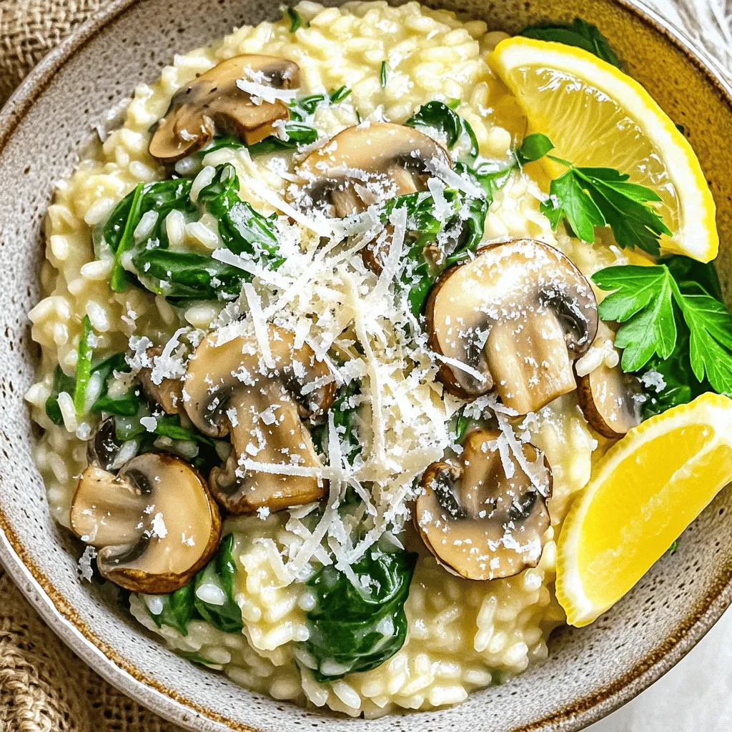 - 1 cup Arborio rice - 4 cups vegetable broth - 1 cup mixed mushrooms (such as cremini, shiitake, and button), sliced The main player in this dish is Arborio rice. This rice has a high starch content. That starch makes the risotto creamy. Mixed mushrooms bring flavor and texture. I love using cremini, shiitake, and button mushrooms for a rich taste. The vegetable broth adds depth. Always use warm broth. It helps the rice cook evenly. - 1 cup fresh spinach, roughly chopped - 1 medium onion, finely chopped - 3 cloves garlic, minced - 1/2 cup grated Parmesan cheese (or nutritional yeast for a vegan alternative) Fresh spinach gives color and nutrition. It wilts quickly, adding a lovely touch. Onion and garlic are key for a strong base flavor. They create a fragrant aroma when sautéed. The Parmesan cheese adds saltiness and richness. If you prefer a vegan option, nutritional yeast works well too. - 3 tablespoons olive oil - 1 tablespoon unsalted butter (omit for vegan option) - Zest of 1 lemon - Fresh parsley, chopped, for garnish Olive oil and butter add a silky smooth finish. You can skip the butter for a vegan version. Lemon zest brightens the dish. It gives a fresh kick to the rich risotto. Fresh parsley makes for a beautiful garnish. It adds color and a hint of herbal flavor. For the full recipe, check the Gourmet Creamy Mushroom Risotto link! 1. Warm the vegetable broth: Start by pouring 4 cups of vegetable broth into a medium saucepan. Heat it over low heat. Keeping it warm helps the rice cook evenly. 2. Sauté the onion until translucent: In a large skillet, add 2 tablespoons of olive oil and 1 tablespoon of unsalted butter. Heat this over medium heat. Once the butter melts, add 1 finely chopped onion. Stir it for 3-5 minutes. Cook until the onion turns soft and clear. 1. Sauté garlic and mushrooms: Add 3 minced garlic cloves and 1 cup of sliced mixed mushrooms to the skillet. Stir them in and cook for 5-7 minutes. Look for a golden brown color on the mushrooms. This gives great flavor. 2. Toast Arborio rice: Next, add 1 cup of Arborio rice to the skillet. Stir to coat the rice with the onion and mushroom mix. Cook this for 1-2 minutes. This step adds a nice depth to the risotto. 1. Gradually add vegetable broth: Start adding the warm broth, one ladleful at a time. Stir the rice often. Let the rice soak up the liquid before adding more. This process takes about 18-20 minutes. The rice should be creamy and al dente when done. 1. Incorporate spinach and cheese: Once the rice is creamy, fold in 1 cup of roughly chopped spinach and 1/2 cup of grated Parmesan cheese. Stir until the spinach wilts and everything combines well. 2. Seasoning tips: Taste your risotto. Add salt, pepper, and the zest of 1 lemon for a fresh kick. This enhances the overall flavor. Now, you can follow the full recipe for more details on cooking this creamy mushroom risotto. Enjoy the delightful flavors and textures of this dish! To get that rich, creamy risotto, add broth slowly. This lets the rice soak up the liquid. Start with one ladle at a time. Stir often and wait until the rice absorbs the broth before adding more. This process takes about 20 minutes. You will know the risotto is ready when the rice is soft yet has a slight bite. A common mistake is overcooking the rice. This can lead to mushy risotto. Keep an eye on the clock and the texture. Another issue is not stirring enough. Stirring helps release the rice's starches. This creates that creamy texture we love. So, don’t skip the stirring! For a beautiful presentation, serve risotto in shallow bowls. Top with fresh parsley for color. You can also add a sprinkle of extra cheese for flavor. Pair your risotto with a crisp white wine, like Chardonnay. If you prefer, serve it alongside a light salad to balance the meal. For the full recipe, check out the Gourmet Creamy Mushroom Risotto. {{image_4}} You can easily adapt creamy mushroom risotto for different diets. For a vegan option, simply swap out butter and cheese. Use nutritional yeast instead of Parmesan for a cheesy flavor without dairy. If you need a gluten-free option, ensure your vegetable broth is gluten-free. This way, everyone can enjoy this delicious dish! You can change the flavor of your risotto by adding herbs. Fresh thyme or rosemary add a lovely scent and taste. You can also mix in other vegetables, like peas or asparagus, for added color and nutrition. The key is to keep it fresh and vibrant, matching your taste! Want to add protein? You can include cooked chicken or shrimp for a heartier meal. If you prefer plant-based options, try adding chickpeas or lentils. These additions make the dish more filling and boost its nutritional value. You can customize your risotto to fit your cravings! For the full recipe, check out the Gourmet Creamy Mushroom Risotto . To keep your creamy mushroom risotto fresh, place it in an airtight container. Glass or plastic containers work well. Store it in the fridge for up to three days. This way, you can enjoy it later without losing much flavor. If you want to keep risotto longer, freezing is a great option. First, let the risotto cool completely. Then, scoop portions into freezer-safe bags or containers. Remove as much air as you can to avoid freezer burn. You can freeze it for up to three months. When you're ready to eat, take it out and thaw it overnight in the fridge. For quick thawing, you can use a microwave, but be careful not to cook it too much. To reheat your risotto, the stovetop method works best. Add a splash of broth or water to keep it creamy. Heat it in a pan over low heat, stirring often. This will help maintain its rich texture. If using a microwave, cover the dish with a damp paper towel. This helps keep moisture in. Heat in short bursts, stirring in between to make sure it warms evenly and doesn’t dry out. For more tips and the full recipe, check the Full Recipe link. Cooking risotto takes about 35 minutes. You spend 10 minutes prepping and 25 minutes cooking. The key steps include warming the broth, sautéing the onions and mushrooms, toasting the rice, and gradually adding broth. Yes, you can make risotto ahead of time. Store it in an airtight container in the fridge for up to three days. When ready to eat, reheat it in a pan over low heat. Add a splash of broth to keep it creamy. If you can’t find Arborio rice, use Carnaroli or Vialone Nano. These types have a similar texture and absorb liquid well. You can also use sushi rice, but it may change the dish's final texture a bit. Creamy mushroom risotto is simple to make with few steps. Use Arborio rice and mix in fresh ingredients to elevate the dish. Remember to add broth slowly for the best texture. Avoid common mistakes like overcooking the rice. Consider variations to suit your diet and tastes. Proper storage keeps leftovers fresh, and reheating techniques maintain creaminess. With these tips and tricks, you can enjoy a delicious risotto anytime. Happy cooking!
