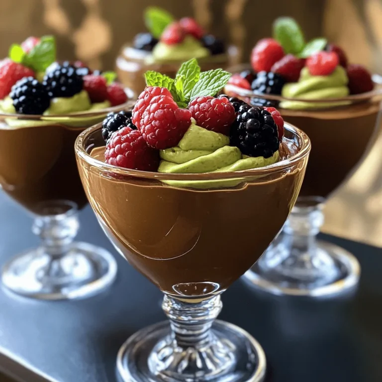 To make this rich and creamy chocolate avocado mousse, you will need: - 2 ripe avocados, pitted and peeled - 1/2 cup unsweetened cocoa powder - 1/2 cup maple syrup or honey (adjust to your preferred sweetness) - 1/2 cup almond milk (or any milk of your choice) - 1 teaspoon pure vanilla extract - A pinch of fine sea salt - Fresh mixed berries (such as strawberries, raspberries, and blueberries) and sprigs of mint for garnish You can swap some ingredients if you want to change flavors or make it allergy-friendly. - Avocados: Try ripe bananas for a different taste, but the texture will vary. - Cocoa Powder: Use carob powder for a caffeine-free option. - Maple Syrup or Honey: Agave syrup works well too, just use less. - Almond Milk: Any plant-based milk works, like soy or oat milk. - Vanilla Extract: You can skip it if you prefer a simpler taste. Garnishes add a nice touch to your mousse and make it look pretty. Consider: - Fresh mixed berries for a burst of color and flavor. - Mint leaves for a refreshing aroma. - A sprinkle of dark chocolate shavings for added richness. - A dusting of cocoa powder for an elegant finish. For the full recipe, check out the details above. Enjoy your chocolate avocado mousse! Start by gathering all your ingredients. You need ripe avocados, cocoa powder, and sweeteners. Measure out almond milk, vanilla extract, and sea salt. This step makes cooking easier. Once you have everything ready, you can work quickly. Place your ripe avocados in the food processor. Blend them until they are smooth. This takes about 1-2 minutes. Stop to scrape the sides with a spatula. This helps mix everything evenly. Next, add cocoa powder, maple syrup or honey, almond milk, vanilla, and sea salt. Blend again until everything is creamy and smooth. Taste it! If it needs more sweetness, add more syrup or honey. Blend one last time to mix. Spoon your mousse into serving bowls or dessert glasses. Cover them with plastic wrap. Place them in the fridge for at least 30 minutes. This helps the mousse firm up and get cool. When you’re ready to serve, add fresh mixed berries and mint leaves on top. This makes your dish look beautiful and fresh. Enjoy your rich and creamy chocolate avocado mousse! For the full recipe, check out the details above. To make your mousse silky, blend the ingredients well. Start with ripe avocados. They should be soft to touch. Use a good food processor for the best results. Blend until smooth, then scrape the sides to mix everything. If it feels too thick, add a splash more almond milk. This small change can help to get that creamy texture you want. Taste the mousse as you blend. If you want it sweeter, add more maple syrup or honey. Start with less, then keep adding until it fits your taste. Remember, balance is key. Too much sweetness can hide the rich cocoa flavor. Aim for a mix that feels just right on your tongue. You can add a few fun flavors to your mousse. A shot of espresso can add depth. Or try a bit of peppermint extract for a fresh twist. Spices like cinnamon or chili powder can give it a kick. Experiment with what you love. Each option can change the mousse into something special. For the full recipe, check out the details above. Enjoy your cooking! {{image_4}} You can change the sweeteners in this recipe to fit your taste. Maple syrup adds a nice flavor. Honey is another great choice. If you want a low-calorie option, use stevia or agave syrup. Each sweetener gives a unique taste. Just remember to adjust the amount based on how sweet you want it. Taste as you mix, and you’ll find your perfect balance. This mousse is already dairy-free since we use almond milk. For a vegan version, just stick to maple syrup or agave as the sweetener. If you want a creamier texture, try coconut milk instead of almond milk. It adds a rich flavor that pairs well with chocolate. This keeps the dessert light and healthy while making sure it suits everyone. Want to spice things up? Add flavor infusions to your mousse! A splash of coffee can deepen the chocolate taste. For a fresh twist, mix in some mint extract. You can also fold in a bit of orange zest for a fruity kick. Each of these options can make your mousse even more fun and delicious. Explore different flavors and find what you like best! To keep leftover chocolate avocado mousse fresh, place it in an airtight container. Make sure to cover the surface with plastic wrap to avoid browning. This keeps the mousse creamy and delicious. Store it in the fridge for easy access. You can enjoy your mousse for up to three days in the fridge. After that, the texture may change. If you see browning on the surface, just scrape it off before serving. The mousse will still taste great! If you want to store it longer, freezing is a good option. Spoon the mousse into a freezer-safe container. Leave some space at the top, as it may expand when frozen. It can last for up to two months in the freezer. When you’re ready to eat, thaw it in the fridge overnight. Give it a gentle stir to restore its creamy texture. For the full recipe, check the [Full Recipe]. You can use ripe bananas, but the taste and texture will change. Bananas add sweetness and a different flavor. The mousse will be less creamy with bananas. Avocados provide a rich, smooth base that makes this dessert special. If you want to try bananas, blend them well to avoid lumps. Yes, Chocolate Avocado Mousse is healthy! It uses natural ingredients like avocados and cocoa. Avocados are full of good fats and nutrients. They help keep your heart healthy. Cocoa is rich in antioxidants, which are great for your body. If you choose honey or maple syrup, you add some natural sweetness too. This dessert is a tasty way to enjoy healthy foods. You can serve this mousse with many tasty items. Fresh mixed berries add a lovely touch and flavor. You might try some whipped cream or coconut cream for added creaminess. Nuts, like chopped almonds or hazelnuts, give a nice crunch. For a fun twist, serve with a crispy cookie or a thin biscuit. Get creative and enjoy your delicious mousse! For the full recipe, check out the detailed steps to make this delightful treat. You learned about making a delicious chocolate avocado mousse. We covered key ingredients, helpful tips, and various ways to customize your treat. Remember, storing it well keeps it fresh longer. Use the right sweetener for your taste. You can even try other flavors like mint! Now, take your skills and create your own version. Enjoy this tasty and healthy dessert!
