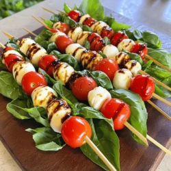 To make tasty Caprese salad skewers, gather these fresh ingredients: - 1 pint cherry tomatoes, washed and dried - 8 ounces fresh mozzarella balls (ciliegine), drained - Fresh basil leaves, rinsed and dried - 1 tablespoon balsamic glaze - 1 tablespoon extra virgin olive oil - Freshly ground salt and pepper, to taste These ingredients give your skewers a fresh and bright flavor. The cherry tomatoes are sweet, and the mozzarella is creamy. The basil adds a nice herbal note. You will need a few simple pieces of equipment: - Small wooden or metal skewers - A cutting board - A knife - A clean kitchen towel These tools help you prep and assemble the skewers easily. The cutting board and knife make it easy to handle the fresh ingredients. For best results, consider these suggested tools: - A bowl for the mozzarella - A plate for the assembled skewers - A drizzle bottle for the balsamic glaze Using a bowl keeps the mozzarella neat. A plate helps with presentation, while a drizzle bottle makes it easy to add glaze. These small additions can make a big difference in your cooking experience. For the full recipe, check the detailed instructions. Washing and Drying the Tomatoes and Basil Start by rinsing the cherry tomatoes and fresh basil leaves under cold running water. This step removes any dirt or pesticides. After rinsing, gently pat them dry with a clean kitchen towel. Make sure they are completely dry to prevent extra moisture on the skewers. Preparing the Skewers If you choose wooden skewers, soak them in water for about 10 minutes. This helps keep them from burning when you serve or grill them. Metal skewers do not need soaking, so you can skip this step if you use those. Layering the Ingredients Begin assembling your skewers by threading one cherry tomato onto the skewer first. Then, add a fresh basil leaf, followed by a mozzarella ball. Repeat this process, layering a cherry tomato, another basil leaf, and another mozzarella ball. You can keep adding until the skewer is full but make sure to balance the ingredients. Balancing the Flavors Aim for a mix of tomatoes, basil, and mozzarella on each skewer. This way, every bite gives you that classic Caprese flavor. You want the freshness of basil to shine along with the sweetness of tomatoes and the creaminess of mozzarella. Drizzling the Balsamic Glaze and Olive Oil Once your skewers are ready, lay them out on a serving platter. Drizzle balsamic glaze and extra virgin olive oil over them. This step adds a rich flavor and a beautiful look. Seasoning for Flavor Finish by sprinkling a light pinch of salt and freshly ground pepper over the skewers. This adds a nice kick and brings out the flavors of the ingredients. You can adjust the seasoning to fit your taste. For a detailed overview, check out the Full Recipe. For a stunning display, arrange the skewers in a fan shape or a circle. This gives a fun and colorful look. You can also use a nice platter to make it pop. Garnish the dish with extra basil leaves for a fresh touch. A small bowl of balsamic glaze for dipping adds flair too. People love to see food that looks good! These skewers are perfect as appetizers or snacks. You can serve them at parties, picnics, or family dinners. Pair them with crusty bread for a simple meal. They also go well with a glass of chilled white wine. If you want something heartier, serve them with grilled chicken or fish. These ideas can make your meal even more enjoyable. Feel free to change the flavors to suit your taste. Add more balsamic glaze for sweetness or a pinch of red pepper flakes for heat. You can try using different cheeses like feta or goat cheese. Mixing in some olives or roasted peppers can also add fun flavors. Don’t hesitate to get creative; cooking should be fun! For the full recipe, check out the complete instructions. {{image_4}} When you make Caprese salad skewers, you can mix and match some ingredients. Changing the cheese is a great way to add new flavors. Instead of mozzarella, try using feta or goat cheese. Both offer a tangy taste that pairs well with tomatoes. You can also use burrata for a creamy twist. Adding protein can make the skewers heartier. You can include grilled chicken or shrimp for a boost. Cubes of salami or prosciutto also work well. Just make sure the protein complements the fresh flavors of the salad. To enhance the flavor even more, consider trying different marinades. A light Italian dressing can add zest. You might also like to try a pesto drizzle for added depth. Just keep it simple so it doesn’t overpower the fresh ingredients. Using seasonal vegetables can also elevate your skewers. In summer, add zucchini or bell peppers. In the fall, butternut squash or cherry peppers work nicely. These veggies add color and texture, making your skewers even more appealing. For detailed instructions and proportions, check out the Full Recipe. After your party, you might have some skewers left. To keep them fresh, place the skewers in an airtight container. Make sure to separate layers with parchment paper to avoid sticking. This method keeps the flavors intact and prevents sogginess. Store the container in the fridge. If you plan to make skewers ahead of time, assemble them but do not add the glaze yet. Keep the skewers in the fridge for up to four hours before serving. Add the balsamic glaze and olive oil just before you serve. This method keeps the ingredients crisp and flavorful. Caprese skewers are best enjoyed fresh, but they can last in the fridge for about two days. After that, the tomatoes and mozzarella can lose their texture. Check for any signs of spoilage before eating. If the skewers look or smell off, it’s best to toss them. To keep your Caprese skewers fresh, store them in an airtight container. Place a damp paper towel inside to maintain moisture. This method helps keep the ingredients crisp. Avoid stacking them too tightly, as this can bruise the tomatoes and basil. Yes, you can make these skewers ahead of time. Assemble them a few hours before serving. Just remember to keep them in the fridge until you are ready to serve. This way, they stay cool and fresh. If you don't have balsamic glaze, try a mixture of balsamic vinegar and honey. This will give you a similar sweet and tangy flavor. You can also use a simple vinaigrette or even lemon juice for a lighter taste. Caprese skewers last about 2 to 3 days in the fridge. Over time, the tomatoes and basil may lose their crispness. Make sure to check for any signs of spoilage before eating. Great dip options include extra balsamic glaze, olive oil with herbs, or pesto. You can also serve them with a light yogurt dip or a simple garlic aioli for extra flavor. Making Caprese skewers is easy and fun. You learned about fresh ingredients, needed tools, and how to assemble the skewers. I provided tips for serving and storing, and even shared fun variations to try. In the end, these skewers bring vibrant flavors and are perfect for any occasion. Get creative with your ingredients and enjoy every bite. Happy skewering!