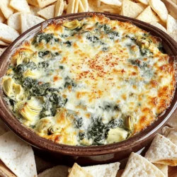 - 1 cup fresh spinach, finely chopped - 1 cup canned artichoke hearts, thoroughly drained and coarsely chopped - 1 cup cream cheese, softened to room temperature - 1/2 cup sour cream - 1/2 cup mayonnaise - 1 cup shredded mozzarella cheese - 1/2 cup grated Parmesan cheese - 2 cloves fresh garlic, minced - 1 teaspoon freshly squeezed lemon juice - Salt and freshly ground black pepper to taste - Optional: 1/4 teaspoon red pepper flakes for a spicy kick The magic of creamy spinach artichoke dip starts with fresh spinach and artichokes. Spinach adds a lovely green color and a healthy boost. Artichokes bring a unique taste that pairs perfectly with creamy ingredients. Cream cheese forms the base of this dip, making it rich and smooth. Sour cream and mayonnaise add tang and depth. The melty mozzarella and salty Parmesan create a fantastic flavor blend. Garlic gives this dip a punch. Freshly squeezed lemon juice brightens the flavors and keeps it lively. Salt and pepper are key for taste. If you like heat, the red pepper flakes add a fun kick. Each serving has around 200 calories. It contains fats from the cheese and cream, proteins from the dairy, and carbohydrates from the artichokes. Spinach is great for your health. It is full of vitamins and minerals. Artichokes are also very nutritious and high in fiber. Together, they make this dip not just tasty but good for you too. For the full recipe, check out the link to make this dip at home. Enjoy this delicious, creamy treat! 1. Preheat your oven to 350°F (175°C). This step is key for baking the dip evenly. 2. In a large mixing bowl, combine the softened cream cheese, sour cream, and mayonnaise. Mix them until creamy and smooth. Make sure there are no lumps. 1. Now, fold in the chopped spinach and artichoke hearts. Add the minced garlic, lemon juice, mozzarella, and Parmesan cheese. Mix well to ensure everything is fully combined. 2. Season this mixture with salt and freshly ground black pepper. If you like some heat, add red pepper flakes for a spicy twist. 1. Transfer the creamy mixture into a medium-sized baking dish. Use a spatula to smooth it out evenly. 2. Place the dish in the oven and bake for 25-30 minutes. Look for a golden-brown crust on top, which means it's ready. For the full recipe, check the link above. Enjoy each step, and soon you'll have a dip that everyone loves! To make your creamy spinach artichoke dip smooth, start with softened cream cheese. This helps avoid lumps. Mix the cream cheese, sour cream, and mayonnaise well. Use an electric mixer for a fluffy texture. The key is to blend until creamy and smooth. For flavor enhancement, always add fresh garlic. It brings out the best in the dip. A squeeze of lemon juice adds brightness and balances the creaminess. If you like heat, consider adding red pepper flakes. They give the dip a spicy kick. The best dippers for this creamy dip are crispy pita chips and fresh baguette slices. You can also serve it with crunchy veggie sticks. Carrots, celery, and bell peppers make great additions. They add color and freshness to your platter. For an appealing look, garnish the dip with a sprinkle of extra Parmesan cheese. A few red pepper flakes on top make it pop. Serve it warm for the best taste. To reheat your dip, preheat the oven to 350°F (175°C). Place the dip in an oven-safe dish. Heat for about 15-20 minutes. Look for it to bubble slightly and become warm throughout. This method keeps the dip creamy and tasty. Avoid microwaving, as it can change the texture. {{image_4}} You can switch up the cheese for fun. Instead of cream cheese, try Gouda for a smoky taste. You can also use ricotta for a lighter dip. Goat cheese adds a tangy flavor that many love. If you want a softer texture, use mascarpone. Each cheese brings new life to this dip. Want to spice things up? Add a pinch of garlic powder or smoked paprika. You can drizzle some olive oil for extra richness. Sun-dried tomatoes add a sweet and tangy twist. Olives give a briny kick that pairs well. These small changes make a big difference. If you need vegetarian options, this dip fits the bill! You can make it gluten-free by using gluten-free crackers or veggies. For a healthier dip, swap sour cream with Greek yogurt. These adjustments keep all the flavor while meeting dietary needs. Enjoy this creamy spinach artichoke dip with confidence! For the complete recipe, check out the Full Recipe. To keep your dip fresh, place it in an airtight container. This helps prevent it from drying out. Ensure the dip cools completely before sealing. Store it in the refrigerator for up to five days. When you want to enjoy it again, just reheat it gently. You can freeze the dip for longer storage. First, let it cool completely. Then, transfer it to a freezer-safe container. Seal the container tightly to prevent air. Label it with the date. You can freeze it for up to three months. To defrost, move it to the fridge overnight. Reheat it in the oven for the best taste. The creamy spinach artichoke dip stays fresh in the fridge for about five days. If you freeze it, aim to use it within three months. After that, the flavor and texture may change. Always check for any signs of spoilage before enjoying your dip again. To make your creamy spinach artichoke dip thicker, you can use a few simple tricks. First, add more cream cheese. This cheese gives a rich texture. You can also fold in more shredded cheese, like mozzarella or Parmesan. Another option is to cook the spinach longer to remove extra water. Drain the artichokes well to prevent excess moisture too. Yes, you can make this dip ahead of time. Prepare it as directed but do not bake it yet. Cover the dish tightly with plastic wrap. Store it in the fridge for up to two days. When you're ready to enjoy it, bake it as instructed. This way, you save time and still have a fresh dip. This dip goes well with many tasty sides. Try serving it with crispy pita chips or sliced fresh baguette. Vegetable sticks like carrots, celery, and bell peppers also make great dippers. For a fun twist, serve it with tortilla chips or crackers. Your guests will love the variety! Spinach artichoke dip has some healthy aspects. Spinach is full of vitamins and minerals. Artichokes are high in fiber and good for digestion. However, this dip is also rich in cream and cheese. It is best enjoyed in moderation. Pair it with fresh veggies for a balanced snack. For the complete steps and detailed ingredients, check the [Full Recipe](#). In summary, we explored how to make a delicious spinach artichoke dip. We covered the main ingredients, step-by-step instructions, and key tips for the best results. You learned about storage, variations, and answers to common questions. This dip is easy, tasty, and versatile. Experiment with flavors and enjoy it with your favorite dippers. Trust me, this will be a hit at your next gathering!
