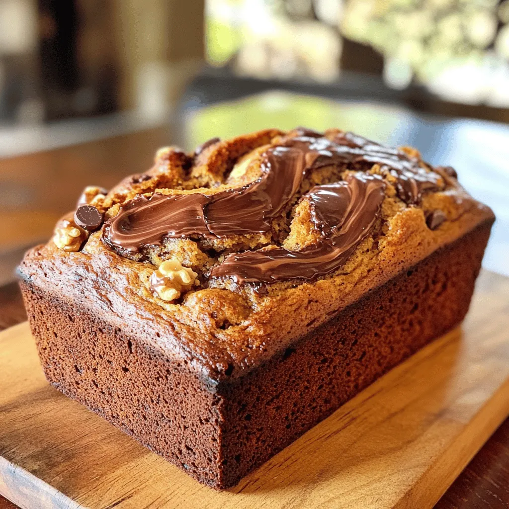- 3 ripe bananas, mashed until smooth - 1/2 cup unsalted butter, melted and slightly cooled - 3/4 cup packed brown sugar - 1 large egg, at room temperature - 1 teaspoon pure vanilla extract - 1 teaspoon baking soda - 1/4 teaspoon fine sea salt - 1 1/2 cups all-purpose flour, sifted - 1/2 cup Nutella, softened slightly for easy swirls - 1/4 cup chopped walnuts (optional, for added crunch) - 1/4 cup semi-sweet chocolate chips (optional, for extra indulgence) Each ingredient plays a key role in making this treat special. The ripe bananas add natural sweetness and moisture, while the unsalted butter gives richness. Brown sugar brings a deep flavor that blends well with the Nutella. Don’t skip the vanilla extract; it adds warmth to the bread. Baking soda helps the bread rise, and the sea salt balances the sweetness. Use all-purpose flour for the best texture. Nutella is the star, creating a rich, chocolatey swirl. Optional add-ins like walnuts or chocolate chips can enhance your flavor experience. You can mix these in for extra crunch or sweetness. This combination of ingredients makes Nutella banana bread a delightful and unique treat for any occasion. For the complete guide, check the Full Recipe. 1. Preheat oven and prepare loaf pan: Start by preheating your oven to 350°F (175°C). Grease a 9x5 inch loaf pan with butter or use non-stick spray. You can also line it with parchment paper for easy removal later. 2. Combine wet ingredients: In a large bowl, mash 3 ripe bananas until smooth. Add 1/2 cup of melted butter to the bananas. Mix them well until they look creamy and blended. 3. Incorporate sugar and egg: Next, add 3/4 cup of packed brown sugar to the banana mix. Break in 1 large egg and pour in 1 teaspoon of pure vanilla extract. Stir everything until it is well blended and smooth. 1. Mix in baking soda and salt: Sprinkle 1 teaspoon of baking soda and 1/4 teaspoon of fine sea salt over the wet mix. Mix it all together until fully combined. 2. Fold in flour: Gradually add 1 1/2 cups of sifted all-purpose flour. Gently fold it in. Don't overmix; this keeps the bread soft and fluffy. 3. Add optional ingredients: If you like, fold in 1/4 cup of chopped walnuts or 1/4 cup of semi-sweet chocolate chips. These add extra flavor and texture. 1. First layer of batter: Pour half of the batter into the prepared loaf pan. Use a spatula to smooth it out evenly. 2. Swirl in Nutella: Take 1/2 cup of softened Nutella and drop dollops on top of the batter. Take a butter knife and swirl the Nutella into the batter for a marbled effect. 3. Add remaining batter: Carefully pour the rest of the banana bread batter over the Nutella layer, ensuring it covers the swirls. 4. Final layer of Nutella: Add more dollops of the remaining Nutella on top. Use the knife again to create beautiful swirls. 5. Bake and cool the bread: Place the loaf pan in the oven. Bake for 60-65 minutes. Check for doneness by inserting a toothpick in the center. If it comes out clean or with a few crumbs, the bread is ready. Let it cool in the pan for 10 minutes, then move it to a wire rack to cool completely before slicing. For the complete recipe, refer to the Full Recipe section. Enjoy every slice of this delightful Nutella banana bread! - How to achieve a perfect crumb: Use ripe bananas for moisture. They should be dark and spotty. This adds natural sweetness and keeps the bread soft. - Checking for doneness: Insert a toothpick into the center of the loaf. If it comes out clean or with a few crumbs, your bread is ready. - Tips on avoiding overmixing: Mix the batter just until combined. Overmixing makes the bread dense. - Presentation tips for serving: Slice the banana bread and serve it warm or at room temperature. Dust the top with powdered sugar for a nice touch. - Best accompaniments: Enjoy it with a hot cup of coffee or tea. The warm drink pairs well with the rich flavors of Nutella. - How to store Nutella banana bread: Wrap the cooled bread in plastic wrap. Place it in an airtight container. It stays fresh for up to five days at room temperature. - Reheating techniques for freshness: Slice and warm pieces in the microwave for 10-15 seconds. This restores its soft texture and makes it taste fresh again. For the full recipe and more details, check out the Nutella Swirled Banana Bread recipe! {{image_4}} You can easily boost the flavor of Nutella banana bread. A sprinkle of cinnamon adds warmth. Nutmeg can bring a nice twist, too. Both spices complement the chocolate and banana well. You might also try different nut butters. Almond or peanut butter works great. These can swap with Nutella for a new taste. Each option gives a unique flavor. If you want a lighter version, substitute some ingredients. Use Greek yogurt instead of butter for less fat. You can replace brown sugar with honey or maple syrup. These swaps keep the bread moist and sweet. For a vegan option, use a flax egg. Mix one tablespoon of ground flaxseed with three tablespoons of water. Let it sit for five minutes to thicken. This works well as an egg replacement. Making mini loaves or muffins is a fun idea. Just use a mini loaf pan or muffin tin. This way, you create perfect bite-sized treats. Adjust your baking time to fit these smaller sizes. Bake mini loaves for about 30–35 minutes. Muffins usually bake for 18–20 minutes. Check for doneness by using a toothpick. To make Nutella banana bread, gather these ingredients: - 3 ripe bananas, mashed until smooth - 1/2 cup unsalted butter, melted and slightly cooled - 3/4 cup packed brown sugar - 1 large egg, at room temperature - 1 teaspoon pure vanilla extract - 1 teaspoon baking soda - 1/4 teaspoon fine sea salt - 1 1/2 cups all-purpose flour, sifted - 1/2 cup Nutella, softened slightly for easy swirls - 1/4 cup chopped walnuts (optional, for added crunch) - 1/4 cup semi-sweet chocolate chips (optional, for extra indulgence) Here’s how to prepare it: 1. Prepare the Oven and Pan: Preheat your oven to 350°F (175°C). Grease a 9x5 inch loaf pan with butter or non-stick spray, or line it with parchment paper for easy removal. 2. Combine Wet Ingredients: In a large bowl, mash the ripe bananas. Stir in the melted butter until smooth. 3. Incorporate Sugar and Egg: Add brown sugar to the banana mix. Beat in the egg and vanilla until well mixed. 4. Add Dry Ingredients: Sprinkle baking soda and salt over the mixture, then stir to combine. 5. Incorporate Flour: Gradually fold in the sifted flour. Mix until just combined to keep the bread light. 6. Mix in Add-Ins: If you like, gently fold in walnuts and chocolate chips for texture. 7. First Layer of Batter: Pour half of the batter into the loaf pan, smoothing it out. 8. Swirl in Nutella: Place dollops of half of the Nutella on top. Use a knife to swirl it into the batter. 9. Add Remaining Batter: Carefully pour the rest of the batter over the first layer. 10. Final Layer of Nutella: Add more Nutella on top. Swirl it through the second layer. 11. Bake the Bread: Bake for 60-65 minutes. Check doneness with a toothpick; it should come out clean or with a few crumbs. 12. Cool Down: Let the bread cool in the pan for 10 minutes. Transfer to a wire rack to cool completely. Prep time is 15 minutes, and total time is about 1 hour and 15 minutes. This recipe makes about 10 slices. Each serving is one slice. The calorie count is about 200 calories per slice. Here’s a breakdown of the macros: - Fats: 9g - Carbohydrates: 30g - Proteins: 3g For visuals, take photos of each step. Capture the swirls of Nutella and the golden crust. To take great shots, use natural light. Slice the bread while it’s warm for a cozy feel. Add a cup of coffee or tea in the background for a nice touch. Can I use frozen bananas for this recipe? Yes, you can use frozen bananas. Just thaw them first. Make sure to drain any extra liquid. They will still mash well and add great flavor. What if I don't have Nutella? No Nutella? No problem! You can use any chocolate spread. Peanut butter or almond butter also works for a tasty twist. How do I know when the bread is done baking? To check if the bread is done, insert a toothpick in the center. If it comes out clean or with a few crumbs, it is ready. If it’s wet, bake it a bit longer. Can I double the recipe? Yes, you can double the recipe! Just use a bigger loaf pan or make two loaves. Adjust the baking time as needed, but check for doneness the same way. Can I make this without sugar? You can use natural sweeteners like honey or maple syrup. Start with less and adjust to taste. Keep in mind, this may change the texture. How to adapt for gluten-free diets? To make this gluten-free, swap all-purpose flour with a gluten-free blend. Ensure your baking soda is gluten-free too. The texture might vary slightly, but it will still taste great! This post covered everything you need to make Nutella banana bread. You learned about key ingredients and step-by-step instructions for preparing and baking. We explored tips for perfect results, served suggestions, and even variations for every taste. Try this recipe for a delightful treat. Enjoy the warm, sweet flavors and share with friends! Baking can be fun and simple, and I hope you feel inspired to make your own creations.
