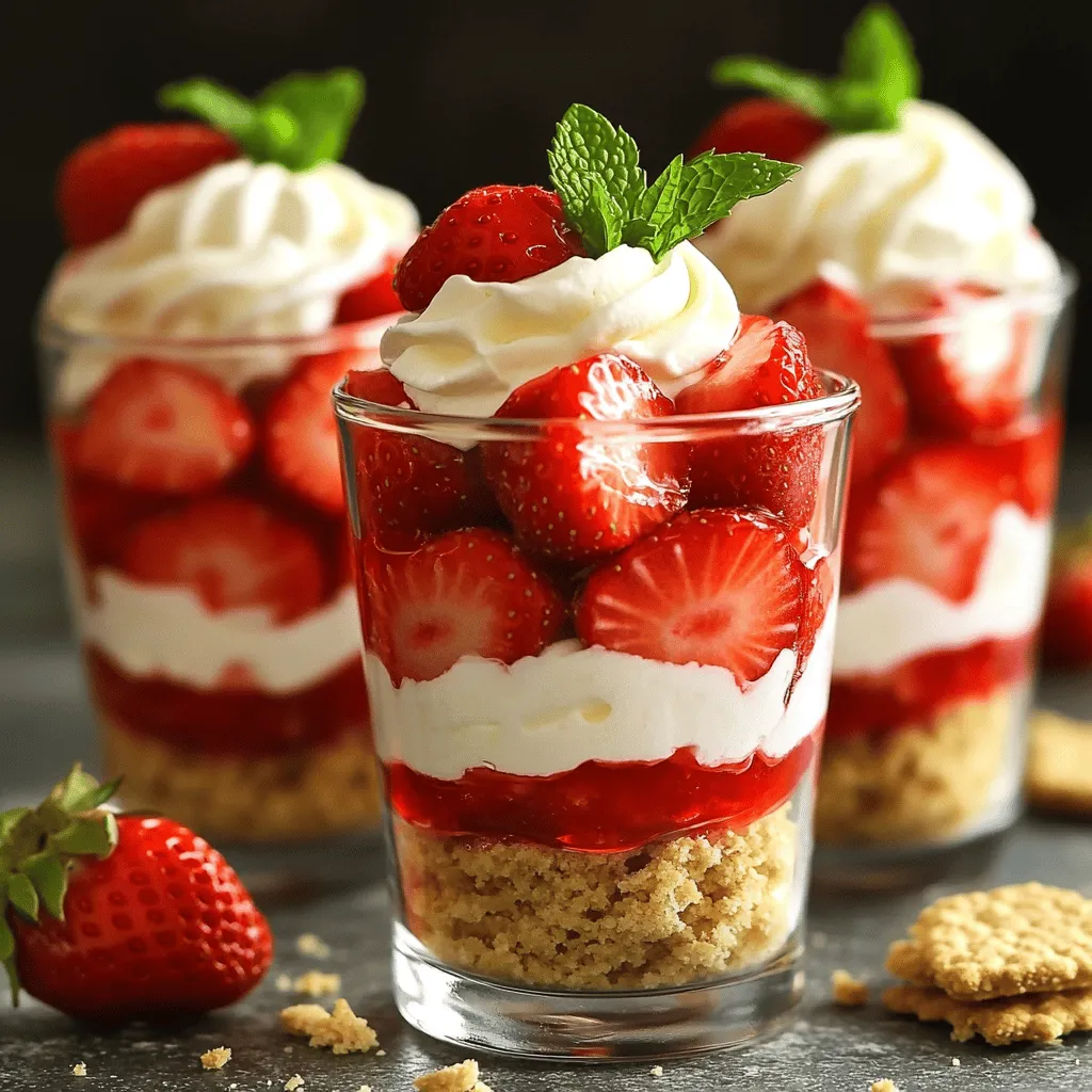 - 2 cups fresh strawberries, hulled and sliced - 2 tablespoons granulated sugar (divided) Fresh strawberries form the heart of this dessert. They provide a sweet, juicy burst in every bite. The sugar helps bring out their natural flavors. Let them sit for about 15 minutes to soak in the sweetness. This makes them even more delicious. - 1 cup heavy whipping cream - 8 ounces cream cheese, softened to room temperature - 1 cup powdered sugar - 1 teaspoon pure vanilla extract The cream cheese gives a rich and smooth texture. Whipping cream adds lightness and airiness, making the dessert feel luxurious. Be sure to whip the cream until it forms stiff peaks. This helps the shortcake hold its shape. The powdered sugar and vanilla enhance the sweet flavor and aroma. - 6-8 graham crackers, finely crushed - Fresh mint leaves for garnish (optional) Graham crackers add a nice crunch and a hint of sweetness. They form the base layers of the shortcake. You can use fresh mint leaves as a garnish. They add a pop of color and a refreshing taste, making your dessert even more appealing. For the complete recipe, check out the [Full Recipe]. Start by hulling and slicing your fresh strawberries. Use 2 cups for this recipe. Place them in a medium mixing bowl. Sprinkle 1 tablespoon of granulated sugar over the strawberries. Toss gently to coat them. Let them sit for about 15 minutes. This step, called maceration, helps draw out their natural juices. You will end up with sweet, juicy strawberries that are perfect for your shortcake. While the strawberries sit, grab another mixing bowl. Pour in 1 cup of heavy whipping cream. Use an electric mixer on high speed to whip the cream. Mix until you see stiff peaks form, which takes about 4-5 minutes. This whipped cream adds a lightness to your dessert. Be sure not to overwhip, or it could turn grainy. Now, take another bowl and add 8 ounces of softened cream cheese. Mix in the remaining 1 tablespoon of granulated sugar and 1 cup of powdered sugar. Pour in 1 teaspoon of pure vanilla extract. Beat these ingredients together until you have a smooth, creamy mixture. This will give your shortcake a rich, sweet base. It’s time to put everything together! In individual serving glasses or a shallow dish, start with a layer of crushed graham crackers. Next, add a layer of the creamy mixture. Follow this with a layer of your macerated strawberries. Repeat these layers until you run out of ingredients. Make sure to finish with a layer of strawberries on top. Once assembled, place your shortcakes in the fridge for at least 1 hour. This chilling time helps the flavors blend well. When ready to serve, garnish with fresh mint leaves for a lovely touch. For the full recipe, be sure to check out the recipe section! Using fresh ingredients is key to a great no-bake strawberry shortcake. Always choose ripe strawberries. They should be bright red and smell sweet. Fresh strawberries give the dish a burst of flavor. You can also try using seasonal berries like blueberries or raspberries. They add fun colors and taste. To get perfect whipped cream, start with cold heavy cream. Use an electric mixer to whip it. Mix on high speed until stiff peaks form. This usually takes about 4-5 minutes. Be careful not to overwhip. If you whip too long, it becomes grainy. The whipped cream should be light and fluffy for the best texture. Layering is an art in this dessert. Begin with a layer of crushed graham crackers. Then add a layer of the creamy mixture. Follow this with a layer of macerated strawberries. Repeat these layers until you use all the ingredients. Finish with strawberries on top for a beautiful look. This technique not only looks good but also mixes flavors well. For a fun twist, use clear glasses to show off the layers. For more tips, check out the Full Recipe for no-bake strawberry shortcake delight. {{image_4}} You can use different fruits in your no-bake strawberry shortcake. Blueberries, raspberries, or peaches work well. Simply replace the strawberries with your chosen fruit. Adjust the sugar based on the sweetness of the fruit. For a tropical twist, try mango or pineapple. You can mix several fruits for a colorful dessert, too. Instead of graham crackers, you can use other bases. Crushed cookies like Oreos or vanilla wafers add a unique touch. For a gluten-free option, use crushed almond flour cookies. You can even layer the dessert with sponge cake or ladyfingers for a soft texture. This change adds new flavors and keeps the dish exciting. To enhance flavor, consider adding zest or spices. Lemon or orange zest brightens the dish. A pinch of cinnamon or nutmeg adds warmth. You can also stir in a splash of liqueur, like Grand Marnier, for an adult twist. For a richer taste, add chocolate shavings or a drizzle of melted chocolate on top. Each variation brings a new layer of delight to your dessert. For the full recipe details, check out the No-Bake Strawberry Shortcake Delight. You can store your no-bake strawberry shortcake in the fridge. Cover it tightly with plastic wrap or a lid. This keeps it fresh and prevents it from absorbing other flavors in the fridge. It’s best to eat it within 2-3 days for the best taste and texture. If you want to keep it longer, freezing is an option. Just make sure to freeze it before adding the fresh strawberries on top. You can store the layered dessert in an airtight container. It can last in the freezer for up to a month. When you're ready to enjoy it, let it thaw in the fridge overnight. The no-bake strawberry shortcake stays fresh for about 2-3 days in the fridge. After that, the texture may change. The strawberries might get mushy, and the cream may lose its fluffiness. For best results, try to finish it within the first few days. You can always make a new batch if you want more! For the full recipe, check out the previous section. Yes, you can make no-bake strawberry shortcake ahead of time. It tastes even better after chilling. I recommend making it a few hours before serving. If you prepare it the night before, the flavors blend nicely. Just keep it covered in the fridge until you're ready to enjoy. If you want a change from graham crackers, try crushed cookies like Oreos or vanilla wafers. You can also use crushed digestive biscuits or even sponge cake. Each option adds a unique flavor and texture to your dessert. Serving this dessert is simple! You can use clear glasses for a pretty view of the layers. Spoon it into bowls or plates for a more casual look. Top each serving with extra strawberries and a mint leaf for a fresh touch. Fresh, ripe strawberries work best for this recipe. Look for berries that are bright red and firm. They should smell sweet and have no signs of mold. If you can find local, in-season strawberries, they will taste even better! This blog post showed how to create a tasty no-bake strawberry shortcake. We covered choosing fresh fruit, dairy, sweeteners, and crunchies. You learned step-by-step instructions, tips for freshness, and assembly techniques. Consider trying different fruits or bases for fun twists. Remember, proper storage keeps your dessert fresh longer. With these ideas, you can make a delightful treat any time. Enjoy making and sharing your creations!