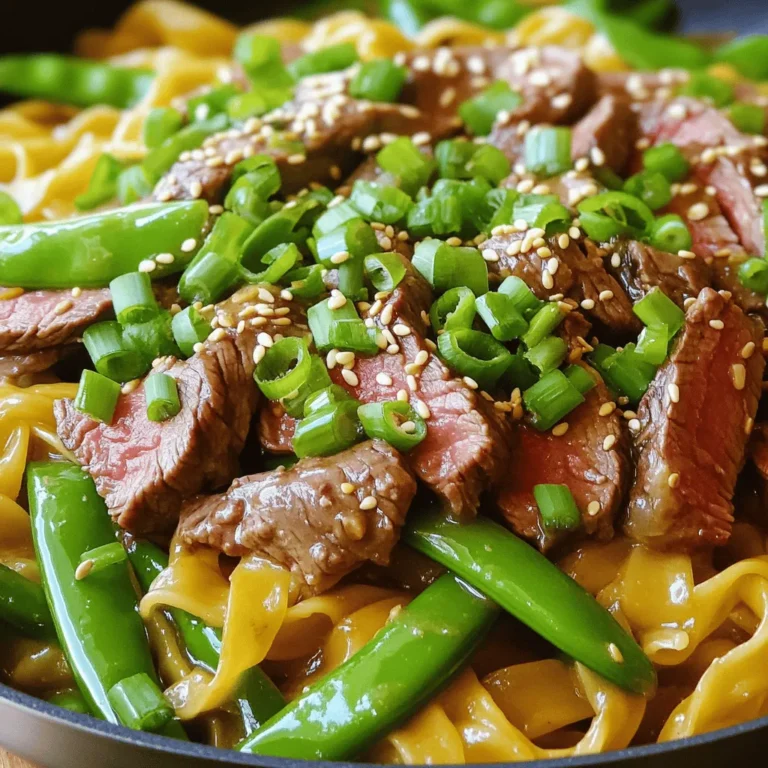 - 8 oz egg noodles - 1 lb sirloin steak, thinly sliced against the grain - 4 tablespoons unsalted butter, divided - 5 cloves garlic, minced - 2 tablespoons soy sauce - 1 tablespoon oyster sauce - 1 cup snap peas, trimmed - 2 green onions, thinly sliced - Sesame seeds for garnish (optional) The ingredients for garlic butter steak noodles are simple yet full of flavor. First, you'll need 8 ounces of egg noodles. They cook up nice and hold the sauce well. For protein, use 1 pound of sirloin steak. Be sure to slice it thinly against the grain. This helps it stay tender. You'll also need 4 tablespoons of unsalted butter. This adds richness to your dish. Next, for that garlic punch, grab 5 cloves of minced garlic. To bring in umami, you'll need 2 tablespoons of soy sauce and 1 tablespoon of oyster sauce. For some crunch and color, include 1 cup of snap peas, trimmed. Finish it off with 2 green onions, thinly sliced, and optional sesame seeds for garnish. These ingredients come together to create a dish that is as delicious as it is easy to make. You can find the full recipe [here](#). - Bring a large pot of salted water to a boil. - Add 8 oz of egg noodles and cook according to package instructions. - Drain the noodles and set them aside. Reserve about 1/2 cup of the pasta water for later. - Take 1 lb of sirloin steak, thinly sliced against the grain. - Season the steak with salt and pepper. - In a skillet, melt 2 tablespoons of butter over medium-high heat. - Add the steak slices in a single layer and sear for 2-3 minutes on each side. - Remove the steak and set it aside on a plate. - In the same skillet, lower the heat to medium and add the remaining 2 tablespoons of butter. - Once melted, add 5 cloves of minced garlic and 1 teaspoon of crushed red pepper flakes. - Cook for about 30 seconds, stirring constantly. - Watch closely so the garlic becomes fragrant but does not burn. - Return the seared steak to the skillet. - Add 2 tablespoons of soy sauce, 1 tablespoon of oyster sauce, and the cooked noodles. - Toss everything gently, coating the noodles and steak in the sauce. - If needed, splash in some reserved pasta water to help bind it all together. - Stir in 2 sliced green onions and taste for seasoning. - Adjust with more salt or pepper if needed. - Plate the dish and garnish with sesame seeds if you like. This method gives you a tasty Garlic Butter Steak Noodles dish with rich flavor. For the full recipe, check out the details above. Enjoy your meal! To get the best steak, slice it thinly against the grain. This helps make each bite tender. Use a sharp knife for clean cuts. For doneness, I recommend a meat thermometer. Aim for 130°F for medium-rare. Cook longer if you want it medium or well-done. Sear the steak for just 2-3 minutes per side. This gives it a nice crust without overcooking. To achieve the perfect al dente texture, cook the noodles in boiling salted water. Follow the package instructions closely. Test them a minute before they are done. To keep noodles from sticking, stir them often while cooking. After draining, toss them with a little oil. This helps keep them loose until you mix them with the sauce. You can customize the garlic butter sauce in many ways. Add a splash of lime juice for brightness. Try different herbs like basil or parsley for freshness. If you like heat, add more crushed red pepper flakes. For a deeper flavor, use a splash of Worcestershire sauce. Adjust the soy sauce for more saltiness or sweetness. {{image_4}} You can switch out steak for chicken or shrimp. Both options cook quickly and add great flavor. For chicken, use thin slices or small pieces. Cook it just like the steak, searing it until golden brown. For shrimp, toss them in the skillet for only a few minutes until they turn pink. If you prefer a vegetarian meal, consider using tofu or mushrooms. Firm tofu can soak up the garlic butter sauce well. Cut tofu into cubes and pan-fry until crispy. Mushrooms provide a nice, meaty texture. Sauté sliced mushrooms until golden brown before adding the noodles. Egg noodles are tasty, but you can try different types. Rice noodles work great and are gluten-free. Just soak them in hot water until soft. You can also use whole wheat noodles for a healthier touch. If you want a low-carb option, zucchini noodles are fun. Pair your noodles with various sauces. Peanut sauce adds a nutty twist. Teriyaki sauce brings sweetness. Experiment to find your favorite! Swap snap peas for seasonal greens like spinach or kale. These greens add color and nutrients. They cook quickly, so add them at the end of cooking. You can also add bell peppers, carrots, or broccoli. These veggies provide crunch and flavor. Dice them up and sauté until tender. The more colorful your dish, the more appealing it looks! To store your garlic butter steak noodles properly, let them cool first. Once cool, place them in an airtight container. This helps keep the flavors fresh. You can store these noodles in the fridge for up to three days. If you notice any odd smells or changes in color, it's best to toss them out. When reheating garlic butter steak noodles, I recommend using the stovetop. This method keeps the texture nice and prevents the noodles from getting mushy. Just add a splash of water to the skillet and heat on low. Stir gently until warmed. You can use the microwave, but be careful. Heat in short bursts and stir in between. This way, you avoid uneven heating and keep the dish tasty. To add some heat, try adding more crushed red pepper flakes. Start with one extra teaspoon. You can also add sliced fresh chili peppers. For a different spice, use hot sauce. Adjust until it hits your perfect level of spice. If you avoid soy or gluten, use coconut aminos. It has a similar taste but is soy-free. You can also try tamari, which is gluten-free soy sauce. Another option is using a mix of balsamic vinegar and water for a unique flavor. Yes, you can make garlic butter steak noodles ahead of time. Cook the noodles and steak, then store them separately. Keep the sauce in a jar. When you’re ready to eat, reheat everything together. This keeps flavors fresh. In the fridge, this dish lasts about 3-4 days. Store it in an airtight container to keep it fresh. Always check for any signs of spoilage before eating. Reheat thoroughly before serving. Yes, you can freeze garlic butter steak noodles. Allow it to cool completely, then place it in a freezer-safe bag. It will stay good for up to 3 months. To eat, thaw it overnight in the fridge. Then reheat on the stove until hot. For the full recipe, check out the details above! This dish combines egg noodles, tender steak, and a rich garlic butter sauce. You learned how to cook each ingredient perfectly—from the noodles to the steak. Plus, you discovered tips for making it spicy or customizing it with different proteins and veggies. Whether you want a quick meal or a flavorful twist, this recipe is a winner. Now, it’s time for you to try it out. Enjoy your cooking adventure!