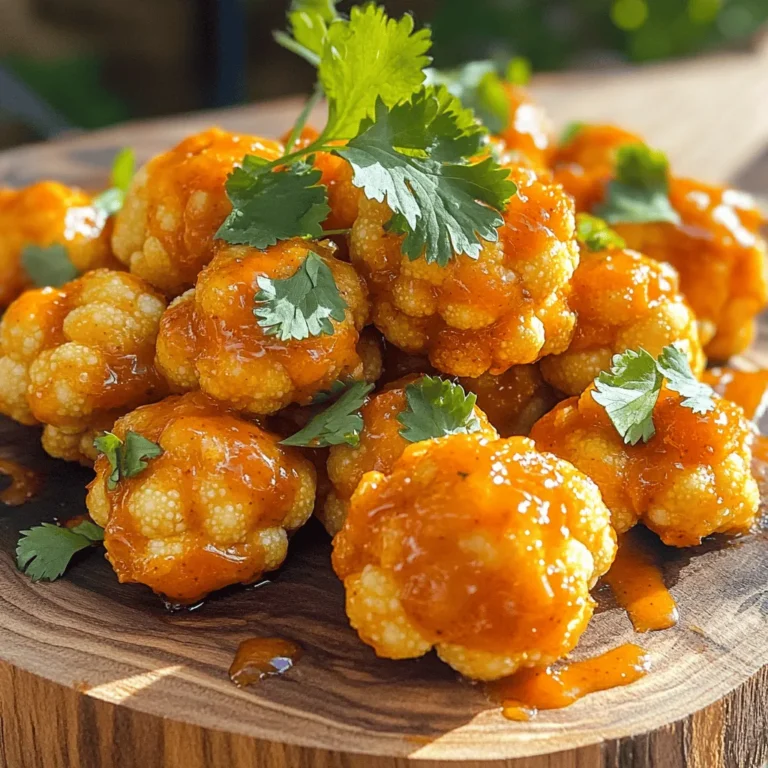 To make delicious Buffalo Cauliflower Bites, you will need a few simple ingredients: - 1 head of cauliflower, cut into bite-sized florets - 1 cup all-purpose flour - 1/2 teaspoon garlic powder - 1/2 teaspoon onion powder - 1/2 teaspoon smoked paprika - 1/2 teaspoon salt - 1 cup water (or almond milk for a creamier batter) - 1/2 cup buffalo sauce (homemade or store-bought) - 2 tablespoons melted vegan butter (optional for added richness) - Fresh cilantro or parsley for garnish These ingredients come together to create a crispy, spicy snack that packs a punch. Buffalo Cauliflower Bites are not just tasty; they are healthy too. Each serving contains about 100 calories. They provide: - Protein: 3 grams - Carbohydrates: 15 grams - Fat: 4 grams Cauliflower is low in calories and high in fiber. It also provides vitamins C and K. Eating cauliflower can support heart health and digestion. You can enhance your Buffalo Cauliflower Bites by adding some garnishes. Here are a few options: - Fresh herbs like cilantro or parsley add a bright touch. - Chopped green onions give a nice crunch. - Sesame seeds can add a hint of nuttiness. These garnishes not only look good but also boost the flavor. You can find the full recipe [here](#). 1. Preheat Oven: Start by preheating your oven to 450°F (230°C). This high heat helps give the bites a crispy texture. While the oven heats, line a large baking sheet with parchment paper. This will keep the bites from sticking and make cleanup a breeze. 2. Create the Batter Consistency: In a mixing bowl, combine the flour, garlic powder, onion powder, smoked paprika, and salt. Gradually pour in water or almond milk. Whisk this mix until it looks smooth, similar to pancake batter. This batter will coat the cauliflower well. 3. Coat the Cauliflower Florets: Take each cauliflower floret and dip it into the batter. Make sure each piece is fully coated. Place these battered florets on the prepared baking sheet, leaving space between them. This helps them cook evenly and get crispy. 4. First Baking Session for Crispiness: Put the baking sheet in the oven and bake the cauliflower for 20 minutes. Halfway through, turn the florets to ensure they brown nicely on all sides. This step is key for that perfect crunch. 5. Combine with Buffalo Sauce: In a separate bowl, mix the buffalo sauce with melted vegan butter if you're using it. Stir well and taste to adjust the heat. This is your flavor boost for the cauliflower. 6. Final Baking for Caramelization: After the first baking, take out the cauliflower. Toss the hot bites in the buffalo sauce mix until they are well coated. Return the coated cauliflower to the baking sheet and bake for an extra 10 to 15 minutes. This final bake will add depth and help caramelize the sauce. Enjoy creating these tasty Buffalo Cauliflower Bites! For a complete guide, check the Full Recipe. To get a crispy coating on your Buffalo Cauliflower Bites, follow these tips: - Use cold water or almond milk when making the batter. It helps create a lighter texture. - Don’t overcrowd the baking sheet. Space the florets out so they can crisp up nicely. To avoid sogginess, you can: - Bake the cauliflower before tossing it in the sauce. This makes sure they stay crisp. - Turn the oven to broil for the last few minutes. This adds a nice crunch to the outside. Want to spice it up? Here are some suggestions: - Custom spice blends can add new flavors. Try adding cayenne pepper or chili powder for heat. - Adjust the heat levels by mixing in more buffalo sauce or using a milder sauce. Taste as you go for the best result. Pair your Buffalo Cauliflower Bites with these: - Ideal dips include ranch or blue cheese dressing. They balance the heat well. - For a complete meal, serve with celery sticks and carrot sticks. They add crunch and freshness. For the full recipe, check the detailed instructions to create this amazing snack! {{image_4}} You can easily make Buffalo Cauliflower Bites vegan or gluten-free. For a gluten-free option, try using almond flour or chickpea flour instead of all-purpose flour. Both options give a nice flavor and texture. If you want a creamier batter, use almond milk instead of water. For a dairy-free buffalo sauce, look for brands that use plant-based ingredients. You can also make your own sauce using hot sauce and a splash of vinegar, plus a bit of maple syrup for sweetness. Buffalo Cauliflower Bites are not just spicy. You can add sweet and spicy flavors too. Mix honey or maple syrup with buffalo sauce for a sweet kick. Try different sauces like BBQ or teriyaki for a unique twist. These flavors bring a new life to the bites and keep them exciting. Buffalo Cauliflower Bites make a great salad topping. Just chop some greens, add the bites, and drizzle with dressing. You can also add them to wraps or sandwiches. Place them between bread with your favorite veggies and sauces. This way, you create a hearty meal that is both tasty and filling. For the full recipe, check out the detailed steps to make these delightful snacks! To keep your Buffalo Cauliflower Bites fresh, store them correctly. Place the bites in an airtight container. They will stay well in the fridge for up to three days. If you want to keep them longer, consider freezing. For freezing, let the bites cool completely. Then, arrange them in a single layer on a baking sheet. Freeze them for about an hour. Once frozen, transfer them to a freezer bag. Remove as much air as possible. They can last up to three months in the freezer without losing flavor. When it's time to eat your leftovers, you can reheat them in two ways: oven or microwave. The oven is best for keeping them crispy. Preheat the oven to 350°F (175°C). Spread the bites on a baking sheet and heat for about 10-15 minutes. If you need a quicker option, use the microwave. However, this method may make them a bit soft. Heat them in 30-second intervals until warm. For crispiness, try placing them in the oven for a few minutes after microwaving. How long can you keep Buffalo Cauliflower Bites stored? In the fridge, they last about three days. In the freezer, they can last three months if stored right. Check for signs of spoilage before eating. Look for any off smells or changes in color. If they seem mushy or have a strange taste, it's best to throw them away. Enjoy your bites while they’re fresh! For the full recipe, refer to the earlier sections. Yes, you can make Buffalo Cauliflower Bites in advance. To do this, follow these steps: - Prepare the cauliflower: Cut the cauliflower into bite-sized florets. - Make the batter: Mix the flour, spices, and liquid to create the batter. - Coat and bake: Dip the florets in the batter and bake them. Let them cool after baking. - Store: Place the cooled bites in an airtight container. They can stay in the fridge for up to three days. When you're ready to eat, just reheat in the oven. This helps maintain their crispy texture. Buffalo Cauliflower Bites pair well with many tasty sides and dips, including: - Veggie sticks: Carrots, celery, and cucumber add crunch. - Dips: Ranch or blue cheese dressing complement the spice. - Salads: A fresh green salad balances the meal. - Grains: Serve with rice or quinoa for a filling option. These sides enhance the flavor and make your meal more complete. Adjusting the heat of Buffalo Cauliflower Bites is easy: - To make it spicier: Add more buffalo sauce or include cayenne pepper in the batter. - To make it milder: Use less buffalo sauce or mix it with honey for sweetness. Feel free to taste as you go. This way, you can find the perfect heat level for your palate. Buffalo Cauliflower Bites are easy to make and packed with flavor. We explored essential ingredients, their health benefits, and how to prepare and serve them. Remember to experiment with spices and sauces for your perfect bite. Whether you go for a vegan or gluten-free option, these versatile snacks please everyone. They store well, and reheating is simple, keeping them crispy. Enjoy making this tasty dish that fits many meals and gatherings!