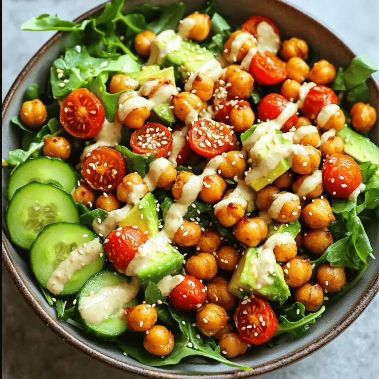 - 1 can (15 oz) chickpeas, fully drained and thoroughly rinsed - 1 tablespoon high-quality olive oil - 1 teaspoon smoked paprika for added depth - 1 teaspoon garlic powder for a savory touch - Freshly ground salt and black pepper to taste - 2 cups of mixed salad greens (such as arugula, spinach, and romaine) - 1 cup cherry tomatoes, halved for sweetness - 1/2 cucumber, diced into bite-sized pieces - 1/4 red onion, thinly sliced for mild sharpness - 1 ripe avocado, diced for creaminess - Juice of 1 fresh lemon for brightness - 2 tablespoons tahini, for rich creaminess - 1 tablespoon of maple syrup (or honey if preferred) for a touch of sweetness - Water to thin the dressing, as desired - Fresh herbs or sesame seeds for crunch - Lemon wedge on the side for a zesty touch Crispy Chickpea Salad is packed with vibrant flavors and textures. The chickpeas add protein and crunch, while the fresh veggies bring color and nutrition. You can find the Full Recipe above, which details how to prepare each ingredient. This salad is not just good; it’s a feast for your senses! First, preheat your oven to 400°F (200°C). This heat helps the chickpeas get crispy. In a bowl, mix the drained chickpeas with olive oil, smoked paprika, garlic powder, salt, and pepper. Stir until every chickpea is coated. Spread them on a baking sheet in one layer. Roast for 20-25 minutes. Shake the pan halfway to ensure even cooking. When done, the chickpeas should be golden and crunchy. While the chickpeas bake, grab a large bowl. Add mixed salad greens, halved cherry tomatoes, diced cucumber, sliced red onion, and diced avocado. Toss these ingredients gently. The colors and textures make the salad vibrant and inviting. In a small bowl, combine fresh lemon juice, tahini, maple syrup, and a splash of water. Whisk until smooth. If the dressing is thick, add more water. Taste and season with salt if needed. This creamy dressing adds flavor and richness to your salad. Once the chickpeas cool, add them to the salad bowl. Drizzle the tahini dressing over everything. Toss gently to coat all ingredients. Serve right away for the best texture. Enjoy your Crispy Chickpea Salad, a full meal packed with flavor and nutrients! For the complete recipe, check the Full Recipe section. To get your chickpeas nice and crispy, follow these steps: - Dry the Chickpeas: After rinsing, pat them dry with a towel. This step helps them crisp up well. - Spread Them Out: Place chickpeas in a single layer on the baking sheet. Crowding them can lead to steaming instead of roasting. - Toss Halfway Through: Shake the pan halfway through cooking. This helps them cook evenly on all sides. Adding extra flavors can take your salad to the next level. Here are some ideas: - Lemon Zest: Add some lemon zest to the dressing for a fresh kick. - Cumin: Sprinkle ground cumin on the chickpeas before baking for a warm flavor. - Nutritional Yeast: For a cheesy twist, mix in some nutritional yeast with the seasoning. Make your salad eye-catching and tasty with these tips: - Layer Ingredients: Place mixed greens at the bottom and top with colorful veggies. - Garnish: Add fresh herbs like parsley or cilantro for a pop of color. - Serve Fresh: For the best taste and texture, serve the salad right after tossing. For the full recipe, check out the detailed steps and ingredients list. {{image_4}} You can boost the protein in your crispy chickpea salad. Try adding grilled chicken, shrimp, or tofu. Each choice adds its own flavor. For a nutty twist, mix in roasted nuts or seeds. These options make your salad filling and hearty. They also keep it exciting, so you won’t get bored. This salad is easy to adapt for all diets. If you follow a vegan diet, stick with chickpeas and tahini for creaminess. You can also use plant-based yogurt in the dressing. It gives a nice tang without any animal products. For a vegetarian option, add cheese like feta or goat cheese for a rich flavor. Change up your salad with seasonal veggies. In spring, add asparagus or peas for fresh crunch. In summer, use bell peppers or zucchini for a colorful mix. Fall brings great squash options like butternut or roasted sweet potatoes. Winter greens like kale or collards work well too. These swaps keep your dish fresh and full of taste. For the full recipe, check out the [Full Recipe]. Store any leftover salad in an airtight container. Place it in the fridge for up to three days. Keep the crispy chickpeas separate to maintain their texture. If mixed, they may get soggy. Reheat the chickpeas in the oven for a few minutes at 350°F (175°C). This helps them regain their crunch. Avoid microwaving, as this will make them soft and chewy. - Chickpeas: Once opened, canned chickpeas last about three days in the fridge. - Mixed greens: They stay fresh for up to five days if stored properly. - Cherry tomatoes: Keep them at room temperature for best flavor, but refrigerate once cut. - Avocado: Cut avocado lasts a day or two in the fridge, but it's best fresh. - Tahini: It can last for months when sealed tight in a cool, dark place. You can explore the full recipe to know more about this delightful salad! Yes, you can make this salad ahead of time. Prepare the crispy chickpeas and salad base separately. Keep the chickpeas in an airtight container at room temperature. The salad base can stay in the fridge. Dress the salad right before serving for the best taste and texture. If you need a substitute for tahini, try using almond butter or sunflower seed butter. Both options add creaminess. You can also blend a bit of yogurt for a tangy twist. Adjust the amount to get the right consistency and flavor. This Crispy Chickpea Salad is naturally gluten-free. Just ensure all your ingredients are gluten-free. Use gluten-free dressings and check labels. Enjoy this meal without concern for gluten! This blog shared how to make a delicious Crispy Chickpea Salad. You learned about key ingredients, dressing, and optional garnishes. We covered easy steps to prepare the crispy chickpeas and how to mix the salad. I shared tips for perfect crispiness, flavor boosts, and great presentation ideas. You discovered fun variations and how to store leftovers safely. This dish is simple, nutritious, and adaptable for your taste. Try it out, and you’ll impress friends and family with your cooking skills!
