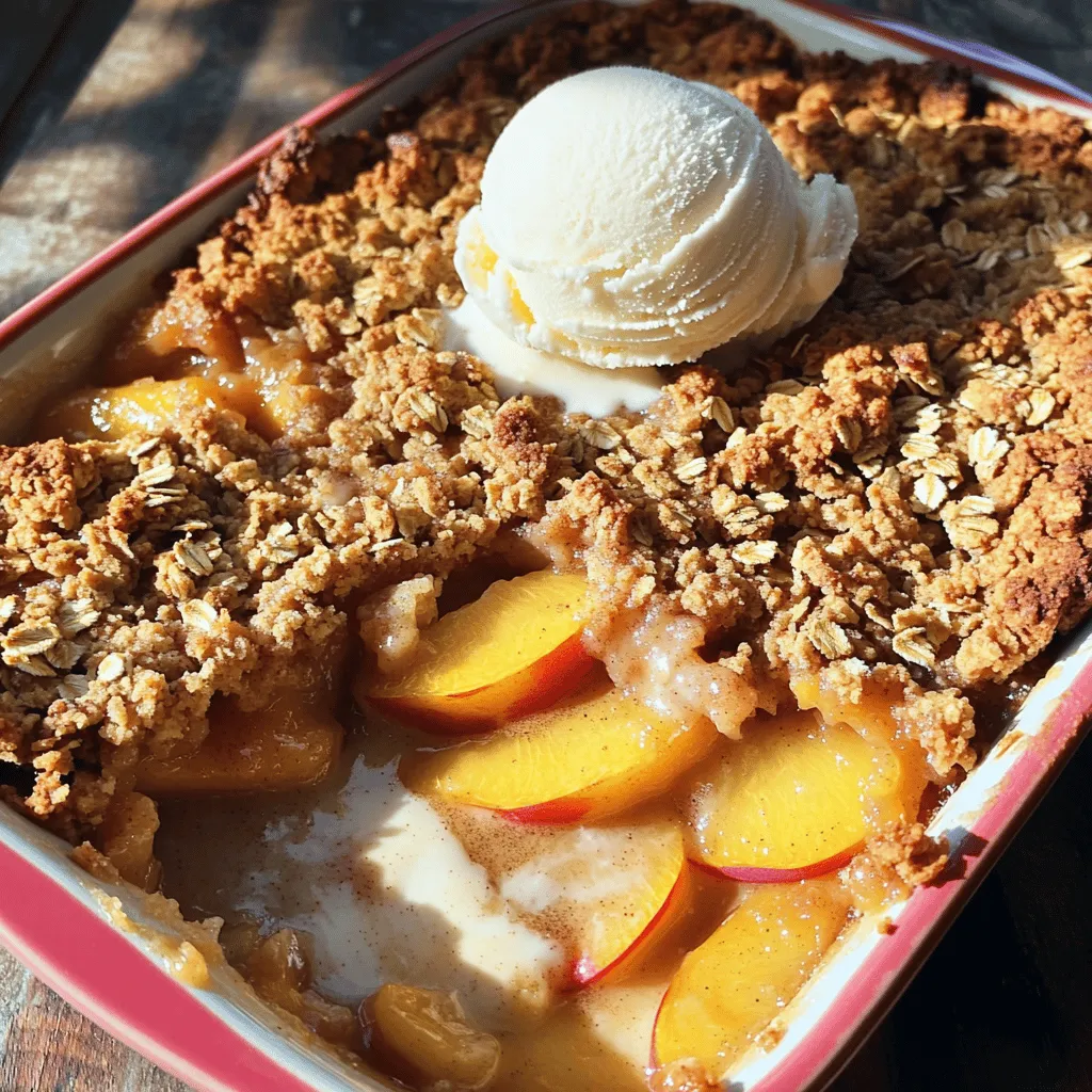 - 6 ripe peaches, pitted and sliced into thin wedges - 1 tablespoon fresh lemon juice - 1/2 cup granulated sugar - 1 tablespoon cornstarch - 1 teaspoon ground cinnamon - 1/2 teaspoon pure vanilla extract - 1 cup rolled oats - 1/2 cup all-purpose flour - 1/2 cup packed brown sugar - 1/4 cup unsalted butter, melted and slightly cooled - Pinch of sea salt Using ripe peaches makes a big difference. They should feel soft but not mushy. The lemon juice adds brightness and keeps peaches fresh. Granulated sugar balances the tartness of the fruit. Cornstarch thickens the peach juices as they cook. Ground cinnamon brings warmth and depth to the flavor. Pure vanilla extract enhances the sweetness of the dish. If you do not have peaches, you can use nectarines or plums. For a twist, try mixed berries like blueberries or raspberries. If you want to skip sugar, use honey or maple syrup. You can swap all-purpose flour with almond flour for a nutty taste. To make it dairy-free, substitute melted butter with coconut oil. For the full recipe, check the detailed instructions above. 1. Preheat your oven to 350°F (175°C). This step is key for even baking. 2. In a large bowl, mix the sliced peaches with lemon juice, sugar, cornstarch, cinnamon, and vanilla extract. Stir gently. You want the peaches to be coated well. 3. Transfer the peach mix to a greased 9x9-inch baking dish. Spread it evenly. This helps the heat reach all parts of the fruit. 4. In another bowl, combine rolled oats, flour, brown sugar, melted butter, and a pinch of salt. Mix until crumbly. The texture should look like small pebbles. 5. Evenly sprinkle the oat topping over the peach mixture in the baking dish. Make sure every peach is covered. This will give you a nice crunch. 6. Place the baking dish in the oven. Bake for 30-35 minutes. Look for a golden brown topping and bubbling juices. This means it’s ready! 7. After baking, let it cool for 5-10 minutes. This waiting time helps the flavors come together. - Make sure to slice peaches evenly. This helps them cook at the same rate. - Keep an eye on baking time. All ovens are different. Check for that golden color. - Rotate the baking dish halfway through cooking. This ensures even heat distribution. For the detailed recipe, refer to the Full Recipe. To get a perfect crisp, use ripe peaches. They give great flavor and texture. Slice them thinly to help them cook evenly. Mix the peaches with lemon juice, sugar, cornstarch, and cinnamon. This blend enhances the peach flavor and keeps them from being too watery. For the topping, use rolled oats. They give that nice crunch. Make sure the butter is melted but not hot. This helps the oats mix well without clumping. One common mistake is not using enough sugar. Peaches can be tart, so add enough sugar to balance that out. Also, don't skip the cornstarch. It thickens the juices and keeps the crisp from being soggy. Another mistake is overbaking. Keep an eye on the topping. It should be golden brown but not burnt. If you bake it too long, the topping can become hard. You can boost the flavor of your peach crisp in simple ways. Add a pinch of nutmeg for a warm spice. A splash of almond extract can also give it a nice twist. If you like nuts, sprinkle some chopped almonds or pecans into the topping. This adds crunch and flavor. Serve your crisp warm with ice cream or whipped cream. They add creaminess and contrast to the sweet, tangy peaches. For the full recipe, check out the Summer Bliss Peach Crisp. {{image_4}} You can change the fruit in this peach crisp. Try using ripe apples or juicy pears. Berries like blueberries or raspberries work well too. Each fruit adds its own flavor. You can mix different fruits for a unique taste. Just keep the same amount as the peaches in the recipe. If you want a gluten-free peach crisp, use gluten-free oats and flour. Many stores sell these now. You can also use almond flour instead of regular flour. This change keeps the taste great while making it safe for those with gluten issues. Get creative with the topping! You can add nuts like walnuts or pecans for crunch. Coconut flakes also add a nice flavor. For a sweeter twist, mix in some chocolate chips. You can even add spices like nutmeg or cardamom for extra warmth and depth. Each topping choice makes your peach crisp special. For the full recipe, check out the Summer Bliss Peach Crisp. To keep your peach crisp fresh, store it in an airtight container. Make sure it cools completely before sealing. This helps prevent sogginess. You can keep it in the fridge for up to four days. If you notice the topping getting soft, simply re-crisp it in the oven. When you want to enjoy leftovers, preheat your oven to 350°F (175°C). Place the peach crisp on a baking sheet. Heat it for about 15 minutes. This warms the filling and crisps up the topping again. You can also use a microwave, but the texture won’t be as nice. If you use the microwave, heat it in short bursts, about 30 seconds at a time. To freeze peach crisp, first let it cool completely. Cut it into serving sizes and wrap each piece in plastic wrap. Then, place them in a freezer-safe bag or container. This way, you can enjoy it later! It can stay in the freezer for up to three months. When you're ready to eat, thaw it in the fridge overnight. Reheat it in the oven for the best results. For more details, check the Full Recipe. Peach crisp can last about 3 to 5 days in the fridge. To store it, cover the dish with plastic wrap or foil. This keeps the topping fresh and prevents it from getting soggy. Yes, you can use frozen peaches! Just thaw and drain them first. This helps remove excess water. Using frozen peaches may change the texture a bit, but the taste will still be great. Serve peach crisp warm for the best taste. You can add a scoop of vanilla ice cream or whipped cream on top. A sprinkle of cinnamon or fresh mint adds a nice touch. For the full recipe, check out the Summer Bliss Peach Crisp. In this post, we explored essential ingredients for peach crisp, how to prepare and bake it, and tips for perfect results. I shared common mistakes to avoid and ways to enhance flavors. We also discussed variations for different diets and offered storage tips. Peach crisp is easy to make and delicious. With the right ingredients and methods, you can enjoy a tasty dessert anytime. Feel free to experiment and find your favorite version!