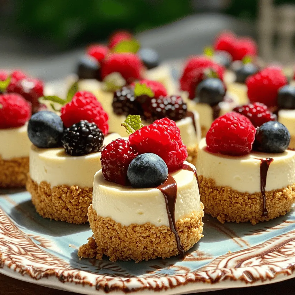 Let's dive into the ingredients for these delightful no-bake cheesecake bites. Each one plays a key role in making this dessert both tasty and easy to prepare. - 1 cup cream cheese, softened to room temperature - 1/2 cup creamy Greek yogurt - 1/3 cup powdered sugar - 1 teaspoon pure vanilla extract - 1/2 cup crushed graham crackers These essential ingredients create a rich and creamy base. Cream cheese gives it that classic cheesecake flavor. The Greek yogurt adds a nice tang and creaminess. Powdered sugar sweetens it just right, and vanilla extract enhances the overall taste. Crushed graham crackers provide a crunchy element that contrasts beautifully with the creamy filling. - 1/4 cup unsweetened cocoa powder (for a chocolate variant) - 1/4 cup mini chocolate chips - Fresh berries for topping Feel free to experiment with these optional ingredients! Adding cocoa powder turns these bites into a chocolate lover's dream. Mini chocolate chips bring extra sweetness and texture. Fresh berries make a lovely topping. They not only add color but also a fruity burst with each bite. If you need to make substitutions, there are plenty of options. You can use low-fat cream cheese for a lighter version. Dairy-free cream cheese works well for a vegan treat. For a healthier twist, try using honey or maple syrup in place of powdered sugar. You can also swap in almond flour for crushed graham crackers for a gluten-free option. These easy swaps keep the flavors intact while catering to different diets. Explore these choices to make this dessert your own! For the full recipe, refer to the [Full Recipe]. Start by gathering your ingredients. You need cream cheese, Greek yogurt, powdered sugar, and vanilla extract. You can also use crushed graham crackers and mini chocolate chips if you like. 1. Take a medium bowl. Add the softened cream cheese and Greek yogurt. 2. Use an electric mixer to beat the mixture. Mix until it is smooth and creamy. 3. Next, add the powdered sugar and vanilla extract. Keep mixing until everything blends well. 4. If you want chocolate bites, add cocoa powder now. Mix until it is fully combined. Mixing is key for a great texture. Make sure your cream cheese is soft. This helps to avoid lumps. If you want a thicker bite, add more graham crackers. For creamier bites, add a bit more yogurt. - Mix on medium speed for the best results. - Stop to scrape the bowl sides. This ensures even mixing. Now you can shape the mixture into balls. Use your hands or a small cookie scoop. Aim for about 1 inch in size. 1. Place the balls on a parchment-lined baking sheet. 2. Leave space between them. This helps them not stick together. 3. Cover the sheet with plastic wrap. 4. Refrigerate for at least 2 hours. This will help them set nicely. Once chilled, top each bite with a fresh berry for color and flavor. You can find the full recipe in the earlier section. Enjoy your delicious no-bake cheesecake bites! To get a smooth and creamy texture, start with softened cream cheese. This helps blend it easily with the Greek yogurt. Use an electric mixer to mix these two ingredients well. Beat them until no lumps are left. Gradually add the powdered sugar and vanilla extract. Mix until everything is silky smooth. If you want a chocolate flavor, sift in cocoa powder last. This ensures even mixing and avoids clumps. Mistakes can happen, but they are easy to fix. First, do not skip softening the cream cheese. Cold cream cheese will not blend well. Second, measure your ingredients carefully. Too much powdered sugar can make it overly sweet. Lastly, don’t rush the chilling process. Letting the bites chill for at least 2 hours will help them set properly. This step is key for a great texture. Presentation makes a big difference. Arrange your cheesecake bites on a pretty platter. Garnish them with fresh berries for color and taste. A light dusting of powdered sugar on top adds elegance. You can also use mini cupcake liners for individual servings. This adds a fun touch and makes them easy to grab. For the full recipe, check out the detailed steps and variations! {{image_4}} You can make no-bake cheesecake bites in many fun ways. Each variation adds a unique twist to this easy dessert treat. For a rich chocolate version, simply add cocoa powder. You need 1/4 cup for a deep flavor. Mix it in with the cream cheese and yogurt. If you want extra sweetness, fold in mini chocolate chips. These bites will be a chocolate lover's dream. Serve them with a drizzle of chocolate sauce for added flair. Fruit can add a fresh taste to your cheesecake bites. You can use berries, mango, or even peaches. Just fold in a cup of your chosen fruit into the cream cheese mixture. For a lovely touch, top each bite with a fresh berry. This not only looks good but also tastes amazing. You can even blend some fruit into the yogurt for added flavor. If you want a healthier treat, use lower sugar options. Substitute powdered sugar with a natural sweetener, like stevia or monk fruit. You can also use dairy-free cream cheese and yogurt for a vegan version. This way, you can enjoy the bites without the extra calories. They’ll still taste great while fitting your diet needs. These variations make no-bake cheesecake bites fun and exciting. Explore different flavors and have fun in your kitchen. You can find the full recipe to get started on these delightful treats. To keep your no-bake cheesecake bites fresh, store them in an airtight container. Place a layer of parchment paper between layers to avoid sticking. Make sure to keep them in the fridge. This keeps them cool and yummy. You can freeze these cheesecake bites. First, place them on a baking sheet lined with parchment paper. Freeze them for about 1 hour until firm. Then, move the bites to a freezer-safe bag or container. They can last up to 2 months in the freezer. When you want to enjoy them, just thaw them in the fridge overnight. These cheesecake bites stay fresh for about 5 days in the fridge. After that, they may lose their taste and texture. For the best quality, eat them within this time. If you notice any changes in smell or appearance, it’s best to toss them. Enjoy these treats while they are at their best! For the full recipe, check the earlier section to make sure you have everything you need. Yes, you can use low-fat cream cheese. It will change the flavor a bit. The texture might be less rich, but your cheesecake bites will still taste good. Just ensure that it is softened well before mixing. This helps keep the mixture smooth. The cheesecake bites need to set for at least 2 hours. This time helps them firm up nicely. If you want them extra cold and firm, you can leave them in the fridge longer. Just remember to cover them well so they don’t dry out. Absolutely! You can make these bites up to two days in advance. Just store them in the fridge in an airtight container. This makes them a great treat for parties or gatherings. They taste fresh and delicious when you’re ready to serve them. For the full recipe, check out the detailed instructions and enjoy making these delightful bites! You learned about making no-bake cheesecake bites using key ingredients and tips. We covered optional ingredients for customizing flavors and dietary needs. I shared methods for perfecting texture and avoiding mistakes. These cheesecake bites are easy, fun, and great for any occasion. Enjoy experimenting with flavors and presentations. Your friends will love these treats, and you will feel proud!